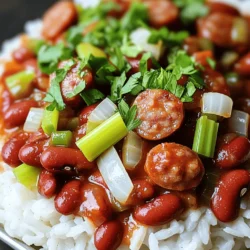 - 1 cup dried red beans (or two cans, rinsed and drained) - 1 medium onion, diced - 1 green bell pepper, diced - 2 celery stalks, diced - 3 cloves garlic, minced - 1 smoked sausage (e.g., andouille or kielbasa), sliced - 3 cups vegetable or chicken broth - 2 teaspoons Cajun seasoning - 1 teaspoon dried thyme - 1 bay leaf - Salt and pepper to taste - 2 cups cooked white rice - 2 tablespoons olive oil - Optional: chopped green onions and parsley for garnish When I cook red beans and rice, I always choose the best ingredients. Dried red beans give a rich taste. They also add a creamy texture as they cook. If you use canned beans, they save time. Rinsing them helps reduce sodium. For the sausage, I prefer andouille for its smoky flavor. You can also try kielbasa or even turkey sausage for a lighter option. The "holy trinity" of onion, bell pepper, and celery is key in Cajun cooking. It builds a strong flavor base. Fresh garlic adds a punch. Using low-sodium broth helps control salt levels. For spices, Cajun seasoning brings warmth and zest. Dried thyme adds earthiness. If you want to change the recipe, there are easy swaps. You can use lentils instead of red beans for a different taste. For a vegetarian option, skip the sausage and add more veggies or plant-based protein. Quinoa or brown rice works well instead of white rice. If you don't have Cajun seasoning, mix paprika, cumin, and black pepper for a similar flavor. You can also use fresh herbs like parsley or cilantro for garnish. Each swap keeps the dish tasty while allowing you to personalize it. For the full recipe, check out the details above! You can choose dried or canned red beans for this dish. If you pick dried beans, rinse them well and soak them overnight. This helps them cook better and become tender. Once soaked, drain the beans and set them aside. If you go for canned beans, just rinse and drain them. They save you time, but the flavor is still great. Start by heating olive oil in a large pot over medium heat. Add diced onion, green bell pepper, and celery. This mix is called the holy trinity in Cajun cooking. Sauté these veggies for about 5 to 7 minutes, until they soften. Next, stir in minced garlic and sliced smoked sausage. Cook for 3 to 4 minutes until the garlic smells great. Now, it’s time to add the beans. Whether you use soaked or canned beans, toss them in. Pour in the broth, then add Cajun seasoning, thyme, bay leaf, and salt and pepper. Mix everything well. Bring the pot to a boil, then lower the heat to let it simmer. If you use dried beans, let it cook for about 1.5 to 2 hours. For canned beans, 30 minutes will do. Stir it occasionally. If the mix looks too thick, add some broth or water to loosen it up. Once cooked, remove the bay leaf. Serve the spicy beans over a nice scoop of cooked white rice. For a fresh touch, top with chopped green onions and parsley. You can find the full recipe for more details. Timing is key when cooking beans. Dried beans need more time to soften, while canned beans are quick. Always keep an eye on the heat. A gentle simmer works best. If it boils too hard, the beans can break apart. Use a timer to keep track of cooking times. This way, you won't overcook or undercook your beans. Enjoy the process and have fun with it! To make great red beans and rice, start by soaking dried beans overnight. This helps them cook evenly. If you use canned beans, rinse them well to cut some sodium. Use a good Cajun seasoning blend. It adds depth and flavor. Don't rush the cooking time; let the dish simmer to build taste. Stir the pot every now and then to keep the beans from sticking. Serve the dish over warm, fluffy rice for the best experience. You can find the full recipe above. One common mistake is not soaking dried beans. This can lead to tough beans. Another is using too little broth. Beans need enough liquid to cook well. Also, don’t skip the bay leaf. It adds a nice aroma. Lastly, don’t forget to taste as you go. Adjust the salt and pepper to your liking. Serve your red beans and rice with a side of cornbread for a comforting meal. You can also top it with chopped green onions or fresh parsley. For extra zest, add hot sauce for those who like spice. If you have leftovers, try them in a burrito or on a salad. Enjoy your delicious meal! {{image_2}} You can make a tasty vegetarian version of red beans and rice. Just skip the sausage and use more beans or veggies. Use extra garlic and spices to boost flavor. I like to add mushrooms and carrots for texture. They bring a nice earthiness to the dish. You can also use vegetable broth instead of chicken broth. This keeps it rich and hearty without meat. For a kick, try using spicy andouille or kielbasa. They add a nice depth to the dish. Slice the sausage and cook it with the veggies. This infuses the beans with flavor. If you want it even spicier, add cayenne pepper or hot sauce. Adjust the heat to your taste. You can also use smoked sausage for that rich, smoky flavor. Want to add a southern twist? Try adding extra ingredients like diced tomatoes or corn. Tomatoes add a slight sweetness, while corn gives a nice crunch. You can also toss in some greens, like spinach or kale, for added nutrition. They cook down well and blend into the dish. Don't forget to serve it with cornbread for an authentic southern meal. You can find the full recipe above to try these variations! After you enjoy your meal, let the red beans and rice cool down. Place them in an airtight container. Store them in the fridge for up to four days. I recommend you label the container with the date. This way, you’ll know when to eat it. You can freeze red beans and rice for later. Just make sure they are cool. Use a freezer-safe container or a heavy-duty freezer bag. Squeeze out any air before sealing. This dish can last for about three months in the freezer. When you're ready, thaw it in the fridge overnight before reheating. To reheat, you have several options. You can use a microwave or a stovetop. For the microwave, warm it in short bursts, stirring in between. If you choose the stovetop, add a splash of broth to keep it moist. Heat it slowly over medium-low heat, stirring until hot. Enjoy your tasty leftovers just like the first time! Red beans and rice come from Louisiana. This dish has roots in Creole and Cajun cooking. It became popular in New Orleans. Many families made this dish on Mondays. They used leftover meat from Sunday dinners. The red beans cook slowly with spices, making a rich flavor. Now, people enjoy it across the U.S. Yes, you can make red beans and rice in a slow cooker. This method makes it easy and hands-off. First, sauté your veggies in a pan. Then, add them to the slow cooker. Include the beans, broth, and spices. Set it on low for 6 to 8 hours. This way, the beans will be soft and tasty. To adjust the spice level, start with less Cajun seasoning. You can always add more later. If you like it mild, skip the hot sausage. For a kick, add cayenne pepper or hot sauce. Taste as you go to find your perfect heat. Enjoy customizing this dish to your taste! Check out the [Full Recipe] for more tips and details on making this fantastic dish. You learned about key ingredients and how to choose the best ones. We discussed cooking methods for dried and canned beans. I shared tips to avoid common mistakes and offered serving ideas. Variations let you mix things up, too. Lastly, I covered storage and reheating for leftovers. Red beans and rice is flexible and filling. With these steps, you can create a dish that suits your taste. Enjoy your cooking adventure!