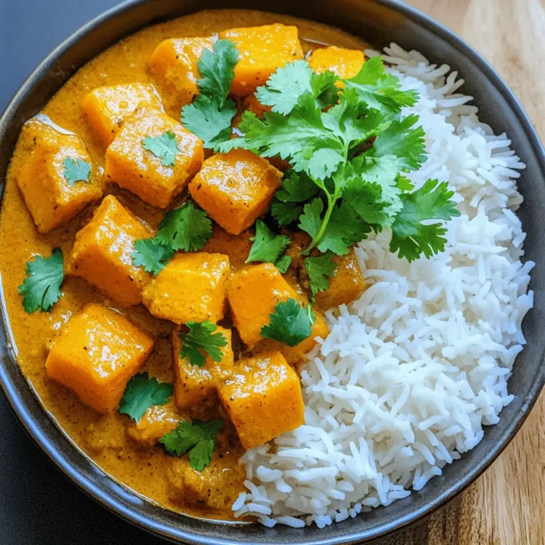 To make a tasty Indian pumpkin curry, you will need the following ingredients: - 2 cups pumpkin, peeled and cubed - 1 medium onion, finely chopped - 2 tomatoes, pureed - 1 tablespoon ginger-garlic paste - 1 green chili, slit - 1 teaspoon cumin seeds - 1 teaspoon mustard seeds - 1 teaspoon garam masala - 1 teaspoon turmeric powder - 1 teaspoon coriander powder - 1/2 teaspoon red chili powder (adjust to spice preference) - 1 cup coconut milk - 2 tablespoons vegetable oil - Fresh cilantro leaves for garnish - Salt to taste You can swap some ingredients to suit your needs. If you want a different flavor, try these: - Use butternut squash instead of pumpkin for a sweeter taste. - For a dairy-free option, use almond or soy milk instead of coconut milk. - If you dislike heat, leave out the green chili or use a mild pepper. Accurate measuring is key for great results. Here’s how to measure: - When measuring pumpkin, make sure to pack it lightly in the cup. - Use a scale for spices to ensure you get the right amount. - Remember, little changes in spice can greatly affect the taste. Measuring correctly helps create a balanced flavor in your curry, making it a dish you will love to share. For the full recipe, check the links above. To start, we need to prep the pumpkin and chop the onions. - Prepping the pumpkin: Take 2 cups of pumpkin, peel it, and cube it into bite-sized pieces. This helps the pumpkin cook evenly. - Chopping the onions: Grab 1 medium onion and finely chop it. The finer the chop, the better the flavor. Next, we make the tomato puree. - Making the tomato puree: Blend 2 ripe tomatoes until smooth. This puree will add richness to our curry. Now it's time to cook! - Heating oil and cooking spices: In a large pot, heat 2 tablespoons of vegetable oil over medium heat. Once hot, add 1 teaspoon of cumin seeds and 1 teaspoon of mustard seeds. Cook until they start to sputter. This releases their flavors. - Adding ingredients in order: Next, add the chopped onions and 1 slit green chili. Cook until the onions are golden brown. Then, mix in 1 tablespoon of ginger-garlic paste and cook for 2 minutes. Add your tomato puree along with 1 teaspoon of turmeric powder, 1 teaspoon of coriander powder, and 1/2 teaspoon of red chili powder. Cook until the oil separates, about 5-7 minutes. After this, it’s time for the pumpkin! To achieve the perfect texture, we need to simmer the curry. - How to achieve the perfect texture: Toss in the cubed pumpkin and sauté for another 2-3 minutes. Then, pour in 1 cup of coconut milk and add salt to taste. Stir well and cover the pot. Let it simmer on low heat for 15-20 minutes. Stir occasionally to stop sticking. - Final additions before serving: Once the pumpkin is soft, sprinkle in 1 teaspoon of garam masala. Adjust salt if needed and let it cook for another 2 minutes. Garnish with fresh cilantro leaves for a beautiful touch! This simple process brings out all the flavors in your Indian pumpkin curry. For more details, check out the Full Recipe. To sauté onions and spices well, start with hot oil. Use medium heat and add the cumin and mustard seeds first. Let them pop for flavor. Then, add finely chopped onions. Cook until they turn golden brown. This step brings out their sweetness. When cooking pumpkin, keep it tender but not mushy. Cut your pumpkin into even cubes. This way, they cook at the same rate. Stir gently when adding spices and coconut milk. Avoid stirring too much to keep the cubes intact. You can add more spices to change the flavor. Consider adding cinnamon or cardamom for warmth. If you like heat, toss in more chili powder. Each spice brings a unique taste, so feel free to experiment. For sides, serve the curry with steamed basmati rice or fluffy naan. Both pair well with the creamy sauce. You can also add a fresh salad or a tangy yogurt dip to balance the flavors. Serve the curry in deep bowls for a cozy feel. Use colorful bowls to make the dish pop. You can add a sprinkle of fresh cilantro on top for a touch of green and freshness. For a fun touch, serve with slices of lime or lemon. This adds a zesty kick. You can also offer naan on the side for dipping. These little touches make your meal look and taste special. For the full recipe, check the [Full Recipe]. {{image_2}} You can switch the pumpkin for sweet potatoes or butternut squash. Both choices add a sweet touch. If you want to change the flavor of the curry, try different types of coconut milk. For a richer taste, use full-fat coconut milk. For a lighter option, go for light coconut milk. To adjust the spice level, you can make it milder or spicier. If you prefer mild, use less red chili powder. You can also skip the green chili. For more heat, add more red chili powder or a chopped jalapeño. Try using cayenne pepper for an extra kick. This recipe is naturally vegan, as it uses coconut milk and no animal products. To keep it gluten-free, make sure to check all spice labels. Some spice blends may contain gluten. Use fresh spices where possible for the best flavor. You can also pair it with gluten-free rice or naan for a complete meal. To keep your Indian pumpkin curry fresh, follow these tips: - Place the curry in an airtight container. - Let it cool to room temperature before sealing. - Store it in the fridge for up to 3 days. This method keeps the flavors intact and the pumpkin tender. If you want to save the curry for later, freezing is a great option: - Use a freezer-safe container or a heavy-duty freezer bag. - Leave space at the top for expansion. - Freeze the curry for up to 3 months. When you are ready to eat, thaw in the fridge overnight. To reheat your curry without losing flavor, try these methods: - Use the stove on low heat for even warming. - Add a splash of coconut milk or water to keep it creamy. - Stir often to prevent sticking. Avoid using high heat, as this can overcook the pumpkin. Enjoy each bite just like the first! How long does it take to cook pumpkin? It usually takes about 15 to 20 minutes to cook pumpkin. You want it tender but not mushy. The cooking time may vary based on the size of the pumpkin cubes. Smaller pieces cook faster, while larger ones take a bit longer. Can I use canned pumpkin? Yes, you can use canned pumpkin. It saves time since it's already cooked. Just reduce the cooking time to about 5 to 10 minutes. This way, it heats through and absorbs the flavors. Can I make this recipe without coconut milk? You can skip coconut milk if you prefer. Use vegetable broth or water instead. The curry will still taste great, but it will lack that creamy texture. You can also add cashew cream for richness. How can I make this curry in a slow cooker? To make this curry in a slow cooker, follow these steps: - Sauté the onions, spices, and ginger-garlic paste in a pan first. - Then add all the ingredients, including pumpkin, to the slow cooker. - Set it on low for 4 to 6 hours or high for 2 to 3 hours. What to serve with Indian pumpkin curry? Serve Indian pumpkin curry with steamed basmati rice or warm naan. The rice soaks up the sauce well, while naan is great for dipping. Best accompaniments for this dish? Pair the curry with a side of yogurt or a cucumber salad. These cool sides balance the spices and add freshness. A sprinkle of cilantro on top adds color and flavor, too! This blog post shared how to make a tasty pumpkin curry. We covered ingredients, substitutes, and measuring tips. I provided step-by-step instructions for preparing, cooking, and finishing the dish. You learned cooking techniques and ways to enhance flavors. We explored variations for dietary needs and storage tips for leftovers. In closing, I encourage you to try this recipe and make it your own. Enjoy the rich flavors and share it with others!