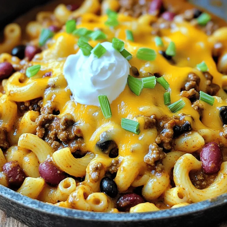 - 1 tablespoon olive oil - 1 medium onion, diced - 2 cloves garlic, minced - 1 pound ground beef or turkey - 1 can (15 ounces) kidney beans, rinsed and drained - 1 can (15 ounces) black beans, rinsed and drained - 1 can (14.5 ounces) diced tomatoes, undrained - 2 tablespoons chili powder - 1 teaspoon cumin - 1 teaspoon smoked paprika - Salt and pepper to taste - 2 cups elbow macaroni - 3 cups vegetable broth - 1 cup shredded cheddar cheese - 1/2 cup sour cream (optional, for topping) - Chopped green onions (for garnish) When cooking Skillet Chili Mac, you want to gather the right ingredients. Fresh and quality items make a big difference. A good base starts with olive oil and onions. The oil helps cook the onions and adds flavor. Garlic brings a nice aroma when added next. For protein, I often choose ground beef or turkey. Both work well. Beans add texture and fiber, so I use kidney and black beans. Diced tomatoes add moisture and taste. The spices—chili powder, cumin, and smoked paprika—create that rich chili flavor. Don't forget the elbow macaroni! It absorbs the broth and blends with other flavors. The vegetable broth keeps everything moist. Lastly, cheese adds creaminess, and sour cream on top makes it even better. Chopped green onions finish the dish with a fresh touch. You can find the full recipe in the other sections. This dish is simple and fun to make. It’s perfect for family meals! - Heat 1 tablespoon of olive oil in a large skillet over medium heat. - Sauté 1 medium diced onion until it turns soft and clear, about 5 minutes. - Add 2 cloves of minced garlic and cook for another minute until you smell the garlic. - Add 1 pound of ground beef or turkey to the skillet. - Cook until the meat is brown and fully cooked, about 6-8 minutes. - Stir in 1 can of kidney beans, 1 can of black beans, and 1 can of diced tomatoes, undrained. - Mix in 2 tablespoons of chili powder, 1 teaspoon of cumin, 1 teaspoon of smoked paprika, plus salt and pepper to taste. - Pour in 2 cups of elbow macaroni and 3 cups of vegetable broth. - Bring the mixture to a boil, then reduce the heat to low. - Cover and let it simmer for 10-12 minutes, stirring often, until the macaroni is tender. - Remove from heat and stir in 1 cup of shredded cheddar cheese until it melts nicely. This dish is perfect for family dinners and offers warmth and flavor in every bite. For more details, check the Full Recipe. To make a great Skillet Chili Mac, start with quality ground meat. Beef or turkey adds rich flavor. You can also mix meats for a fun twist. Adjust spices to fit your heat level. If you like it spicy, add more chili powder or even jalapeños. Experiment with flavors until it’s just right for you. Stir the dish occasionally while it cooks. This keeps it from sticking to the skillet. If your chili mac turns out too thick, just add more broth. This will make it creamy and delicious. You want a nice balance of pasta and sauce. Serve your Skillet Chili Mac right away for the best texture. It tastes best hot and fresh. A side salad or cornbread pairs well with the dish. These sides add crunch and contrast to the creamy mac. Enjoy your meal with family and friends! For the full recipe, check the recipe section above. {{image_2}} You can switch up the meat in your Skillet Chili Mac. Ground turkey or chicken works just as well. They offer a lighter taste while still giving you protein. If you want a vegetarian option, try adding more beans. You can use black beans and kidney beans together. Skip the meat entirely and still enjoy a hearty meal. If you like heat, add some chopped jalapeños. They give a nice kick to the dish. You can also use a spicy chili powder blend. This will elevate the flavor and make it more exciting. Adjust the amount based on your spice tolerance. Not a fan of elbow macaroni? You can swap it for gluten-free pasta. This makes the dish friendly for gluten-free diets. You can also use different pasta shapes. Try penne, shells, or fusilli for fun textures. Each type brings a new twist to the dish. For the full recipe, check out the Cheesy Skillet Chili Mac details. After enjoying your Skillet Chili Mac, store leftovers in an airtight container. This will keep your meal fresh. It can last up to 3-4 days in the fridge. Be sure to let it cool down before sealing the container. If you want to save some for later, freeze it in meal-sized portions. Use freezer-safe containers or bags to prevent freezer burn. It can be frozen for up to 3 months. When you're ready to eat, just thaw it overnight in the fridge. Reheat your Skillet Chili Mac on the stovetop or in the microwave. If it looks too dry, add a splash of broth when reheating. This keeps the dish moist and delicious. Enjoy your easy and tasty meal! Yes, it reheats well for easy meal prep. You can make this dish a day or two in advance. Just store it in an airtight container in the fridge. When you're ready to eat, simply reheat it on the stove or in the microwave. Adding a little broth helps keep it moist. Any small pasta like shells or penne works great. If you want a fun shape, feel free to use rotini or farfalle. Just remember to adjust the cooking time based on the pasta you choose. To make it gluten-free, use gluten-free pasta and check all canned goods for gluten content. Many canned beans and tomatoes are gluten-free, but it's good to double-check. This way, everyone can enjoy this comforting meal! This blog post covered all you need to know about making Skillet Chili Mac. We looked at the key ingredients, step-by-step cooking, and helpful tips to perfect the dish. You're ready to create a tasty meal that your family will love. Don't forget to explore variations and serving suggestions for added fun. With this guide, you can enjoy a hearty meal today or prep some for later. Dive in and make your next dinner special!