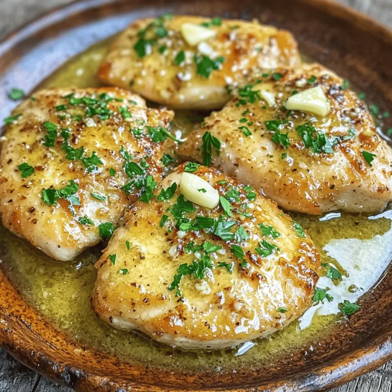 To make Garlic Butter Chicken, gather these simple and fresh ingredients: - 4 boneless, skinless chicken breasts - 4 tablespoons unsalted butter - 6 cloves garlic, minced - 1 teaspoon dried thyme - 1 teaspoon dried oregano - 1 teaspoon paprika - Salt and pepper to taste - 1/2 cup chicken broth - 1 lemon, juiced - Fresh parsley, finely chopped (for garnish) Each ingredient plays a role in creating the rich and savory flavor of this dish. The chicken breasts serve as the protein base. Butter adds creaminess, while garlic delivers that bold aroma. The dried herbs bring depth and warmth. Chicken broth and lemon juice enhance the sauce's taste. Finally, parsley adds a bright touch, making your dish visually appealing. If you want to make it even better, you can adjust the seasoning to match your taste. For a twist, try adding a pinch of chili flakes for some heat or fresh herbs for a different aroma. This recipe is versatile, so feel free to experiment! For the full recipe, check out the detailed steps to bring this dish to life. First, you need to dry the chicken breasts. Use paper towels to pat them dry. This step helps the chicken sear well. Next, season both sides. Use salt, pepper, dried thyme, oregano, and paprika. The spices add a lot of flavor. You can adjust the amount based on your taste. For more zest, add a pinch of cayenne pepper. Get a large skillet and set it over medium-high heat. Melt 2 tablespoons of butter. When the butter is hot, add the seasoned chicken. Let it sear for about 5-6 minutes on each side. You want a golden brown color. Make sure the chicken is cooked through. The internal temperature should reach 165°F. Use a meat thermometer for accuracy. Once cooked, remove the chicken and set it aside. In the same skillet, add the rest of the butter. Once it melts, add minced garlic. Sauté the garlic for 1-2 minutes. You'll know it's ready when it smells amazing. Be careful not to burn the garlic. Burnt garlic can ruin the sauce. If it starts to brown too quickly, lower the heat. Now, it's time to deglaze the pan. Pour in the chicken broth and lemon juice. Scrape up any browned bits from the bottom. These bits are full of flavor. Let it simmer for 2-3 minutes. This helps thicken the sauce. Then, return the seared chicken to the skillet. Spoon the garlic butter sauce over it. Cook on low for an extra 2-3 minutes. This allows the chicken to soak in all the flavors. When ready to serve, plate the chicken. Drizzle any remaining garlic butter sauce over the top. It adds a nice touch. For a pop of color, garnish with chopped parsley. Pair this dish with rice or steamed veggies for a complete meal. A side salad also works well. Enjoy your Garlic Butter Chicken! For the full recipe, check out the rest of the article. Selecting the right chicken breasts is key. Look for fresh, plump, and pale chicken. Avoid any that have dark spots or an off smell. Fresh chicken ensures great flavor and texture. Adjusting seasoning is also important. I recommend tasting the sauce before serving. If you want more flavor, add a pinch of salt or some fresh herbs. You can also try adding a sprinkle of red pepper flakes for heat. One big mistake is overcooking the chicken. Chicken should be juicy and tender. Cook until it reaches 165°F (75°C). Use a meat thermometer for accuracy. It’s worth it! Another common issue is burning garlic. Garlic cooks quickly and can turn bitter. Always sauté it over medium heat and watch it closely. You want it fragrant, not burnt! To boost flavor, consider adding herbs like rosemary or basil. Fresh herbs can add brightness. You can also mix in some lemon zest for a fresh twist. For deglazing, try using white wine or apple cider vinegar instead of chicken broth. These options can add depth to your sauce. Each choice brings a unique flavor profile to the dish. If you want the full recipe, check out the [Full Recipe] for all the details. {{image_2}} You can boost the flavor of garlic butter chicken by adding vegetables. Good choices include: - Broccoli - Bell peppers - Asparagus - Spinach To add these, chop them into bite-sized pieces. Add them to the skillet after cooking the chicken for about 3-4 minutes. This way, they cook but stay crisp. Adjust cooking times based on the vegetable. For softer veggies, add them earlier. For firmer ones, like bell peppers, add them closer to the end. Fresh herbs can brighten your dish. Use them for a fresh taste. Try these combinations: - Thyme and rosemary - Basil and parsley - Oregano and sage If you use fresh herbs, add them at the end of cooking. This keeps their flavor strong. Dried herbs can go in earlier with the chicken. They need time to release their flavor. You can make garlic butter chicken fit many diets. For a gluten-free version, check the chicken broth. Some brands add gluten. Use a gluten-free broth. For a dairy-free option, swap butter with olive oil or vegan butter. The flavor will change, but it will still taste great. You can also use coconut oil for a different twist. For the full recipe, you can refer to the Garlic Butter Chicken Delight. To keep your garlic butter chicken fresh, cool it first. Place it in an airtight container. This helps keep out air and moisture. I recommend using glass or BPA-free plastic containers. Label the container with the date. This way, you can track how long it stays fresh. When reheating, aim for gentle heat to keep the chicken moist. The best method is on the stove. Add a splash of chicken broth to the pan. Cover it with a lid to trap steam. This keeps the chicken from drying out. If using the microwave, place the chicken on a microwave-safe plate. Cover it loosely with a damp paper towel. Heat in short bursts of 30 seconds, checking often. To freeze, let the chicken cool completely. Cut it into pieces for quicker thawing. Wrap each piece tightly in plastic wrap. Place the wrapped pieces in a freezer bag. Squeeze out as much air as you can. For thawing, move the chicken to the fridge overnight. Reheat it gently as mentioned before. This way, your garlic butter chicken stays tasty and tender. For the full recipe, check the section above. You can serve Garlic Butter Chicken with various sides. Here are some great options: - Steamed broccoli or green beans - Mashed potatoes or rice - A fresh garden salad - Roasted vegetables like carrots or zucchini - Crusty bread for dipping in the sauce These sides balance the rich flavors of the chicken. They add color and nutrition to your meal. To check if chicken is cooked, you should use a meat thermometer. The internal temperature should reach 165°F (75°C). This ensures the chicken is safe to eat. If you don’t have a thermometer, cut the chicken. The meat should be white, not pink. Juices should run clear, not red. Yes, you can make Garlic Butter Chicken ahead of time. Cook the chicken and store it in the fridge. It keeps well for up to three days. To enhance flavor, let it marinate in the sauce overnight. Reheat it gently on the stove or in the microwave before serving. You can change this recipe in many ways. Here are some ideas: - Use turkey or pork instead of chicken. - Try different herbs like rosemary or basil. - Swap lemon juice for lime juice for a twist. - Add a splash of white wine to the sauce for depth. These swaps can keep the dish exciting. Yes, you can adjust this recipe for special diets: - For gluten-free, use gluten-free broth and check labels on butter. - To make it dairy-free, replace butter with olive oil or a dairy-free substitute. - If you're on a low-carb diet, serve it with cauliflower rice instead of regular rice. These changes make the dish fit various dietary needs while keeping it delicious. In this post, we explored a delicious garlic butter chicken recipe. You learned about the key ingredients, step-by-step cooking methods, and tips for perfecting your dish. I shared ways to enhance flavors, avoid common mistakes, and suggested variations for different diets. Remember, cooking is about experimenting and enjoying your meal. Don't hesitate to try new elements and find what works best for you. You can create a fantastic meal that everyone will love. Happy cooking!