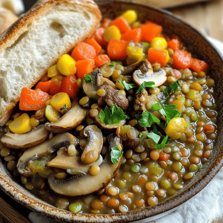 To make a delicious Hearty Vegan Lentil Mushroom Stew, you need fresh and tasty ingredients. Here’s what you will need: - 1 cup green or brown lentils, rinsed - 2 cups mushrooms (cremini or button), sliced - 1 medium onion, diced - 3 cloves garlic, minced - 2 carrots, chopped - 2 celery stalks, chopped - 1 zucchini, diced - 1 can (14 oz) diced tomatoes (with juice) - 4 cups vegetable broth - 1 tablespoon olive oil - 1 teaspoon dried thyme - 1 teaspoon smoked paprika - ½ teaspoon ground cumin - Salt and pepper to taste - Fresh parsley, chopped (for garnish) These ingredients work together to create a warm and hearty meal. Lentils are the star here, packed with protein and fiber. They give the stew its thickness and rich texture. The mushrooms add a savory depth, while the vegetables bring freshness and crunch. Using vegetable broth instead of water enhances the flavor. Smoked paprika and thyme provide a lovely aroma. As you cook, the scents will fill your kitchen and make your mouth water. This stew is not just filling; it’s also colorful and inviting. You can find the full recipe with instructions to bring this dish to life. Enjoy the process of cooking and savor the result! Making this hearty vegan lentil mushroom stew is simple and fun. You will cook the lentils with mushrooms and veggies in a big pot. This stew is packed with flavor and fills you up! - Step 1: Heating the Olive Oil Start by pouring one tablespoon of olive oil into a large pot. Heat it over medium heat. - Step 2: Sautéing the Aromatics Add one diced onion to the pot. Stir and cook for about five minutes until it turns soft and clear. Then, add three minced garlic cloves, two chopped carrots, and two chopped celery stalks. Cook these for another three to four minutes. - Step 3: Cooking the Mushrooms Now, it's time for two cups of sliced mushrooms. Toss them into the pot and cook until they let out their juices, about five to six minutes. This step brings out their rich flavor. - Step 4: Adding Remaining Ingredients Next, add one diced zucchini, one cup of rinsed lentils, and a can of diced tomatoes (with juice). Pour in four cups of vegetable broth. Sprinkle in one teaspoon of dried thyme, one teaspoon of smoked paprika, and half a teaspoon of ground cumin. Now, season with salt and pepper to taste. - Step 5: Simmering the Stew Bring your mixture to a boil. Once it boils, lower the heat. Cover the pot and let the stew simmer for about 30 to 35 minutes. Stir it occasionally, and check if the lentils are soft. - Step 6: Serving Instructions After the lentils are tender, turn off the heat. Let the stew sit for a few minutes. When you serve, garnish it with fresh parsley. This adds a nice touch and a burst of flavor. You can find the full recipe for this delicious dish above. Enjoy your warm bowl of goodness! How to Achieve the Best Flavor To get the best flavor, use fresh herbs. They bring a bright taste. Smoked paprika adds depth. Remember to sauté onion and garlic first. This step builds a strong flavor base. Ensuring Proper Consistency The right stew should be thick but not dry. If it gets too thick, add more broth. Stir the stew often while it cooks. This helps all the flavors blend well. Common Mistakes to Avoid Don’t rush the cooking time. Lentils take time to soften. Skipping the sauté step can lead to bland stew. Always season as you go. Taste it before serving. Alternative Base Ingredients If you don’t have lentils, try chickpeas or beans. They add protein and fiber. For the broth, you can use water with seasonings. This still keeps the dish tasty. Vegan Additions for Extra Nutrition Add spinach or kale for extra vitamins. You can also include quinoa or farro for more texture. These options boost the nutrition without losing flavor. For the Full Recipe, check the details in the recipe section. {{image_2}} Adding Spices for Extra Heat If you want to spice up your stew, add red pepper flakes or cayenne pepper. Both will bring a nice kick. Start with a small pinch. You can always add more if you like it hotter. Incorporating Other Vegetables Feel free to mix in your favorite veggies. Sweet potatoes, bell peppers, or green beans work well. They add flavor and nutrients too. Just chop them up and add them to the pot when you add the other ingredients. Gluten-Free Options This stew is naturally gluten-free. Just make sure your broth does not contain gluten. Most vegetable broths are safe, but check the labels. High-Protein Variations Want more protein? Add some quinoa or chickpeas. Both are great choices. Quinoa cooks quickly and adds nutty flavor. Chickpeas give a hearty texture. Mix them in during the last few minutes of cooking. You can find the full recipe for more details on how to prepare this dish. To keep your Hearty Vegan Lentil Mushroom Stew fresh, use the right containers. Glass containers with airtight lids work best. They help prevent spills and keep out air. You can also use BPA-free plastic containers. Make sure they are safe for heat. Before you pack the stew, let it cool down. This helps avoid condensation, which can make the stew watery. Pour the stew into the container and seal it tight. Leave a little space at the top. This allows for some expansion when you freeze it. When you're ready to eat your stew, you can reheat it easily. The best methods are on the stove or in the microwave. For the stove, pour the stew into a pot. Heat it on medium, stirring often. This helps it warm evenly. If you use the microwave, transfer the stew to a microwave-safe bowl. Cover it with a microwave-safe lid or wrap. Heat in short bursts, stirring in between. This prevents hot spots. To refresh your leftovers, add a splash of vegetable broth or water. This helps bring back the creamy texture. Stir well and heat again until it is warm. Enjoy your stew just like fresh! Can I use different types of lentils? Yes, you can use different lentils. Green, brown, or even red lentils work well. Just note that red lentils cook faster and may break down more than green or brown lentils. How long does the stew last in the fridge? This stew stays fresh in the fridge for about 4 to 5 days. Make sure to store it in an airtight container to keep it tasting great. Is this stew freezer-friendly? Absolutely! You can freeze this stew. It keeps well for up to 3 months. Just let it cool completely before putting it in freezer-safe bags or containers. Can I make this stew in a slow cooker? Yes, you can! Just sauté the onions and garlic first, then add all the ingredients to the slow cooker. Cook on low for 6 to 8 hours or on high for 3 to 4 hours. This method yields a rich flavor too. For the full recipe, check out the details shared earlier. This blog post covered how to make a hearty vegan lentil mushroom stew. We discussed the key ingredients, step-by-step cooking instructions, and tips to perfect your dish. You can add variations to suit your taste and dietary needs. Storing and reheating the stew offers convenience for busy days. In summary, this stew is nutritious and easy to make. Enjoy this tasty recipe that you can share with friends and family. It’s a comforting meal for any occasion.