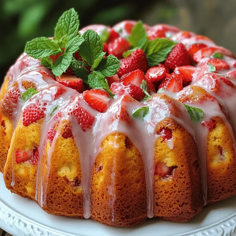 To make Strawberry Bundt Cake Bliss, gather these key ingredients: - 2 cups all-purpose flour - 1 teaspoon baking powder - 1/2 teaspoon baking soda - 1/4 teaspoon salt - 1/2 cup unsalted butter, softened - 1 cup granulated sugar - 2 large eggs - 1 teaspoon vanilla extract - 1/2 cup buttermilk - 1 1/2 cups fresh strawberries, hulled and diced - 1/2 cup powdered sugar (for glaze) - 2 tablespoons milk (for glaze) - Fresh strawberries for garnish These ingredients combine to create a soft, moist cake. The strawberries add a burst of flavor and color. You can swap out some ingredients if needed: - Use whole wheat flour for a healthier option. - Swap buttermilk with plain yogurt or milk mixed with lemon juice. - Replace unsalted butter with coconut oil for a dairy-free version. - If you lack fresh strawberries, try frozen ones but thaw and drain them first. These substitutions keep the cake delicious while catering to dietary needs. Choosing the right strawberries makes a big difference. Look for: - Bright red color with no white or green spots. - Firmness; they should not be soft or mushy. - A sweet aroma; this indicates ripeness. When you find good strawberries, they enhance the cake's taste. Always wash them gently and remove the green tops before dicing. For more details on making this delightful cake, check the Full Recipe. Start by preheating your oven to 350°F (175°C). Greasing the bundt pan is key. Use cooking spray or softened butter to coat every inch. This step helps the cake slide out easily after baking. Make sure you cover the center tube well. A well-greased pan leads to a perfect cake shape. In a medium bowl, whisk together the flour, baking powder, baking soda, and salt. This mix is your dry ingredients. In a large bowl, beat the softened butter and granulated sugar until light and fluffy, which takes about 3-4 minutes. Add the eggs one at a time, mixing well after each. Stir in the vanilla extract. Gradually add the dry mix to the wet mix, alternating with the buttermilk. Start and end with the flour mix. Mix until just combined; don’t overmix. Finally, gently fold in the diced strawberries. This makes your batter colorful and tasty. Pour the batter into your prepared bundt pan. Smooth the top with a spatula. Bake for 45-50 minutes. To check if it’s done, insert a toothpick into the center. If it comes out clean, it’s ready! Remove the cake from the oven and let it cool in the pan for 10-15 minutes. Then, carefully invert it onto a wire rack to cool completely. While the cake cools, whisk together the powdered sugar and milk for the glaze. Once cooled, drizzle the glaze over the top and garnish with fresh strawberries. This adds a lovely touch to your dessert. For the full recipe, refer to the earlier section. To create a moist Strawberry Bundt Cake, use fresh ingredients. Fresh strawberries bring moisture and flavor. Don't overmix the batter; this helps keep it light. Combine your wet and dry ingredients gently. Also, consider using buttermilk. It adds a tender crumb and rich taste. If you want extra moisture, you can add a bit of sour cream. A good glaze makes your cake shine! Mix powdered sugar with milk until smooth. Drizzle it on the cooled cake, letting it flow down the sides. Use a spoon or squeeze bottle for control. For a fun twist, add a splash of vanilla to the glaze. This adds depth to the flavor. If you want a thicker glaze, just add more powdered sugar. Avoid these common pitfalls when baking your bundt cake. First, don't skip greasing the pan. A well-greased pan ensures the cake releases easily. Second, be careful not to overbake. This can lead to a dry cake. Check for doneness with a toothpick. Finally, let the cake cool in the pan briefly. This helps it set and makes it easier to turn out. For more detailed steps, check the Full Recipe! {{image_2}} You can turn the classic strawberry bundt cake into a chocolate delight. Start by adding cocoa powder to the dry mix. Replace a half cup of flour with cocoa powder. This gives your cake a rich chocolate flavor. You can also mix in chocolate chips for extra sweetness. The berries and chocolate blend perfectly. It’s a fun twist that makes every bite special. Making this cake vegan is simple. Use flax eggs instead of real eggs. Mix one tablespoon of ground flaxseed with three tablespoons of water. Let it sit for five minutes to thicken. You can also swap the butter for coconut oil or vegan butter. Replace buttermilk with almond milk mixed with lemon juice. This keeps the cake moist and tasty. You can still enjoy the same great flavors without animal products. You can play with flavors by adding other fruits. Blueberries or raspberries work well with strawberries. Toss a cup of your favorite fruit into the batter. This adds new tastes and colors. For a tropical vibe, try diced pineapple or mango. Each fruit gives a unique twist. So, feel free to experiment and find your favorite mix. Enjoy these variations for a cake that is always exciting. For the full recipe, check out the details above! To keep your strawberry bundt cake fresh, wrap it well. Use plastic wrap or foil. Store it at room temperature for up to three days. If you want to keep it longer, place it in the fridge. This way, it lasts up to a week. Make sure to let it cool completely before wrapping. Freezing your bundt cake is a great option. First, let it cool down fully. Then, wrap it in plastic wrap. After that, place it in a freezer-safe bag or container. Label it with the date. You can freeze it for up to three months. When you're ready to enjoy it, thaw it in the fridge overnight. To reheat your bundt cake, preheat your oven to 350°F (175°C). Remove the wrap and place the cake in the oven. Heat it for about 10 to 15 minutes. Check to see if it's warm in the middle. You can also use a microwave. Heat it for about 20 seconds on medium power. Enjoy your slice warm for a delightful treat! You can tell if the bundt cake is done by checking with a toothpick. Insert the toothpick into the center of the cake. If it comes out clean, the cake is ready. If it has wet batter on it, let the cake bake longer. It usually takes about 45 to 50 minutes. Keep an eye on it as it nears the end of baking. Yes, you can use frozen strawberries. Just remember to thaw and drain them first. This will help keep the batter from getting too wet. Frozen strawberries may not be as firm as fresh ones, but they will still add great flavor. You can serve this cake with whipped cream for a creamy touch. Fresh strawberries on the side add color and a fruity burst. A scoop of vanilla ice cream also pairs well. For an extra special touch, add mint leaves for freshness. You can find the Full Recipe for more tips on serving! You learned about making the perfect strawberry bundt cake. We covered ingredients, instructions, and helpful tips. You discovered yummy variations and how to store your cake. Remember, fresh ingredients make a big difference. Don't forget to try new flavors and avoid common mistakes. This cake can impress anyone and brighten your day. Enjoy your baking, and savor every bite of your delicious creation!