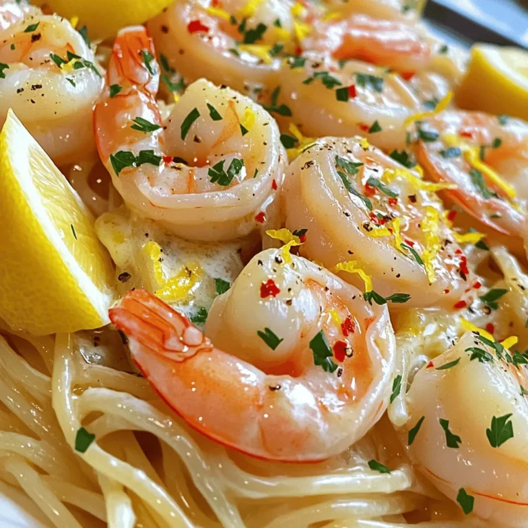 To make shrimp scampi, you need some key ingredients. Here’s what you will need: - 1 pound large shrimp, peeled and deveined - 8 ounces linguine or spaghetti - 4 tablespoons unsalted butter - 4 tablespoons olive oil - 4 cloves garlic, minced - 1 teaspoon red pepper flakes (adjust to taste) - 1 lemon, juiced and zested - 1/4 cup fresh parsley, finely chopped - Salt and pepper to taste - Lemon wedges for garnish These ingredients create a tasty dish. The shrimp gives it a fresh flavor. The garlic and red pepper add a nice kick. Want to take your dish to the next level? Here are some optional ingredients you could try: - White wine: Add 1/2 cup for a richer sauce. - Parmesan cheese: Grate some on top for creaminess. - Cherry tomatoes: Toss them in for color and sweetness. - Spinach: Add a handful for a healthy boost. These extras can boost your dish's flavor and look. Feel free to mix and match! If you can’t find something, don’t worry! Here are some easy swaps: - Shrimp: Use scallops or chicken if you prefer. - Pasta: Any long pasta works well, like fettuccine. - Olive oil: You can use vegetable oil or avocado oil. - Fresh parsley: Dried parsley can work too, just use less. These substitutes will help you create a delicious meal. Don't hesitate to get creative! For the full recipe, check out the entire guide. To start, fill a large pot with water. Add salt to make it taste like the sea. Bring the water to a boil. This step is key for great pasta. Once it boils, add 8 ounces of linguine or spaghetti. Cook according to the package instructions, usually about 8-10 minutes. You want it al dente, which means firm but not hard. Before draining, save 1 cup of pasta water. This water holds starch and flavor. Drain the pasta and set it aside. Next, grab a large skillet. Place it over medium heat. Add 2 tablespoons of butter and 2 tablespoons of olive oil. Let them melt together. Once hot, add 4 cloves of minced garlic and 1 teaspoon of red pepper flakes. Cook for about 1 minute. The garlic should smell great, but don’t burn it. Now, add the shrimp to the skillet. Season with salt and pepper. Cook for 2-3 minutes on each side. The shrimp will turn pink and opaque when done. Now it’s time to bring it all together. Lower the heat and add the remaining 2 tablespoons of butter, the lemon juice, and zest. Pour in the cooked pasta and half of the reserved pasta water. Toss everything together gently. This step ensures the pasta is coated with the sauce. If it seems too thick, add more pasta water as needed. Finish by stirring in 1/4 cup of chopped parsley. Taste and adjust seasoning if necessary. Serve hot, garnished with lemon wedges for that extra zing. For the full recipe, refer to the beginning. When picking shrimp, look for fresh or frozen shrimp. Fresh shrimp should smell like the sea, not fishy. I prefer large shrimp, as they hold up well when cooked. Choose shrimp that are firm and have a slight sheen. If buying frozen, check for clear packaging. Avoid shrimp with ice crystals, as this means they have been thawed and refrozen. Start with a hot skillet. This helps the shrimp sear quickly, locking in flavor. Use butter and olive oil for a rich taste. Garlic adds aroma, while lemon juice gives a fresh kick. Don’t forget the red pepper flakes for a bit of heat. Toss everything together for a few minutes to combine the flavors. If the sauce is too thick, add some pasta water. This adds flavor and helps the sauce cling to the pasta. One mistake is overcooking the shrimp. They cook fast, so only 2-3 minutes per side is best. Another common error is not seasoning enough. A pinch of salt and pepper enhances the dish. Avoid cooking the pasta too long; it should be al dente. Lastly, don’t skip the lemon juice. It brightens the dish and balances the rich flavors. For the full recipe, check out the complete guide. {{image_2}} You can make shrimp scampi creamy by adding dairy. Just mix in heavy cream or cream cheese. Start with half a cup of cream. Stir it in after you add the lemon juice and zest. This adds richness to your dish. The cream will balance the heat from the red pepper flakes. It makes the sauce silky and smooth. You can also sprinkle some Parmesan cheese on top. This takes the dish to another level. To make spicy shrimp scampi, just add more red pepper flakes. Start with one teaspoon and adjust to your taste. You can also add fresh chopped jalapeños for extra heat. Sauté them with the garlic for a bold flavor. If you like a smoky taste, try adding smoked paprika. This gives the dish a unique twist. Remember, always taste as you go. You can balance the heat with more lemon juice if it gets too spicy. If you want a vegetarian version, swap the shrimp for vegetables. Zucchini, bell peppers, and mushrooms work great. Sauté these veggies just like the shrimp. They will soak up the flavor from garlic and butter. You can also use tofu or chickpeas for protein. For a seafood taste, try seaweed or vegan shrimp alternatives. You can still use the same sauce and pasta. This allows you to enjoy the classic flavors without the shrimp. For the full recipe, check the [Full Recipe]. After enjoying your shrimp scampi, store leftovers right away. Let the dish cool to room temperature. Then, place it in an airtight container. This keeps the flavor fresh and prevents drying out. You can safely store shrimp scampi in the fridge for up to three days. Remember to label the container with the date, so you know when to eat it. When reheating shrimp scampi, aim for even warmth without overcooking. The best method is to use the stovetop. Heat a non-stick skillet on low. Add a splash of water or broth to keep it moist. Place the shrimp scampi in the skillet and stir gently until warmed through. This method helps maintain the dish's flavor and texture. Avoid the microwave, as it can make the shrimp tough. Freezing shrimp scampi is a great way to save it for later. First, cool the dish completely. Then, pack it in a freezer-safe container or bag. Be sure to remove as much air as possible. You can freeze shrimp scampi for up to three months. When ready to eat, thaw it in the fridge overnight. Reheat it gently on the stovetop for the best taste. To make shrimp scampi sauce, start with butter and olive oil. Heat them in a pan. Add minced garlic and red pepper flakes. Cook until the garlic smells nice. Then, squeeze in fresh lemon juice and zest for brightness. Mix in chopped parsley for color and flavor. This simple blend makes a rich sauce that pairs well with shrimp and pasta. Yes, you can make shrimp scampi ahead of time. Cook the shrimp and sauce, then store them separately from the pasta. Keep them in airtight containers in the fridge for up to two days. When you are ready to eat, heat the shrimp and sauce gently. Cook fresh pasta to serve with it. This keeps everything tasty and fresh. Shrimp scampi works well with many sides. Here are a few ideas: - Garlic bread: Perfect for soaking up the sauce. - Salad: A fresh green salad adds crunch. - Steamed veggies: Broccoli or asparagus adds color and nutrition. - Rice: A simple rice dish complements the flavors. These sides enhance your meal and keep it balanced. Shrimp scampi is a tasty dish that anyone can make. We covered key ingredients, cooking steps, and helpful tips. You learned how to choose the right shrimp and avoid common mistakes. Plus, you saw fun variations and storage tips. Now you can enjoy shrimp scampi anytime. Make it your own and impress your friends. Happy cooking!