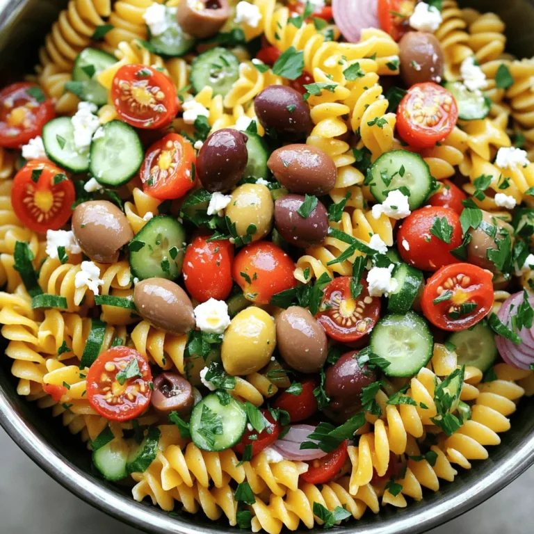- 8 oz. rotini or penne pasta - 1 cup cherry tomatoes, halved - 1 cucumber, diced - 1/2 red onion, finely chopped - 1/2 cup Kalamata olives, pitted and sliced - 1/2 cup feta cheese, crumbled - 1/4 cup fresh parsley, chopped - 1/4 cup olive oil - 2 tablespoons red wine vinegar (or apple cider vinegar) - 1 teaspoon dried oregano - Salt and pepper to taste - Grilled chicken or shrimp - Roasted bell peppers - Artichoke hearts When making Mediterranean Pasta Salad, focus on fresh, quality ingredients. Start with the pasta. I like using rotini or penne. These shapes hold the dressing well. Cook the pasta until it's al dente. This means it should still have a little bite. Next, add vibrant veggies. Cherry tomatoes add sweetness. Dice the cucumber for crunch. Finely chop the red onion for a bit of sharpness. Kalamata olives bring a salty, briny flavor. Crumbled feta cheese adds creaminess and tang. Finally, toss in fresh parsley for a pop of green. For the dressing, whisk together olive oil and red wine vinegar. You can also use apple cider vinegar if you prefer. Add dried oregano for a Mediterranean touch. Season with salt and pepper. This simple dressing brings everything together. If you want to add more protein, grilled chicken or shrimp works great. Roasted bell peppers or artichoke hearts can add extra flavor too. Check out the Full Recipe for exact measurements and tips. To cook the pasta al dente, start by boiling a large pot of salted water. Add 8 oz. of rotini or penne pasta. Follow the package instructions, usually around 8-10 minutes. You want it firm but not hard. Once done, drain the pasta in a colander. Rinse it under cold water to stop the cooking process. This cooling helps keep the pasta from getting mushy. In a large mixing bowl, combine the cooled pasta with these ingredients: - 1 cup cherry tomatoes, halved - 1 cucumber, diced - 1/2 red onion, finely chopped - 1/2 cup Kalamata olives, pitted and sliced - 1/2 cup feta cheese, crumbled - 1/4 cup fresh parsley, chopped Gently mix these items with the pasta. This ensures each bite has a bit of everything. It also makes the salad more colorful and fun. In a small bowl, whisk together: - 1/4 cup olive oil - 2 tablespoons red wine vinegar (or apple cider vinegar) - 1 teaspoon dried oregano - Salt and pepper to taste Make sure the dressing blends well. Taste a little and adjust the seasoning if needed. You can add more salt or vinegar based on your preference. Pour the dressing over the pasta salad and toss everything gently until well combined. Let it sit in the fridge for at least 15 minutes. This waiting time helps the flavors come together beautifully. For the full recipe, check the section above. To make your Mediterranean Pasta Salad pop, let the flavors meld. This means letting the salad sit after mixing. I suggest chilling it for at least 15 minutes. This helps the tastes blend well. The olive oil and vinegar will soak into the pasta and veggies. You will get a more robust flavor in every bite. One big mistake is overcooking the pasta. You want it al dente, or firm to the bite. Overcooked pasta turns mushy and soggy. Another common error is skipping the cold rinse. Rinsing pasta stops the cooking process and cools it down. This step is key to keeping your salad fresh and crunchy. For a stunning display, serve your salad in a large bowl or platter. This creates a vibrant centerpiece. You can garnish it with fresh parsley on top. Adding a few whole olives also enhances the look. These touches make your salad not just tasty but beautiful too. Check out the Full Recipe to get all the details. {{image_2}} You can add proteins for a heartier dish. Grilled chicken works well. Just chop it into bite-sized pieces. Shrimp is also a tasty option. Grill or sauté them until pink and cook through. For a vegetarian choice, try chickpeas or black beans. They add protein and flavor without meat. Seasonal vegetables make this salad fresh and exciting. In summer, add bell peppers or zucchini. They taste great when grilled or roasted. In winter, consider using roasted winter squash or Brussels sprouts. These will add warmth and texture to your dish. You can also add fresh herbs like basil in summer or thyme in winter. Dressings can change the flavor of your salad. Try a lemon-herb vinaigrette for a zesty kick. A balsamic dressing gives a sweet touch. You can also mix yogurt with herbs for a creamy option. These flavors work well with the olives and feta. Feel free to experiment and find what you love! To keep your Mediterranean Pasta Salad fresh, use airtight containers. Glass or plastic containers work well. Make sure the salad is cool before sealing it. This step helps lock in flavors and keeps the salad safe. If you want to store it longer, divide it into smaller portions. This makes it easier to grab a quick snack. Your salad will stay fresh for about 3 to 5 days in the fridge. After this time, the quality may drop. Look for signs of spoilage. If you see any mold or an off smell, throw it away. A slimy texture is another sign it's time to discard it. Always trust your senses when checking food. While this salad tastes great cold, you can enjoy it at room temperature too. If you want to reheat it, do so gently. Use a microwave for a quick warm-up, but be careful not to overheat. If you serve it cold, add a drizzle of olive oil or a splash of vinegar for a fresh boost. Enjoy it as a quick lunch or a side dish! I love using rotini or penne for this salad. These shapes hold the dressing well. Their curves and ridges trap flavors. You can also use fusilli for a fun twist. Just make sure it's a pasta that cooks al dente. This keeps the texture firm and enjoyable. Absolutely! Making the salad ahead of time is a great idea. The flavors blend better after some time in the fridge. I suggest letting it chill for at least 15 minutes. However, you can prepare it a day in advance. Just keep it in an airtight container. This keeps it fresh and tasty. Yes, you can make this salad gluten-free! Various brands offer gluten-free pasta options. Look for brown rice or chickpea pasta. These give you a great texture and flavor. You won't miss the wheat at all. Just check the packaging to ensure it fits your needs. For the full recipe, refer back to the ingredients and instructions. Enjoy your Mediterranean Pasta Salad! This Mediterranean Pasta Salad is a tasty mix of fresh veggies and pasta. We covered essential ingredients, step-by-step instructions, and handy tips for a perfect salad. Remember to chill it for the best flavor and avoid overcooking the pasta. With easy variations and storage tips, you can enjoy this dish anytime. Make it your own by adding proteins or switching dressings. Enjoy your flavorful creation and share it with friends! This salad is simple, fresh, and sure to please everyone.