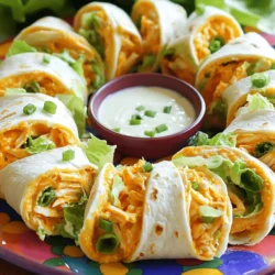 - 2 cups cooked chicken, shredded - 1/2 cup buffalo sauce - 1/2 cup cream cheese, softened - 1/2 cup shredded cheddar cheese - 1/4 cup green onions, finely chopped - 4 large flour tortillas - 1 cup lettuce, shredded - 1/4 cup ranch dressing (for dipping) These ingredients create a rich and tasty filling. First, you need cooked chicken. It can be grilled or boiled. Shred it into small pieces for easy mixing. Next, the buffalo sauce adds heat and flavor. Adjust the amount based on your spice level. Cream cheese gives a creamy texture. It blends well with the chicken. Cheddar cheese adds a nice sharpness. It also helps hold the roll-ups together. Green onions add freshness and crunch. Flour tortillas are perfect for wrapping. They are soft and flexible. Lettuce gives a nice crunch and freshness. Finally, ranch dressing is great for dipping. - Additional spices (like garlic powder or onion powder) - Different cheese varieties (like blue cheese or pepper jack) - Other vegetables (like diced tomatoes or bell peppers) Feel free to add spices for more flavor. Garlic powder gives depth, while onion powder adds sweetness. You can get creative with cheese too. Blue cheese offers a bold taste. Pepper jack brings extra heat. Adding other veggies can enhance texture and taste. Diced tomatoes add sweetness. Bell peppers add crunch and color. Mix and match these options to make the roll-ups your own. For the full recipe, check the details above. To make Buffalo Chicken Tortilla Roll-Ups, start by mixing the chicken and buffalo sauce. In a large bowl, add 2 cups of shredded chicken. Pour in 1/2 cup of buffalo sauce. Use a spoon to mix until the chicken is fully coated. This step is key for flavor. Next, combine the cheeses for the filling. Add 1/2 cup of softened cream cheese and 1/2 cup of shredded cheddar cheese to the bowl. Stir until the mix is creamy. This blend adds richness to your roll-ups. Now, prepare the tortillas for rolling. Lay a large flour tortilla flat on a cutting board. Spread a generous amount of the buffalo chicken mixture over the tortilla. Leave a small border around the edges. This will help keep the filling inside when you roll. For a tight roll, start at one edge and roll the tortilla carefully. Keep the filling snug inside as you roll. This helps keep everything together. Avoid overfilling the tortillas. Too much filling can cause spillage, making them hard to roll. To slice the roll-ups, use a sharp knife. Cut each roll into bite-sized pieces, about 1 to 2 inches thick. This makes them easy to eat. For plating, arrange the roll-ups on a colorful platter. You can garnish with whole green onions for a nice touch. Place a small bowl of ranch dressing in the center for dipping. It adds a fun element to your meal. Try making these Buffalo Chicken Tortilla Roll-Ups for a quick and tasty dinner. For the full recipe, check it out above! - Overfilling the tortillas: It’s easy to want to add more filling, but this can lead to a mess. A thin layer of filling is best. - Not rolling tightly: A loose roll means the filling spills out. Roll firmly to keep everything inside. - Marinating chicken in buffalo sauce before mixing: This step deepens the flavor. Let the chicken soak in the sauce for at least 30 minutes. - Serving suggestions for enhancing taste: Pair the roll-ups with ranch or blue cheese dressing. Add a side of fresh veggies for crunch. - Best knife for slicing: Use a sharp chef’s knife for clean cuts. A dull knife squishes the roll-ups. - Ideal mixing bowls for preparation: Choose a large, sturdy bowl. It helps mix the ingredients well without spilling. For the full recipe, check out the details above and get cooking! {{image_2}} You can kick up the heat in your roll-ups! Adding jalapeños gives a nice kick. Slice them thin and sprinkle them on top of the chicken mix. If you want even more heat, try using spicy ranch or blue cheese dressing. This adds a zesty flavor that pairs well with the buffalo sauce. If you want a lighter option, consider using low-fat cream cheese. It keeps the creamy texture while reducing calories. You can also swap regular flour tortillas for whole wheat or spinach tortillas. These options add fiber and nutrients, making your meal a bit healthier. Want to make it vegetarian? Substitute chicken with shredded carrots or tempeh. Both options absorb the buffalo sauce well and provide great texture. You can also explore alternative sauces. Try using barbecue sauce or a sweet chili sauce for a different flavor profile. Make sure to check the full recipe for more great ideas! Store your Buffalo Chicken Tortilla Roll-Ups in an airtight container. This keeps them fresh. Place a piece of parchment paper between layers to prevent sticking. They stay good in the fridge for about 3 days. After that, they may lose their flavor and texture. To freeze, wrap each roll-up in plastic wrap. Then, put them in a freezer bag. Make sure to remove as much air as you can. They can last for up to 2 months in the freezer. When you’re ready to eat, thaw them in the fridge overnight. To make your roll-ups crispy again, place them in a hot oven for a few minutes. This revives their crunch. Pair them with ranch dressing or any favorite sauce for dipping. You can also try buffalo sauce for an extra kick. Enjoy your tasty treat! You can prepare these roll-ups a few hours early. First, make the filling as directed. Then, spread it on the tortillas. Roll them up tightly, but do not slice. Wrap each roll in plastic wrap. Store in the fridge until you are ready to serve. This keeps them fresh and easy to slice. These roll-ups pair well with many sides. Here are some ideas: - Fresh veggie sticks (carrots, celery, bell peppers) - Potato chips or tortilla chips - A simple green salad - Extra ranch dressing for dipping - Pickles for a tangy crunch Yes, using leftover rotisserie chicken is a great idea! Shred the chicken and mix it with the buffalo sauce. This saves time and adds flavor. The roll-ups will still taste amazing and turn out great. The spice level depends on the buffalo sauce you use. If you want less heat, choose a milder sauce. For more heat, go for a hot sauce. You can also mix in ranch dressing to tone down the spice in the filling. Adjust it to your taste! Buffalo Chicken Tortilla Roll-Ups are tasty and easy to make. You mix cooked chicken with buffalo sauce and cheese, then roll them in tortillas. Adding spices and veggies can boost flavor. Avoid common mistakes like overfilling. These roll-ups store well in the fridge or freezer for later. They are great for parties or quick meals. Enjoy exploring different variations and serving options. With these tips, you can create a dish everyone will love!