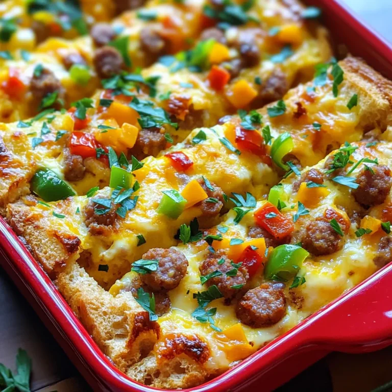 To make a tasty sausage breakfast casserole, you need a few key items. Here’s what you’ll need: - 1 pound breakfast sausage (mild or spicy, your choice) - 6 large eggs - 2 cups whole milk - 4 cups cubed day-old bread (French or sourdough) - 1 cup shredded sharp cheddar cheese - 1 cup diced bell peppers (mixed colors) - 1 small onion, diced - 1 teaspoon garlic powder - 1 teaspoon paprika - Salt and pepper to taste - Fresh parsley for garnish These ingredients come together to create a hearty and satisfying bake. The sausage adds flavor, while the eggs and milk give it a creamy texture. You can make this casserole your own with some fun add-ins. Try these options: - Spinach or kale for a boost of greens - Mushrooms for an earthy flavor - Jalapeños for a spicy kick - Different cheeses like mozzarella or pepper jack - Sun-dried tomatoes for a burst of sweetness These add-ins can change the taste and make each casserole unique. Feel free to get creative and mix your favorites! If you don’t have all the listed ingredients, don’t worry! You can swap them out easily. Here are some ideas: - Use turkey sausage instead of pork for a lighter option - Swap whole milk for almond or oat milk for a dairy-free version - Any bread can work; try bagels or rolls if that’s what you have - Use egg substitutes like flaxseed meal or chickpea flour for a vegan dish These substitutions allow you to enjoy this dish, even with dietary restrictions. You can still achieve great flavor and texture! For the complete recipe, check out the Full Recipe. Start by preheating your oven to 350°F (175°C). Grab a 9x13 inch baking dish and grease it with cooking spray. This helps the casserole not stick. Next, take your day-old bread and cut it into cubes. This bread serves as the base for your dish. Set the cubed bread aside while you cook the sausage and veggies. In a large skillet, place your breakfast sausage over medium heat. Use a wooden spoon to break it apart as it cooks. Stir until the sausage is browned and fully cooked. Drain any extra grease and move the sausage to a bowl. In the same skillet, add the diced onion and bell peppers. Cook them until they soften, about 5 minutes. This adds great flavor and color to your casserole. In a big mixing bowl, whisk together the eggs, whole milk, garlic powder, paprika, and a pinch of salt and pepper. This egg mixture binds the casserole together. Now, layer your cubed bread in the greased baking dish. Spread the cooked sausage and sautéed veggies on top of the bread. Sprinkle the shredded cheddar cheese over everything. Pour the egg mixture evenly over the layers. Press down gently with a spatula to submerge the bread. Cover the dish with aluminum foil and bake for 30 minutes. Then, remove the foil and bake for another 15 to 20 minutes, until the top is golden brown. Once baked, let it cool for 5 minutes before slicing. For the full recipe, check out the details provided. To cook your sausage breakfast casserole just right, follow these steps: - Use day-old bread: It absorbs the egg mixture well. Fresh bread can make it soggy. - Cook sausage until browned: This adds a rich flavor. Don’t skip this step. - Don’t rush the baking: Cover with foil for the first half. This keeps it moist. - Check for doneness: It should be set in the center and golden on top. Storing your casserole properly helps keep it fresh. Here are some tips: - Cool completely first: This prevents condensation in your storage container. - Use airtight containers: This keeps your casserole from drying out. - Reheat in the oven: Preheat to 350°F and cover with foil. Heat for about 20 minutes. - Microwave option: You can reheat individual portions for quick meals. Pair your sausage breakfast casserole for a fun breakfast spread: - Fresh fruit: Slices of melon or berries brighten the plate. - Light salad: A simple green salad balances the rich flavors. - Coffee or juice: A strong coffee or fresh juice complements the dish well. - Yogurt on the side: Adds a creamy texture and a tangy note. For the full recipe, check out the Sassy Sausage Breakfast Casserole. {{image_2}} You can make a tasty vegetarian sausage breakfast casserole. Just swap the meat for plant-based sausage. Choose a brand that mimics the flavor of real sausage. Add extra veggies like mushrooms, spinach, or zucchini for more texture. This option keeps all the warmth and flavor of the original dish, without meat. To make a gluten-free casserole, choose gluten-free bread. Many stores sell gluten-free options that taste great. You can also check the sausage label to ensure it’s gluten-free. By using these swaps, you still enjoy a savory casserole without the gluten. You can switch up the cheese for fun flavors. Try pepper jack for a spicy kick, or feta for a tangy taste. Mixing in different veggies can also change the dish. Think about adding fresh spinach, sun-dried tomatoes, or even kale. Each choice adds a new layer of flavor and color to your meal. For the full recipe, explore the details and enjoy customizing your casserole! After enjoying your casserole, let it cool completely. Store leftover pieces in an airtight container. You can keep it in the fridge for up to four days. Label the container with the date. This helps you know when to eat it. If you want to save the casserole longer, freezing is a great option. Cut the casserole into pieces. Wrap each piece tightly in plastic wrap. Then place them in a freezer-safe bag. Label the bags with the date. The casserole can last up to three months in the freezer. To reheat, take the casserole out of the fridge or freezer. If frozen, let it thaw in the fridge overnight. Preheat your oven to 350°F (175°C). Place the casserole in an oven-safe dish. Cover it with foil to keep it moist. Bake for about 20-30 minutes, until heated through. Check the center to make sure it’s warm. You can also reheat individual pieces in the microwave for quick meals. Just remember to cover them to keep them from drying out. Enjoy your flavorful morning bake again! Yes, you can prepare this casserole ahead. Make it a day before and cover it tightly. Store it in your fridge overnight. The next morning, bake it as directed. This saves time and makes breakfast easy! This casserole pairs well with fresh fruit. A light salad also works great. You can add yogurt or even pancakes for a sweet touch. These sides balance the savory flavors of the casserole. Absolutely! You can swap the breakfast sausage for ground turkey, ham, or bacon. Each meat adds a unique taste. Try different spices to match the meat you choose. This recipe is very flexible, so feel free to experiment! For the full recipe, check out the Sassy Sausage Breakfast Casserole. This blog post covers the key ingredients, preparation steps, tips, and variations for a delicious sausage breakfast casserole. You learned how to customize and adapt the recipe to fit your needs. Consider trying vegetarian or gluten-free options for a twist. Remember to store any leftovers properly to keep them fresh. With these steps and tips, you can create a tasty dish that suits any meal. Enjoy crafting your perfect sausage breakfast casserole!