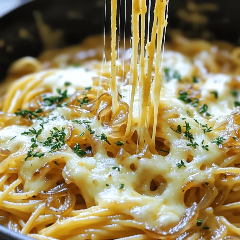 - 12 oz spaghetti or linguine - 2 tablespoons olive oil - 2 medium yellow onions, thinly sliced - 2 cloves garlic, minced - 4 cups vegetable broth - 1 cup heavy cream - 1 teaspoon dried thyme - 1 tablespoon balsamic vinegar - Salt and pepper to taste - 1 cup Gruyère cheese, grated (plus extra for topping) - ½ cup Parmesan cheese, grated - Fresh parsley, chopped (for garnish) For this dish, I love the balance of flavors. The sweet onions mix well with the creamy sauce. The spaghetti or linguine holds the sauce perfectly. Olive oil gives a nice base for cooking the onions. The onions need to be sliced thin. This helps them cook evenly and caramelize well. Garlic adds a punch of flavor when you mix it in. Vegetable broth makes it rich without being heavy. Using heavy cream gives a smooth texture. Dried thyme adds a hint of earthiness. Balsamic vinegar brings a touch of sweetness. Salt and pepper help bring all the flavors together. Gruyère cheese gives that classic French onion taste. Parmesan cheese adds depth to the sauce. Fresh parsley is a must for color and a fresh bite. This recipe is easy to follow, and you can find the Full Recipe linked above! First, we need to caramelize the onions. Heat 2 tablespoons of olive oil in a large pot over medium heat. Add 2 medium yellow onions, thinly sliced, and a pinch of salt. Stir occasionally for about 15-20 minutes. You want them to turn deep golden brown. This process brings out their sweet flavor. Next, add 2 cloves of minced garlic. Cook for another 1-2 minutes. You will smell a lovely aroma! Garlic adds depth to your dish. Now, pour in 4 cups of vegetable broth and 1 tablespoon of balsamic vinegar. Use a wooden spoon to scrape the bottom of the pot. This helps lift any tasty bits stuck there. Bring the mixture to a simmer. Once it’s simmering, add 12 oz of spaghetti or linguine. Stir it well to make sure all the pasta is submerged. Cover the pot and reduce the heat to medium-low. Cook according to the pasta package instructions, usually about 9-11 minutes. Stir occasionally to keep it from sticking. You want the pasta to be al dente, which means firm to the bite. When the pasta is done, stir in 1 cup of heavy cream, 1 teaspoon of dried thyme, and salt and pepper to taste. Cook for another 1-2 minutes to heat everything through. Remove the pot from heat. Now, add 1 cup of grated Gruyère cheese and ½ cup of grated Parmesan cheese. Stir until the cheeses melt into the creamy sauce. Taste your dish. Adjust the seasoning with more salt and pepper if needed. Serve the pasta hot. Garnish with extra Gruyère cheese and chopped parsley for a fresh touch. For the full recipe, check out the complete details. Enjoy your One Pot French Onion Pasta! Using homemade broth can make a big difference. It adds depth and richness to your dish. Store-bought broth is fine, but it often lacks flavor. If you have time, make your own broth. It is easier than you think. Just simmer veggies, herbs, and water for a few hours. The quality of cheese matters too. Gruyère cheese shines in this recipe. Its nutty flavor blends well with the onions. Always choose a good quality cheese. Freshly grated cheese melts better and tastes richer. Stirring is key for even cooking. Stir the pasta every few minutes while it cooks. This prevents sticking and helps it cook evenly. If the pasta gets too thick, you can adjust the consistency. Add more broth for a soupier dish or cream for a richer sauce. For a complete meal, pair this pasta with a simple salad. A green salad with vinaigrette adds freshness. Garlic bread makes a great side too. It soaks up the creamy sauce well. Top your dish with fresh parsley for a pop of color. You can also sprinkle more cheese on top. This adds that extra layer of flavor. If you want to impress, serve with a glass of white wine. {{image_2}} If you want to make this dish fit your diet, there are simple swaps. For gluten-free pasta, you can use brown rice or chickpea pasta. These options hold up well and taste great. If you want a dairy-free version, try using cashew cream or coconut milk. Both give a creamy texture without dairy. You can change the dish by adding protein. Chicken, sausage, or even beans work well. Cook the protein with the onions, and it adds more flavor. You can also play with herbs and spices. Try adding rosemary or smoked paprika for a twist. These small changes keep the dish fresh and exciting. You can find the full recipe below for more details on how to make this comforting dish. To store your One Pot French Onion Pasta, let it cool first. Place it in an airtight container. This keeps it fresh and keeps odors away. You can store it in the fridge for up to three days. You can also freeze this pasta dish! To do this, make sure it cools completely. Then, place it in a freezer-safe container. It will last in the freezer for up to three months. When you want to enjoy it again, thaw it in the fridge overnight. Reheat it on the stove over low heat. Add a splash of broth or cream to keep it creamy. Stir often to make sure it warms evenly. This way, you will enjoy every delicious bite! How can I make One Pot French Onion Pasta vegetarian? You can easily make this dish vegetarian by using vegetable broth instead of chicken broth. All other ingredients in the recipe are already vegetarian-friendly. Can I use other types of pasta for this recipe? Yes, you can use other types of pasta. I like spaghetti or linguine, but penne or fusilli works well too. Just make sure to adjust the cooking time as needed. What can I serve with One Pot French Onion Pasta? This pasta dish pairs well with a simple green salad or some crusty bread. A side of roasted vegetables also complements the flavors nicely. What can I substitute for Gruyère cheese? If you can’t find Gruyère cheese, you can use Swiss cheese or a mix of mozzarella and Parmesan. These substitutes melt well and add a creamy texture. Can I add vegetables to this dish? Absolutely! You can add mushrooms, bell peppers, or spinach. Just sauté them with the onions for added flavor and nutrition. In this post, we covered making One Pot French Onion Pasta. We explored key ingredients, from pasta to cheese, and shared step-by-step instructions. I provided tips to enhance flavor and storage advice for leftovers. Take time to enjoy this warm, creamy dish. Experiment with variations to suit your taste. Cooking should be fun and rewarding. Easy meals like this bring joy to your table. Enjoy every bite.