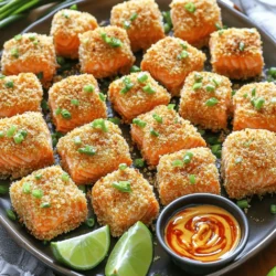 - 1 pound fresh salmon fillet - 1 cup panko breadcrumbs - 1/2 cup all-purpose flour - 2 large eggs - 1 teaspoon garlic powder - 1 teaspoon paprika - 1 teaspoon onion powder - Salt and pepper to taste - 1/4 cup mayonnaise - 2 tablespoons sweet chili sauce - 1 tablespoon sriracha - 1 teaspoon lime juice To make the Crispy Bang Bang Salmon Bites, you need fresh salmon. I love using salmon fillets because they are rich in flavor and easy to prepare. Cut the salmon into bite-sized cubes. The panko breadcrumbs give these bites a fantastic crunch. You can find them in most grocery stores. Don’t forget the all-purpose flour and eggs; these help the breadcrumbs stick well. For the seasoning, garlic powder, paprika, and onion powder add nice flavor. Salt and pepper bring everything together. Use them generously but taste as you go. Now for the Bang Bang sauce! This sauce is what makes these bites shine. It combines creamy mayonnaise with sweet chili sauce. Sriracha adds a nice kick, but adjust it based on your spice level. The lime juice brightens the sauce and balances the flavors. You can find the full recipe above, which will guide you step-by-step. Enjoy cooking this delightful dish! To make the Bang Bang sauce, take a small bowl. In this bowl, whisk together the following: - 1/4 cup mayonnaise - 2 tablespoons sweet chili sauce - 1 tablespoon sriracha (adjust for your spice level) - 1 teaspoon lime juice Mix until smooth. Set it aside for later use. This sauce adds a nice kick to the salmon bites. Now, let’s set up your breading station. You will need three bowls: - In the first bowl, mix 1/2 cup all-purpose flour with 1 teaspoon each of garlic powder, paprika, onion powder, and a pinch of salt and pepper. - In the second bowl, place 2 large beaten eggs. - In the third bowl, add 1 cup panko breadcrumbs. This setup makes the breading process quick and easy. You can keep your hands clean by using one hand for wet and the other for dry. Take one salmon cube and coat it in the flour mix. Make sure to cover all sides. Next, dip it into the beaten eggs. Finally, roll it in the panko breadcrumbs. Press gently to ensure an even coating. Repeat this for all your salmon cubes. This technique gives you those crispy bites everyone loves. Heat oil in a large skillet. Aim for about 1/2 inch deep over medium-high heat. You want the oil to shimmer, which means it’s hot enough. Carefully place the salmon bites in the hot oil. Avoid putting too many in at once. Fry for 3 to 4 minutes, flipping them occasionally. Cook until they turn golden brown and crispy. Once cooked, transfer the salmon bites to a paper towel-lined plate. This helps drain any extra oil. Arrange the crispy salmon bites on a serving platter. Drizzle with your Bang Bang sauce, or serve it on the side for dipping. Enjoy this easy and flavorful dish with friends or family! For the full recipe, check out the earlier sections. To get that golden-brown crust, oil temperature matters. Heat your oil to about 350°F. Use a kitchen thermometer for accuracy. If you don't have one, test it with a small piece of bread. It should bubble and brown in about 30 seconds. Avoid overcrowding your pan. If you add too many salmon bites at once, they will steam instead of fry. This makes them soggy, and nobody likes that! Fry in batches if needed to keep them crispy. You can switch up the breadcrumbs for different textures. Try using regular breadcrumbs or even crushed cornflakes for a twist. Both give a nice crunch. If you want a gluten-free option, use gluten-free breadcrumbs or almond flour. They work well and still taste great. Adjust the spice level to suit your taste. If you want less heat, cut back on sriracha. You can also add a bit more sweet chili sauce for extra sweetness. For added flavors, consider mixing in lime zest or a splash of soy sauce. These will enhance the sauce and give it a unique twist. For the full recipe, check out the complete guide above. {{image_2}} You can swap salmon for shrimp or chicken. Shrimp cooks fast and adds a fun twist. Chicken gives a hearty bite. If you choose shrimp, fry them for 2-3 minutes. For chicken, ensure you cook them until they reach 165°F inside. Adjust your cooking times to match your protein choice for the best results. If you want a healthier dish, you can bake the salmon bites. Preheat your oven to 400°F. Line a baking sheet with parchment paper. Place the breaded salmon bites on the sheet. You can spray them lightly with oil for extra crispiness. Bake for 15-20 minutes, flipping halfway through. To keep them crispy, avoid crowding the pan. These salmon bites pair well with many sides. Try serving them with a fresh salad or steamed veggies. Rice or quinoa also works great. For dips, you can use more than just Bang Bang sauce. Consider ranch, tartar sauce, or even a spicy aioli. Each dip adds unique flavor to the bites. When you have extra Crispy Bang Bang Salmon Bites, store them well. Let the bites cool down to room temperature. Place them in an airtight container. This helps keep them fresh. Add a paper towel inside the container to soak up moisture. This will prevent sogginess. The bites can stay in the fridge for up to three days. To reheat these bites, use the oven or an air fryer. Preheat your oven to 350°F. Place the salmon bites on a baking sheet. Bake them for about 10 minutes. This method keeps them crispy. If you use an air fryer, set it to 350°F. Reheat for 5 to 7 minutes. Avoid using the microwave, as it makes the bites soggy. You can freeze Bang Bang Salmon Bites for later. First, let them cool completely. Arrange them in a single layer on a baking sheet. Freeze them for about an hour. After that, transfer them to a freezer-safe bag. Remove as much air as possible. They can stay frozen for up to three months. When you want to eat them, thaw in the fridge overnight. Cook them in the oven or air fryer to regain crispness. The cooking time is quick and simple. Fry the salmon bites for about 3-4 minutes. You want them golden brown and crispy. Make sure to flip them halfway through for even cooking. This process gives you a delicious crunch on all sides. If you want less heat, adjust the sriracha in the Bang Bang sauce. You can cut the sriracha amount in half or leave it out entirely. Also, add more mayonnaise to balance the flavors. This makes the sauce creamy and less spicy. Yes, you can use frozen salmon! First, thaw it in the fridge overnight or under cold water. Once thawed, pat it dry with paper towels. This step helps the breading stick better. Then, follow the recipe as usual. I love serving these bites with fresh salads or rice. Try a simple cucumber salad for a crunchy contrast. Steamed broccoli or rice with lime adds a nice touch too. You can also serve them with sweet potato fries for a fun combo. Absolutely! You can use tofu or eggplant instead of salmon. Just cut them into bite-sized pieces. For tofu, press it to remove moisture, then coat and fry as usual. This method gives you a tasty vegetarian option that everyone can enjoy. In summary, we covered how to make delicious Bang Bang Salmon Bites. You learned about the ingredients, from fresh salmon to tasty sauces. I shared step-by-step instructions and tips for great results. Variations and storage advice can help you get creative and keep leftovers fresh. Now you can enjoy crispy bites anytime and impress your friends and family. Cooking can be easy and fun when you know the steps!