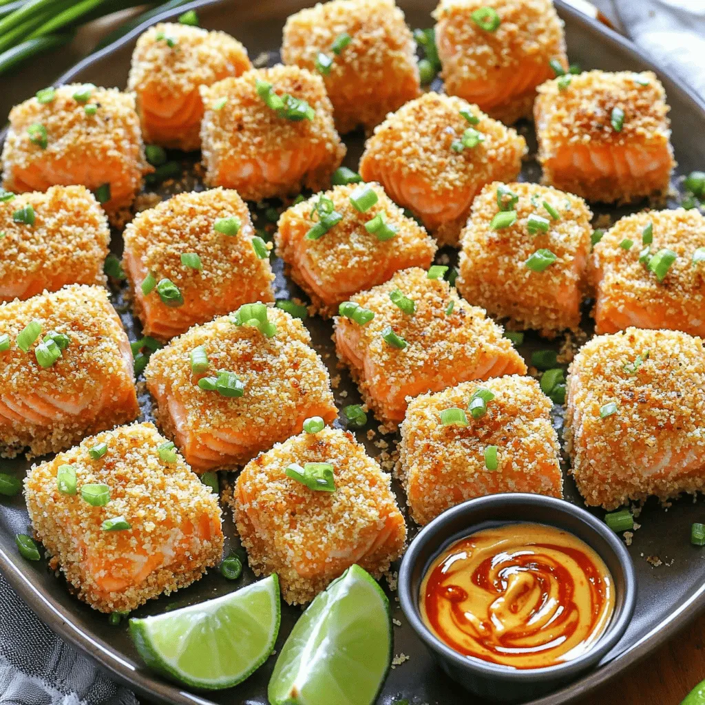 - 1 pound fresh salmon fillet - 1 cup panko breadcrumbs - 1/2 cup all-purpose flour - 2 large eggs - 1 teaspoon garlic powder - 1 teaspoon paprika - 1 teaspoon onion powder - Salt and pepper to taste - 1/4 cup mayonnaise - 2 tablespoons sweet chili sauce - 1 tablespoon sriracha - 1 teaspoon lime juice To make the Crispy Bang Bang Salmon Bites, you need fresh salmon. I love using salmon fillets because they are rich in flavor and easy to prepare. Cut the salmon into bite-sized cubes. The panko breadcrumbs give these bites a fantastic crunch. You can find them in most grocery stores. Don’t forget the all-purpose flour and eggs; these help the breadcrumbs stick well. For the seasoning, garlic powder, paprika, and onion powder add nice flavor. Salt and pepper bring everything together. Use them generously but taste as you go. Now for the Bang Bang sauce! This sauce is what makes these bites shine. It combines creamy mayonnaise with sweet chili sauce. Sriracha adds a nice kick, but adjust it based on your spice level. The lime juice brightens the sauce and balances the flavors. You can find the full recipe above, which will guide you step-by-step. Enjoy cooking this delightful dish! To make the Bang Bang sauce, take a small bowl. In this bowl, whisk together the following: - 1/4 cup mayonnaise - 2 tablespoons sweet chili sauce - 1 tablespoon sriracha (adjust for your spice level) - 1 teaspoon lime juice Mix until smooth. Set it aside for later use. This sauce adds a nice kick to the salmon bites. Now, let’s set up your breading station. You will need three bowls: - In the first bowl, mix 1/2 cup all-purpose flour with 1 teaspoon each of garlic powder, paprika, onion powder, and a pinch of salt and pepper. - In the second bowl, place 2 large beaten eggs. - In the third bowl, add 1 cup panko breadcrumbs. This setup makes the breading process quick and easy. You can keep your hands clean by using one hand for wet and the other for dry. Take one salmon cube and coat it in the flour mix. Make sure to cover all sides. Next, dip it into the beaten eggs. Finally, roll it in the panko breadcrumbs. Press gently to ensure an even coating. Repeat this for all your salmon cubes. This technique gives you those crispy bites everyone loves. Heat oil in a large skillet. Aim for about 1/2 inch deep over medium-high heat. You want the oil to shimmer, which means it’s hot enough. Carefully place the salmon bites in the hot oil. Avoid putting too many in at once. Fry for 3 to 4 minutes, flipping them occasionally. Cook until they turn golden brown and crispy. Once cooked, transfer the salmon bites to a paper towel-lined plate. This helps drain any extra oil. Arrange the crispy salmon bites on a serving platter. Drizzle with your Bang Bang sauce, or serve it on the side for dipping. Enjoy this easy and flavorful dish with friends or family! For the full recipe, check out the earlier sections. To get that golden-brown crust, oil temperature matters. Heat your oil to about 350°F. Use a kitchen thermometer for accuracy. If you don't have one, test it with a small piece of bread. It should bubble and brown in about 30 seconds. Avoid overcrowding your pan. If you add too many salmon bites at once, they will steam instead of fry. This makes them soggy, and nobody likes that! Fry in batches if needed to keep them crispy. You can switch up the breadcrumbs for different textures. Try using regular breadcrumbs or even crushed cornflakes for a twist. Both give a nice crunch. If you want a gluten-free option, use gluten-free breadcrumbs or almond flour. They work well and still taste great. Adjust the spice level to suit your taste. If you want less heat, cut back on sriracha. You can also add a bit more sweet chili sauce for extra sweetness. For added flavors, consider mixing in lime zest or a splash of soy sauce. These will enhance the sauce and give it a unique twist. For the full recipe, check out the complete guide above. {{image_2}} You can swap salmon for shrimp or chicken. Shrimp cooks fast and adds a fun twist. Chicken gives a hearty bite. If you choose shrimp, fry them for 2-3 minutes. For chicken, ensure you cook them until they reach 165°F inside. Adjust your cooking times to match your protein choice for the best results. If you want a healthier dish, you can bake the salmon bites. Preheat your oven to 400°F. Line a baking sheet with parchment paper. Place the breaded salmon bites on the sheet. You can spray them lightly with oil for extra crispiness. Bake for 15-20 minutes, flipping halfway through. To keep them crispy, avoid crowding the pan. These salmon bites pair well with many sides. Try serving them with a fresh salad or steamed veggies. Rice or quinoa also works great. For dips, you can use more than just Bang Bang sauce. Consider ranch, tartar sauce, or even a spicy aioli. Each dip adds unique flavor to the bites. When you have extra Crispy Bang Bang Salmon Bites, store them well. Let the bites cool down to room temperature. Place them in an airtight container. This helps keep them fresh. Add a paper towel inside the container to soak up moisture. This will prevent sogginess. The bites can stay in the fridge for up to three days. To reheat these bites, use the oven or an air fryer. Preheat your oven to 350°F. Place the salmon bites on a baking sheet. Bake them for about 10 minutes. This method keeps them crispy. If you use an air fryer, set it to 350°F. Reheat for 5 to 7 minutes. Avoid using the microwave, as it makes the bites soggy. You can freeze Bang Bang Salmon Bites for later. First, let them cool completely. Arrange them in a single layer on a baking sheet. Freeze them for about an hour. After that, transfer them to a freezer-safe bag. Remove as much air as possible. They can stay frozen for up to three months. When you want to eat them, thaw in the fridge overnight. Cook them in the oven or air fryer to regain crispness. The cooking time is quick and simple. Fry the salmon bites for about 3-4 minutes. You want them golden brown and crispy. Make sure to flip them halfway through for even cooking. This process gives you a delicious crunch on all sides. If you want less heat, adjust the sriracha in the Bang Bang sauce. You can cut the sriracha amount in half or leave it out entirely. Also, add more mayonnaise to balance the flavors. This makes the sauce creamy and less spicy. Yes, you can use frozen salmon! First, thaw it in the fridge overnight or under cold water. Once thawed, pat it dry with paper towels. This step helps the breading stick better. Then, follow the recipe as usual. I love serving these bites with fresh salads or rice. Try a simple cucumber salad for a crunchy contrast. Steamed broccoli or rice with lime adds a nice touch too. You can also serve them with sweet potato fries for a fun combo. Absolutely! You can use tofu or eggplant instead of salmon. Just cut them into bite-sized pieces. For tofu, press it to remove moisture, then coat and fry as usual. This method gives you a tasty vegetarian option that everyone can enjoy. In summary, we covered how to make delicious Bang Bang Salmon Bites. You learned about the ingredients, from fresh salmon to tasty sauces. I shared step-by-step instructions and tips for great results. Variations and storage advice can help you get creative and keep leftovers fresh. Now you can enjoy crispy bites anytime and impress your friends and family. Cooking can be easy and fun when you know the steps!