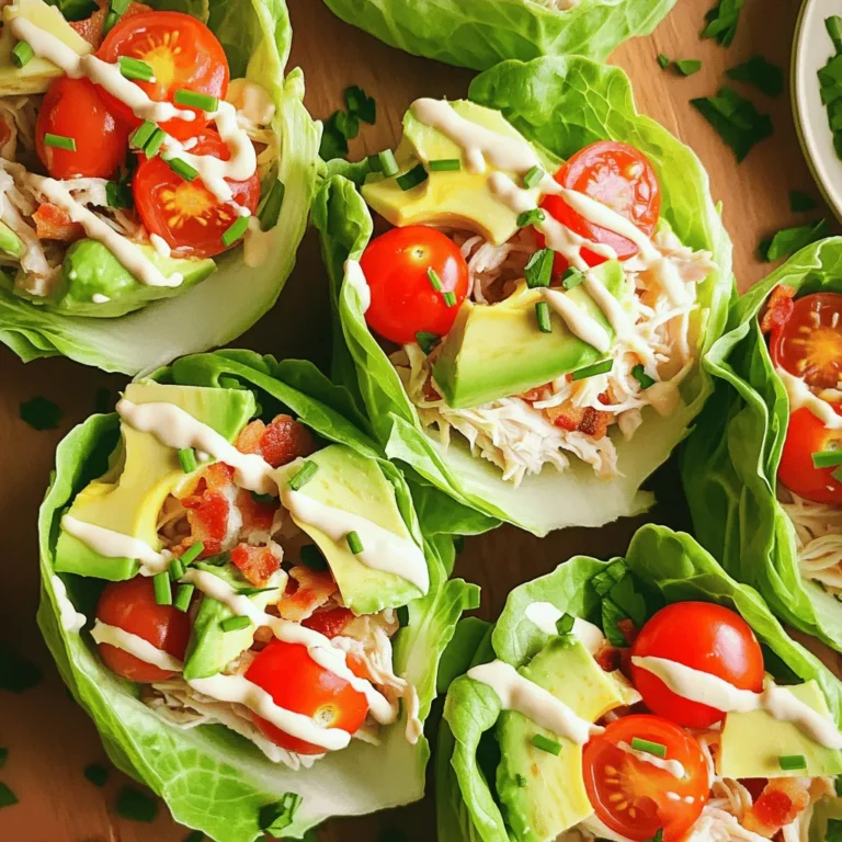 When making Chicken Club Lettuce Wraps, you need a few key ingredients to make them delicious: - 2 cups cooked chicken breast, shredded or diced - 6 slices of crispy bacon, chopped - 1 cup cherry tomatoes, halved - 1 avocado, diced - 1/2 cup mayonnaise - 1 tablespoon Dijon mustard - 1 teaspoon lemon juice - Salt and pepper to taste - 1 head of butter lettuce or romaine, leaves separated - Fresh chives or parsley for garnish These ingredients come together to create a tasty, healthy snack. You can also customize your wraps with optional ingredients like: - Cucumber slices for crunch - Red onion for zing - Cheese for creaminess Feel free to mix and match based on your taste. This flexibility makes the Chicken Club Lettuce Wraps fun and personal. For the full recipe, check out the details above. To make Chicken Club Lettuce Wraps, first gather your ingredients. You need cooked chicken, bacon, tomatoes, and avocado. Mix these in a medium bowl. This step is simple but key to your wraps. 1. Combine Ingredients: In your bowl, add shredded chicken, chopped bacon, halved cherry tomatoes, and diced avocado. 2. Make Dressing: In a separate bowl, whisk together mayonnaise, Dijon mustard, lemon juice, salt, and pepper. This dressing adds creaminess. 3. Mix Together: Pour the dressing over the chicken mixture. Toss gently until all ingredients are well coated. Tips for Efficient Preparation: - Use pre-cooked chicken to save time. - Chop ingredients ahead for a quick mix. - Set out all tools and bowls before you start. Now, let’s put your wraps together. 1. Prepare Lettuce: Take a lettuce leaf from the head. Butter lettuce works well, but romaine is fine too. 2. Fill the Leaf: Spoon a generous amount of the chicken mixture into the center of the leaf. 3. Wrap It Up: Fold the sides over the filling. Secure it with a toothpick if needed. Suggestions for Garnishing: - Top your wraps with fresh chives or parsley for a pop of color. - Add a slice of lemon on the side for extra zest. For the complete recipe, check the Full Recipe section. Enjoy your tasty and healthy Chicken Club Lettuce Wraps! You can easily modify this recipe to fit your diet. If you follow paleo or keto, swap the mayonnaise for avocado. Use Greek yogurt for a creamy, low-carb option. You can also change the protein. Try shredded turkey or grilled shrimp for a twist. For a vegetarian version, use chickpeas or mushrooms instead of chicken. These changes keep the dish tasty and healthy. Chicken Club Lettuce Wraps are great for many occasions. They work well at parties, picnics, or even as a quick weeknight meal. Serve them as a fun appetizer or a light lunch. Pair these wraps with sides like sweet potato fries or a fresh garden salad. You can also dip them in salsa, guacamole, or ranch dressing for extra flavor. These options enhance your meal and make it more enjoyable. {{image_2}} You can switch up your Chicken Club Lettuce Wraps to keep things exciting. One tasty idea is an Asian-inspired version. In this twist, you can add sesame oil and soy sauce to your chicken mix. This gives the dish a nice, rich flavor. Toss in some shredded carrots and sliced green onions for a fresh crunch. Another great option is a Mediterranean twist. Use feta cheese and olives to add a salty bite. You can also try sun-dried tomatoes for a burst of flavor. A drizzle of olive oil and a sprinkle of oregano will tie everything together in this version. You may want to change some ingredients based on your taste or diet. If you prefer not to use bacon, try crispy turkey bacon or smoked tempeh. These options give a similar crunch without the pork. For a vegan or vegetarian option, replace chicken with chickpeas or quinoa. This keeps the wraps filling and adds protein. You can use vegan mayo or hummus as a creamy spread. Both swaps keep the flavors bright while making the dish plant-based. You can find the full recipe [here](#). To store Chicken Club Lettuce Wraps, first, keep the filling and lettuce separate. This prevents the lettuce from wilting. Place the chicken mixture in an airtight container. Store it in the fridge for up to three days. For the lettuce, wrap it in a damp paper towel and place it in a bag. This keeps it fresh and crunchy. When you want to eat the leftovers, reheat the chicken mixture in a skillet over medium heat. Stir it gently until warm. Avoid overheating to keep the chicken juicy. You can also use the microwave, but be careful not to cook it too long. Yes, you can freeze Chicken Club Lettuce Wraps! However, I recommend freezing the chicken mixture only. Lettuce does not freeze well. To freeze, put the chicken mixture in a freezer-safe bag. Squeeze out the air before sealing. It will last for about three months. To thaw, move the bag to the fridge for several hours or overnight. When ready to eat, reheat it in a pan or microwave. After warming, serve the chicken in fresh lettuce leaves. This gives you that crisp texture you want. You can find the full recipe to make these wraps here. What can I use instead of mayonnaise? If you want a mayo-free option, try Greek yogurt. It adds creaminess and tang. You can also blend avocado for a smooth texture. Both options keep your wraps tasty and healthy. Can I make Chicken Club Lettuce Wraps in advance? Yes, you can prep the filling ahead of time. Store it in the fridge for up to a day. Just keep the lettuce leaves separate until you're ready to eat. This way, they stay fresh and crisp. How to cook chicken for wraps effectively? Cook chicken breast by grilling, baking, or poaching. For juicy chicken, avoid overcooking. Use a meat thermometer to check for doneness. It should reach 165°F. Shred or dice it into bite-sized pieces for easy wrapping. What type of lettuce is best for wraps? Butter lettuce or romaine works great for wraps. Butter lettuce has a soft texture and is easy to fold. Romaine adds a nice crunch. Both types hold the filling well and make your wraps fun to eat. For more details and the full recipe, check the [Full Recipe] link. In this blog post, we explored how to make delicious Chicken Club Lettuce Wraps. We covered key ingredients, step-by-step prep, and assembly tips. Customization options and serving suggestions help you make these wraps your own. Finally, we shared storage tips to keep your wraps fresh and tasty. You can adapt these wraps for any meal, diet, or flavor you crave. Enjoy creating your own version of this tasty dish!
