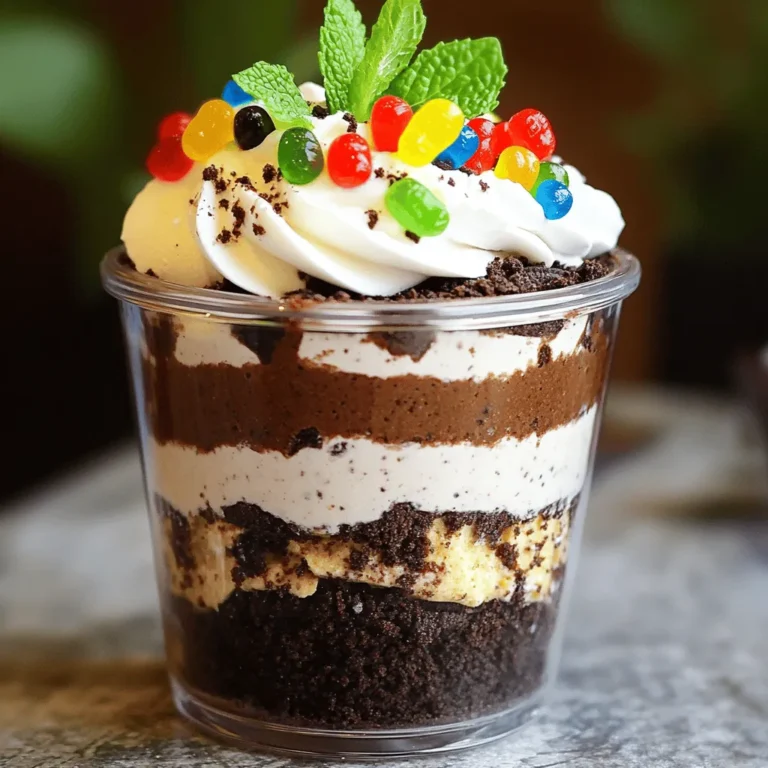 - 1 package (15.25 oz) chocolate sandwich cookies (like Oreos) - 8 oz cream cheese, softened - 1 cup powdered sugar - 1 tsp vanilla extract - 1 tub (8 oz) whipped topping (like Cool Whip), thawed - 2 cups milk - 1 package (3.9 oz) instant chocolate pudding mix - Gummy worms (for garnish) - Fresh mint leaves (optional, for garnish) To make Oreo Dirt Cake, you need simple and fun ingredients. Each ingredient plays a key role in creating this creamy and chocolatey treat. The chocolate sandwich cookies serve as the base, giving it that classic Oreo flavor. Cream cheese adds a rich texture, while powdered sugar sweetens the mix. Whipped topping provides lightness and fluffiness. Milk helps to make the pudding, adding moisture and creaminess. The instant chocolate pudding mix is crucial for that thick and smooth layer. Finally, gummy worms and mint leaves make it fun and visually appealing. - For a twist, try mini chocolate chips or crushed nuts for toppings. - Use dairy-free cream cheese or whipped topping for a vegan option. - Swap the chocolate pudding with vanilla or butterscotch for new flavors. These optional ingredients allow you to customize the dirt cake. They cater to different tastes and dietary needs. You can make it your own while keeping the fun spirit of this dessert. For the full recipe, check the section above. - Crush the cookies: You can crush the chocolate sandwich cookies using a food processor or a sealed plastic bag. If using a bag, place the cookies inside, seal it, and crush them with a rolling pin. Aim for a fine crumb texture, as this will make the cake look great. Reserve about 1 cup of the crumbs for later use on top. - Prepare the cream cheese mixture: Start with softened cream cheese. Place it in a large mixing bowl. Beat it with a hand mixer or a whisk until smooth. Gradually add the powdered sugar and vanilla extract. Keep mixing until everything is well combined. This mixture should be creamy and fluffy. - How to combine the whipped topping and cream cheese: Take the thawed whipped topping and gently fold it into the cream cheese mixture. Use a spatula to combine them. Be careful not to deflate the whipped topping. You want this mix to stay light and airy. - Instructions on mixing in the pudding: In another bowl, whisk together the milk and instant chocolate pudding mix for about 2-3 minutes. This will thicken the pudding. Once it’s thickened, carefully fold this pudding into the cream cheese and whipped topping mixture. This step brings all the flavors together. - Techniques for constructing layers: Grab a large serving dish or individual cups. Start with a layer of crushed cookie crumbs at the bottom. Follow with a layer of the pudding mixture. Repeat these layers until all ingredients are used up. It’s fun to see the layers build up! - Tips for achieving a visually appealing presentation: Finish with a layer of cookie crumbs on top. This looks nice and gives a dirt-like effect. For extra flair, add gummy worms sticking out and some fresh mint leaves for color. Serve in clear cups if you want to show off those beautiful layers. For more details, check the [Full Recipe]. To make the best Oreo Dirt Cake, avoid some common mistakes. First, don’t rush the chilling process. Chilling helps the layers set properly. If you cut it too soon, it might fall apart. Second, ensure your cream cheese is soft. This will help it mix well and become smooth. If it’s too hard, you’ll end up with lumps in your cake. Best practices for chilling and serving include using clear cups. This way, you can show off the pretty layers. Chill for at least four hours, but overnight is even better. The flavors will meld, and the cake will taste amazing. For portion sizes, aim for about half a cup per serving. This dessert is rich and sweet, so small servings work well. You can also make mini cups for a fun party treat. When it comes to presentation, don’t forget the fun! Decorate with gummy worms and fresh mint leaves. Stick the gummy worms into the top layer to make it look extra playful. Mint leaves add a nice pop of color and a hint of freshness. This makes your Oreo Dirt Cake not just tasty, but also fun to look at! {{image_2}} You can switch up the flavors of your Oreo dirt cake easily. Try using different cookies, like peanut butter or vanilla sandwich cookies. These cookies can give a fun twist to your dessert. For pudding, opt for vanilla or butterscotch to change the taste. Want to add some crunch? Sprinkle chopped nuts or crushed candy bars on top. You can also layer in some chocolate chips or mini marshmallows for a sweet surprise. Mix and match these ideas to find your favorite flavors. Creating a theme for your Oreo dirt cake can make it even more fun. For Halloween, add candy eyeballs and use orange and black sprinkles. For birthday parties, use colorful sprinkles and candles on top. You can also customize your cake for allergies. Use gluten-free cookies and dairy-free pudding to make it safe for everyone. Let your imagination run wild with these theme-based ideas. They will surely impress your guests! To keep your Oreo dirt cake fresh, follow these simple steps: - Refrigerate: Place the cake in the fridge, covered with plastic wrap. - Shelf Life: It lasts about 3 to 5 days when stored properly. - Avoid moisture: Keep it in a cool spot without excess moisture. You can freeze Oreo dirt cake, but do it with care: - Freezing Instructions: Cut the cake into portions. Wrap each piece in plastic wrap, then in foil. - Thawing: When ready to enjoy, thaw in the fridge overnight. - Texture Impact: Freezing may change the cream's texture, but the flavor stays great. - Flavor Notes: Some find the taste even better after thawing! For the complete recipe, check out the Full Recipe. What is Oreo Dirt Cake? Oreo Dirt Cake is a fun, no-bake dessert. It layers crushed Oreos with a creamy mix of cream cheese and chocolate pudding. This dessert looks like dirt, often topped with gummy worms. It's great for kids and adults alike. How long can it be stored in the fridge? You can store Oreo Dirt Cake in the fridge for about 3 to 5 days. Keep it covered to maintain freshness. This dessert tastes even better after chilling, as the flavors meld together. Can I make this recipe in advance? Yes, you can make this recipe in advance. In fact, it’s best to prepare it a day ahead. This way, it has time to chill and set properly. Just cover it tightly in the fridge. What do others say about their experience with this recipe? Many cooks love how easy and fun this dessert is to make. They enjoy the creamy texture and the crunchy cookie layers. It’s a crowd-pleaser for parties and gatherings. Some even share tips on personalizing their creations! What are common ingredient substitutions that work well? You can swap the cream cheese for Greek yogurt for a lighter option. Instead of Oreos, use chocolate graham crackers for a different taste. For a dairy-free version, try coconut cream instead of whipped topping. Is Oreo Dirt Cake suitable for special diets? Oreo Dirt Cake is not suitable for all diets. It contains dairy and gluten. Those with allergies should be cautious. However, you can make it safe for some diets by using substitutions. Suggestions for healthier alternatives without sacrificing flavor To make it healthier, use low-fat cream cheese and sugar-free pudding mix. You can also add fresh fruit, like berries, for flavor and nutrition. These swaps keep the taste delicious without all the calories. For the complete recipe, check out the [Full Recipe]. Oreo Dirt Cake is a fun and easy dessert. We explored the ingredients, preparation, and tips for success. You learned how to layer the cake and serve it with flair. Remember to adjust ingredients as needed for different tastes and dietary needs. Enjoy getting creative with flavors and themes. With proper storage, this dessert stays fresh and delightful. Now, you have everything to make your own Oreo Dirt Cake and impress everyone. Happy baking!