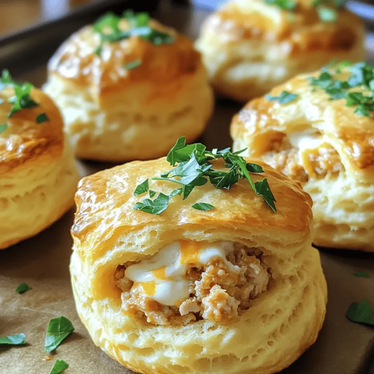 This chicken bombs recipe packs a punch of flavor in every bite. You can make eight delicious chicken bombs in just 40 minutes. They are perfect for a quick dinner or a fun snack. - 1 lb (450g) ground chicken - 1 cup shredded mozzarella cheese - 1/2 cup cream cheese, softened - 1/4 cup minced green onions - 1 teaspoon garlic powder - 1 teaspoon paprika - 1 teaspoon Italian seasoning - 1/2 teaspoon cayenne pepper (optional for heat) - Salt and black pepper to taste - 1 package (10 oz) refrigerated biscuit dough - 1 egg, beaten (for egg wash) - Fresh parsley, chopped (for garnish) These ingredients create a tasty filling. The ground chicken gives it a nice base. Cream cheese adds creaminess, while mozzarella provides stretch and flavor. You can change the recipe to suit your taste. Here are some optional ingredients: - Add diced jalapeños for spice. - Use cheddar cheese for a different flavor. - Try fresh herbs like dill or basil for freshness. - Substitute turkey or beef for the chicken. Feel free to get creative! The chicken bombs will still taste great. Remember, the key is to keep the balance of flavors. To start, gather your ingredients for the chicken bombs. You need ground chicken, mozzarella cheese, cream cheese, green onions, and a few spices. Mix these together in a bowl. This mixture is the heart of the chicken bomb, so make sure it's well combined. Next, take a piece of biscuit dough from the package. Flatten it in your hand. Add a large spoonful of the chicken mix in the center. This step is key. If you overfill it, the filling may leak out while cooking. Now, let’s bake these tasty treats. Preheat your oven to 375°F (190°C). Line a baking sheet with parchment paper. After you've filled the dough, fold the edges over the chicken mix. Seal it tightly to hold the filling inside. Place it seam side down on the baking sheet. Once you finish forming each bomb, brush the tops with a beaten egg. This gives them a nice golden color when baked. Bake them for 20-25 minutes. Keep an eye on them; you want them puffed and golden brown. Check the internal temperature to ensure it hits 165°F (74°C). Sealing the chicken bombs well is very important. If they are not sealed tightly, the filling will spill out. When folding the dough, pinch the edges together firmly. You can also roll them into balls to help keep everything inside. If you worry about leaks, try using less filling in each bomb. It’s better to have smaller bombs than messy ones. With practice, you’ll get the hang of it! Enjoy these savory delights for dinner. For the full recipe, check out the details above. To make your chicken bombs truly shine, balance is key. Mix your fillings well to let all flavors blend. Ground chicken works best when it's fresh. The cream cheese adds creaminess, while the mozzarella gives a nice melt. Always taste your mixture before sealing. Adjust salt and spices as needed for your taste. You can add more spices if you like it spicy. A sprinkle of cayenne pepper brings heat. Use fresh herbs to enhance the flavor. Chopped parsley or cilantro can add a fresh touch. Also, don't skip the egg wash; it helps achieve a golden crust. One common mistake is overfilling the dough. If you add too much filling, it may leak during baking. Seal the edges tightly to keep your filling inside. Another mistake is not preheating the oven. This can lead to uneven cooking. Always check the baking time to ensure your chicken reaches 165°F (74°C). Avoid using cold ingredients. Room temperature ingredients mix better. Lastly, be careful with the dough. If it tears, use a little extra dough to patch it up. Serve your chicken bombs hot from the oven. They pair well with a side salad or roasted veggies. A dipping sauce can add more flavor. Try ranch or a spicy sriracha sauce for a kick. For a fun twist, serve them with a side of mashed potatoes. These bombs also go great with a light soup. You can even pack them for lunch; they taste great cold! For the full recipe, check the section above. Enjoy your cooking! {{image_2}} To make spicy chicken bombs, add more cayenne pepper to the filling. You can also mix in chopped jalapeños or diced serrano peppers for extra heat. This will give each bite a nice kick. Adjust the heat to match your taste. You can even serve them with a spicy dipping sauce, like sriracha or spicy ranch. If you want a meat-free option, use a mix of veggies and cheese. Try mushrooms, spinach, or bell peppers. You can also use plant-based ground meat or lentils for protein. Mix these with cream cheese and mozzarella, just like the original recipe. These vegetarian bombs are still creamy and full of flavor. Get creative with your flavors! You can add barbecue sauce to the chicken mix for a smoky taste. Or, try mixing in buffalo sauce for a tangy twist. Another option is to use pesto with diced sun-dried tomatoes. Each combination brings a new flavor to your chicken bombs, making dinner exciting every time. For the full recipe, check out the Chicken Bombs Explosion section. After you make your chicken bombs, let them cool completely. Place them in an airtight container. Make sure to layer them with parchment paper if you stack them. This way, they won’t stick together. You can store them in the fridge for up to three days. They will stay fresh and tasty! To reheat your chicken bombs, you have a few options. The oven is the best way. Preheat it to 350°F (175°C). Place the bombs on a baking sheet and heat for about 10-15 minutes. You can also use a microwave, but this may make the dough a bit soft. Heat them in 30-second intervals until warm. If you want to save some chicken bombs for later, freezing is easy! Wrap each bomb in plastic wrap. Then place them in a freezer bag. They can last up to two months in the freezer. When ready to eat, thaw them in the fridge overnight. Then, reheat them as mentioned above. Enjoy your tasty treat whenever you want! For the full recipe, visit the section above. Yes, you can use other meats for chicken bombs. Ground turkey or beef works well. You can also use shredded cooked meats, like rotisserie chicken. Just adjust the seasoning based on the meat you choose. Check the color and texture of the chicken bombs. They should be golden brown on the outside. Use a meat thermometer to check the inside. The chicken must reach 165°F (74°C) to be safe. This ensures it is fully cooked. Yes, you can prepare chicken bombs in advance. You can assemble them and store them in the fridge for a day. Alternatively, freeze them before baking. Just bake them directly from the freezer, adding a few extra minutes to the cooking time. This keeps your meal easy and quick! For the full recipe, refer to the earlier section. This blog post covered the essential ingredients, step-by-step instructions, and helpful tips to make Chicken Bombs. You learned about different variations and storage options. Using these insights, you can customize your dish and avoid common mistakes. Remember, cooking is all about experimenting and having fun. Enjoy your Chicken Bombs, and don't hesitate to try new flavors. These tips will help you create a delicious meal every time. Happy cooking!