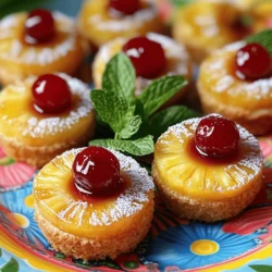 - 1 can (20 oz) sliced pineapple in juice, drained - 1/4 cup unsalted butter, melted - 3/4 cup brown sugar, packed - 1/2 teaspoon ground cinnamon - 1/2 cup maraschino cherries - 1 cup all-purpose flour - 1/2 cup granulated sugar - 1 teaspoon baking powder - 1/2 teaspoon baking soda - 1/4 teaspoon salt - 1/2 cup buttermilk - 1/4 cup vegetable oil - 1 large egg - 1 teaspoon vanilla extract The ingredients for mini pineapple upside down cakes are simple and fun. I love using canned pineapple for its sweetness and ease. The maraschino cherries add a pop of color. You can adjust the sugar if you want a less sweet cake. - Muffin tin - Mixing bowls - Whisk and spatula To make these mini delights, you need a muffin tin. It helps shape the cakes perfectly. Mixing bowls are key for combining the wet and dry ingredients. A whisk helps mix smoothly, while a spatula is great for scraping every bit of batter. - Total servings: 12 mini cakes - Ideal for sharing at parties or as individual desserts These mini cakes are perfect for sharing. You can serve them at parties or enjoy them at home. Each cake is a single serving, making them easy to grab and eat. They are sure to bring smiles! If you want to see how to make them, check out the Full Recipe. First, preheat your oven to 350°F (175°C). This heat is perfect for baking. Next, grease your muffin tin. You can also use muffin liners if you prefer. This will help with easy removal later. In a small bowl, mix together the melted butter, brown sugar, and ground cinnamon. Stir until everything is well combined. This mixture will create a nice base for the cakes. Spoon about one tablespoon of this mix into each muffin cup. Now, it's time to layer the pineapple and cherries. Place a slice of pineapple on top of the butter-sugar mix in each cup. Then, add a maraschino cherry in the center of each pineapple slice. This makes them look great and adds flavor. In a large mixing bowl, whisk the flour, granulated sugar, baking powder, baking soda, and salt. This is your dry mix. In another bowl, combine the buttermilk, vegetable oil, egg, and vanilla extract. Whisk until smooth. This is your wet mix. Now, slowly add the wet mix to the dry mix. Stir gently until just combined. It’s okay if there are a few lumps. This keeps the cakes nice and fluffy. Next, divide the batter evenly among the muffin cups. Fill each one nearly to the top. This will help them rise beautifully. Bake in the preheated oven for 18 to 20 minutes. Check if they are done by inserting a toothpick. If it comes out clean, they are ready. After baking, let the mini cakes cool in the tin for about five minutes. This helps them firm up. Then, carefully invert them onto a wire rack or serving platter. Tap gently to release them. Enjoy serving these delightful treats warm or at room temperature! For the full recipe, check out the details above. To bake mini pineapple upside down cakes well, keep a few key points in mind: - Right Oven Temperature: Set your oven to 350°F (175°C). This heat helps cakes rise evenly. - Avoid Overmixing: Mix your batter gently. Overmixing can make cakes tough. A few lumps are fine. You can boost the flavor of these cakes with simple tweaks: - Nutmeg or Vanilla Bean: Adding a pinch of nutmeg or some vanilla bean will elevate the taste. Both flavors pair well with pineapple. - Fresh Pineapple: If you want a brighter flavor, use fresh pineapple instead of canned. It adds a nice zing! Making your cakes look great is easy with just a few tricks: - Serving Suggestions: Serve your mini cakes on a colorful platter. This will make them pop! - Garnishes: Add fresh mint leaves on top for color. A light dusting of powdered sugar looks nice, too. For more details, check the Full Recipe. {{image_2}} You can switch up the fruit for these mini cakes. Try using peaches, cherries, or mixed berries. Each fruit brings its own charm and flavor. For peaches, the sweetness shines when baked. Cherries add a tart touch that balances nicely with the sugar. Mixed berries create a burst of color and flavor in each bite. You can also adapt the recipe for seasonal fruits. Fresh strawberries or apples can make delightful twists. This flexibility lets you enjoy these treats all year long. For those with dietary needs, there are easy swaps. You can make these cakes gluten-free. Use a gluten-free flour blend to replace the all-purpose flour. This way, everyone can enjoy them! If you need vegan options, just swap the egg for a flax egg. Mix one tablespoon of ground flaxseed with three tablespoons of water. Let it sit for a few minutes until thick. You can also use almond milk instead of buttermilk. These substitutions keep the cakes moist and delicious without losing flavor. These mini pineapple upside down cakes fit many themes. For a birthday party, add colorful sprinkles on top. They make a fun and festive touch. For summer gatherings, serve them with a slice of fresh mint. This adds a bright flavor and a pop of green. During holidays, you can decorate with seasonal toppings. Think cranberries for winter or edible flowers for spring. The cakes are easy to customize, making them perfect for any occasion. You can also arrange them on a bright platter for an eye-catching display. To store your mini cakes at room temperature, let them cool first. Place them in a sealed plastic container. Use a container that is airtight to keep them fresh. If you don't have a lid, you can cover them with plastic wrap. This keeps moisture in and prevents them from drying out. You can freeze these mini cakes for later. Wrap each cake in plastic wrap, then in foil. Place them in a freezer bag. To thaw, take them out and let them sit at room temperature. Reheat them in the oven at 350°F (175°C) for about 5-10 minutes. This keeps their flavor and texture great. When stored properly, mini pineapple upside down cakes last up to 5 days at room temperature. In the freezer, they can last for about 2-3 months. Look for signs of spoilage like mold or an off smell. If you notice these signs, it’s best to discard them. Enjoy your delightful treats while they are fresh! You can make the cakes a day ahead. Bake them, then cool completely. Store them in an airtight container. When ready to serve, reheat in the oven for a few minutes. This keeps the cakes soft and warm. Yes, you can replace buttermilk. Use regular milk with a splash of lemon juice or vinegar. This change keeps the cake moist. You can also use yogurt, which adds a nice tang. If the cakes stick, let them cool a bit longer. Use a knife to gently loosen the edges. Tap the tin on the counter to help them release. If they still stick, try greasing the tin better next time. You can adjust sugar amounts to fit your taste. Reduce the brown sugar for less sweetness. Add more if you like it sweeter. Taste the batter before baking to find your perfect level. Get creative with toppings! You can use sliced strawberries, blueberries, or even mango. Nuts like pecans or walnuts add a nice crunch. Drizzle some caramel sauce for extra sweetness and flair. This recipe is great for baking with kids! Make sure to supervise them near the oven. Let them mix the batter and place toppings. It’s a fun way to teach them about baking. The mini pineapple upside-down cakes are a fun and tasty treat. We covered the ingredients, baking steps, and tips for flavor and presentation. You can personalize these cakes with different fruits or dietary swaps. Remember to store them properly for the best taste. By following this guide, you can create delightful treats perfect for sharing or special occasions. Enjoy making these mini desserts and let your creativity shine in the kitchen!