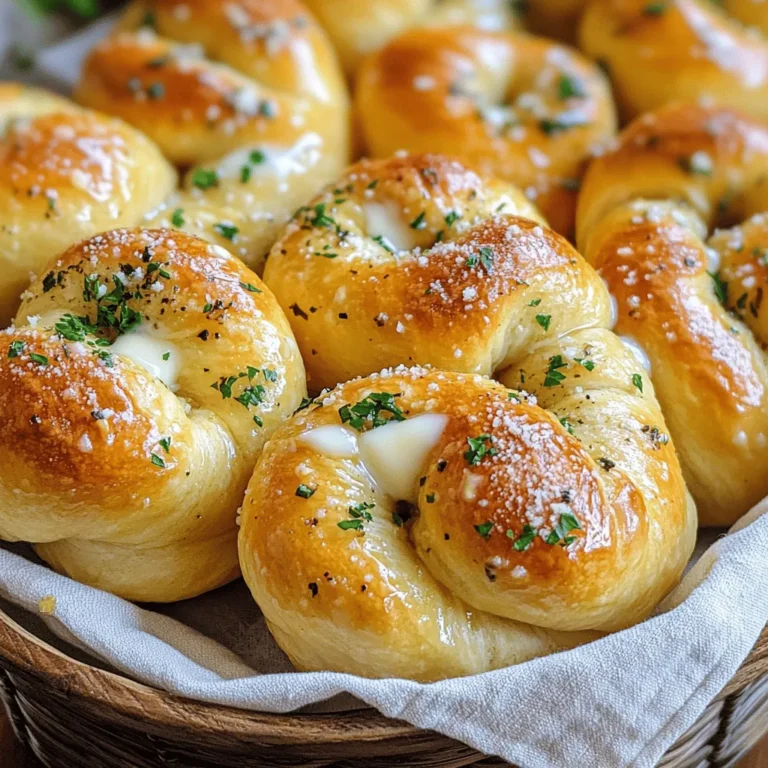 To make garlic knots that satisfy any craving, gather these simple ingredients: - 2 cups all-purpose flour - 1 teaspoon instant yeast - 1 teaspoon sugar - ¾ teaspoon salt - ¾ cup warm water (about 110°F) - 2 tablespoons olive oil (plus extra for brushing) - 4 cloves garlic, minced - ¼ cup unsalted butter, melted - 2 tablespoons fresh parsley, chopped - ½ teaspoon dried oregano - ½ teaspoon red pepper flakes (optional) - Grated Parmesan cheese for garnish (optional) These ingredients work together to create tender knots that burst with flavor. The all-purpose flour gives the right texture, while instant yeast ensures a quick rise. Sugar feeds the yeast, helping the dough become light and airy. Warm water activates the yeast, making the dough rise perfectly. Olive oil adds richness, and garlic brings that strong, savory kick. Fresh parsley and dried oregano boost the taste, while red pepper flakes give a little heat if you like. Finally, Parmesan cheese can elevate the dish, adding a salty finish when you sprinkle it on top. For full preparation details, don't forget to check the Full Recipe. 1. Mixing and forming the dough: Start by taking a big bowl. Add 2 cups of all-purpose flour, 1 teaspoon of instant yeast, 1 teaspoon of sugar, and ¾ teaspoon of salt. Mix these dry ingredients well. Now, slowly pour in ¾ cup of warm water and 2 tablespoons of olive oil. Stir until you see a soft dough form. 2. Kneading and rising process: Place your dough on a lightly floured surface. Knead it for about 5 minutes until it feels smooth and elastic. Next, put the dough in a greased bowl. Cover it with a clean kitchen towel. Let it rise in a warm spot for about 1 hour or until it doubles in size. 3. Shaping the garlic knots: Once your dough has risen, punch it down gently. Move it to a floured surface and divide it into 12 equal pieces. Roll each piece into a rope about 6-8 inches long. Tie each rope into a knot and place them on a baking sheet lined with parchment paper. 1. Preheat the oven: While the dough rises, preheat your oven to 425°F (220°C). This helps the knots bake evenly. 2. Baking times and visual cues for doneness: Place the knots in the oven and bake them for 12-15 minutes. Look for a golden brown color on the knots. This is your sign that they are ready! 1. Applying the garlic butter mixture: In a small bowl, combine ¼ cup of melted unsalted butter, 4 cloves of minced garlic, 2 tablespoons of chopped fresh parsley, ½ teaspoon of dried oregano, and ½ teaspoon of red pepper flakes if you want a kick. Brush this mixture generously over the knots right after they come out of the oven. 2. Optional garnishes: For an extra touch, sprinkle some grated Parmesan cheese on top of the knots. You can also add more chopped parsley for color. Enjoy these tasty garlic knots and share them with friends or family! For more details, check the Full Recipe. Kneading your dough is key for great garlic knots. It helps develop gluten, which gives the knots their chew. Knead for about five minutes until smooth. Letting the dough rise is just as important. Place it in a warm spot, around 75-80°F. This helps the yeast grow and makes your knots light and fluffy. You can play with herbs and spices to make your knots unique. Try adding fresh basil or thyme for a twist. Red pepper flakes can add a nice kick if you like spice. Customizing your garlic butter mixture is also fun. Mix in some grated Parmesan or a dash of lemon zest. These little changes can make a big difference in flavor. Serve your garlic knots warm for the best taste. Place them in a breadbasket lined with a soft napkin. This keeps them cozy and inviting. Get creative with serving ideas. Offer dips like marinara sauce or garlic aioli. This adds a fun element and enhances the eating experience. For the full recipe, check the complete guide to making flavorful garlic knots. {{image_2}} You can play with garlic knots in fun ways. One tasty option is to add cheese. Try stuffing the dough with mozzarella. As the knots bake, the cheese melts and makes the center gooey. You’ll love the stretchy cheese paired with garlic. Another fun twist is to make spicy garlic knots. Just add more red pepper flakes to the garlic butter mix. This will give your knots a nice kick. You can also add jalapeños for extra heat. These spicy knots are perfect for those who enjoy bold flavors. If you need a gluten-free option, try using gluten-free flour. Look for blends that can replace all-purpose flour. They work well and keep the texture light. You may need a bit more water, so adjust as needed. For vegan garlic knots, simply swap out the butter with olive oil. Use a plant-based cheese if you're adding cheese. This way, you can enjoy the same great taste while sticking to your diet. Garlic knots have a few regional twists. In New York, you often find them served with marinara sauce. This tasty dip adds a nice touch to the soft knots. In Italy, you might see them served with fresh herbs or different cheeses. Each culture brings its own flair to this classic treat. For a complete guide, check out the Full Recipe. To keep your garlic knots fresh, store them right. First, let them cool completely. This step helps prevent steam from making them soggy. - Refrigeration tips: Place the cooled knots in an airtight container. They stay fresh for up to three days in the fridge. If you want to enjoy them longer, consider freezing. - Freezing instructions: Wrap the knots tightly in plastic wrap. Then, put them in a freezer-safe bag. They can last for up to three months in the freezer. When you're ready to eat them, just thaw and reheat. To enjoy your garlic knots again, reheating is key. You want them warm and soft, not dry. - Best ways to reheat for optimal taste: The oven works best. Preheat the oven to 350°F (175°C). Place the knots on a baking sheet and heat for about 10 minutes. This method keeps them crispy on the outside. - Avoiding sogginess: If you use a microwave, be careful. Heat them for just 10-15 seconds. Too much time can make them chewy and soggy. If you want to avoid this, cover them with a paper towel to help keep some moisture away. For more delicious meals, check out the Full Recipe for flavorful garlic knots! How to prevent garlic knots from becoming tough? To keep your garlic knots soft, knead the dough gently. Over-kneading can make them tough. Also, ensure you let the dough rise until it doubles in size. This helps the knots stay light. Can I make dough ahead of time? Yes! You can make the dough and let it rise. After the first rise, cover it and place it in the fridge. Use it within 24 hours. Just let it come to room temperature before shaping. What can I serve garlic knots with? Garlic knots pair well with marinara sauce for dipping. They also go great with soups and salads. Try serving them with a fresh garden salad for a complete meal. Why are my garlic knots flat? Flat garlic knots may come from not enough rising time. Make sure your dough doubles in size. Also, if you roll the knots too thin, they won't puff up while baking. How to adjust for high altitude baking? At high altitudes, you may need to reduce yeast slightly. Increase the flour by a couple of tablespoons to achieve the right dough consistency. Monitor the rising time, as it can vary. In this post, we covered how to make delicious garlic knots. You learned about the ingredients, the step-by-step process, and key tips for perfect results. Remember to knead well for the right texture and feel free to customize with your favorite herbs. Whether you want to store them or create variations, the options are endless. Enjoy your warm garlic knots with dips or as a side. With a bit of practice, you can impress friends and family anytime. Happy baking!