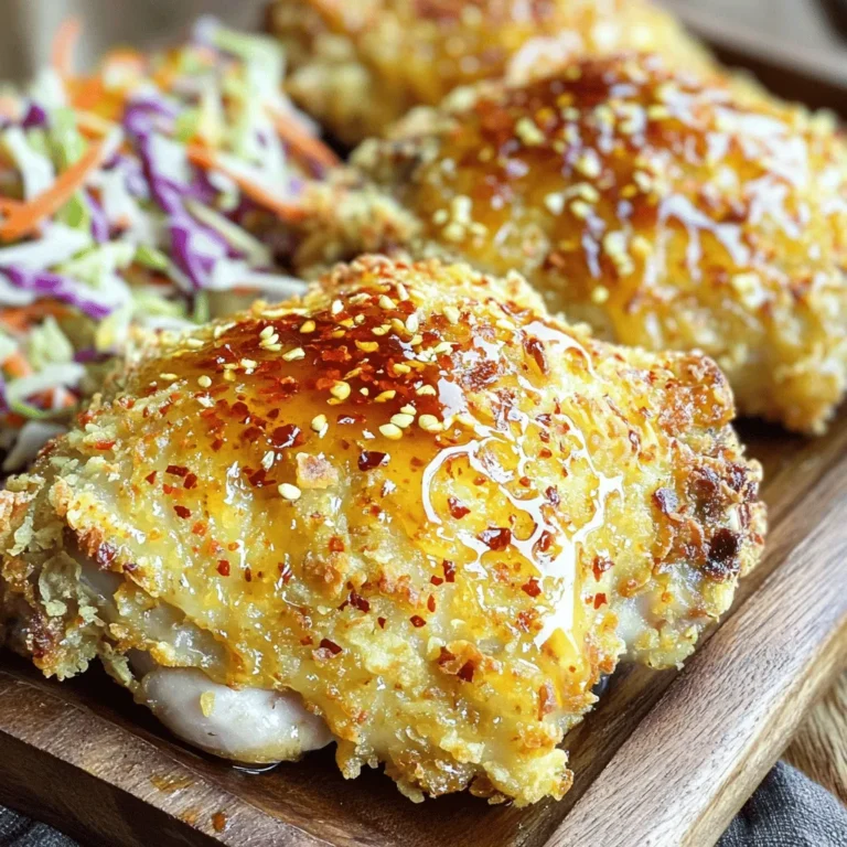 - 1.5 lbs chicken thighs, skinless and boneless - 1 cup buttermilk - 1 tablespoon hot sauce (adjust to taste) - 1.5 cups all-purpose flour - 1 cup regular breadcrumbs (for crunch) - 1 teaspoon garlic powder - 1 teaspoon onion powder - 1 teaspoon paprika - 1 teaspoon salt - ½ teaspoon black pepper - ½ teaspoon cayenne pepper (optional for extra heat) The main ingredients offer a tasty base. Chicken thighs are juicy and flavorful. The buttermilk and hot sauce marinade tenderizes the meat and adds spice. The blend of seasonings in the dry mixture gives the chicken its unique taste. - ½ cup honey - 2 tablespoons apple cider vinegar - 1 teaspoon chili flakes (for garnish) The hot honey sauce brings a sweet and spicy kick. Honey adds sweetness, while apple cider vinegar gives it a tangy twist. Chili flakes on top add heat and a pop of color. This sauce turns the chicken into a showstopper on your table. For the complete recipe, check out the [Full Recipe]. Marination is key for adding flavor. The buttermilk and hot sauce mix tenderizes the chicken. It also infuses it with a spicy, tangy taste. I suggest marinating for at least one hour. If you can, let it sit overnight in the fridge. This extra time boosts the flavor even more. Set your oven to 400°F (200°C) to preheat. In one shallow dish, mix together the flour and spices. You’ll add garlic powder, onion powder, paprika, salt, pepper, and cayenne pepper. Next, place the breadcrumbs in a second shallow dish. These steps set up a great breading station for the chicken. Once breaded, place the chicken on a wire rack over a baking sheet. This helps it cook evenly. Bake the chicken for about 25-30 minutes. The goal is for it to reach 165°F (75°C) inside and turn golden brown outside. While it bakes, make the hot honey sauce. In a small saucepan, mix honey and apple cider vinegar. Heat it gently and stir in chili flakes. Simmer for about 5 minutes. When the chicken is done, drizzle the hot honey sauce on top. Then, return it to the oven for another 5 minutes. This step ensures the glaze sticks. Enjoy this flavorful Baked Crunchy Hot Honey Chicken! For the complete guide, check out the Full Recipe. Marinating chicken is key for flavor. I suggest marinating for at least one hour. For the best results, let it sit overnight. This allows the buttermilk and hot sauce to tenderize the meat. The longer it marinates, the juicier and tastier it gets. Use a covered bowl in the fridge to keep it fresh. To get that crunchy coating, follow a few simple steps. First, use a wire rack for baking. This keeps the air flowing around the chicken, making it crispy. Also, press the breadcrumbs firmly onto the chicken. This helps them stick better. Lastly, avoid overcrowding the baking sheet. Each piece needs space to get crispy. You can customize the heat to fit your taste. If you like it mild, skip the cayenne pepper. For more spice, add extra hot sauce in the marinade. You can also increase the chili flakes in the hot honey sauce. Taste as you go to find your perfect balance. This dish can be as hot or mild as you want! {{image_2}} You can switch the chicken thighs for chicken breasts or wings. Each cut offers a unique texture and flavor. If you prefer plant-based options, try using tofu. Tofu will soak up the marinade well, yielding a tasty dish. Just press it to remove excess water before marinating. To add depth, consider using different sauces or spices. Try BBQ sauce for a smoky twist or teriyaki sauce for a sweet flavor. You can also mix in fresh herbs like rosemary or thyme. For those who love heat, add more hot sauce or use a spicy seasoning blend. This chicken pairs well with many sides. Try serving it with coleslaw for crunch and creaminess. Roasted vegetables, like carrots and broccoli, complement the sweet heat of the chicken. You can also serve it with rice or mashed potatoes to balance the flavors. For the full recipe, check out the details above! To store leftovers safely, let the chicken cool first. Place it in an airtight container. You can keep it in the fridge for up to three days. Make sure to separate pieces with paper towels. This will help keep the coating crunchy. To freeze baked chicken, let it cool completely. Wrap each piece in plastic wrap tightly. Then, place them in a freezer-safe bag. Squeeze out as much air as you can. You can freeze it for up to three months. For best results, label the bag with the date. To reheat, use the oven for the best texture. Preheat it to 375°F (190°C). Place the chicken on a baking sheet. Heat for about 15-20 minutes. You can also use an air fryer at 350°F (175°C) for about 10 minutes. This will help keep the chicken crispy. To make this dish gluten-free, use gluten-free flour and gluten-free breadcrumbs. These substitutes work well and keep the crunch. - Gluten-free flour (like almond or rice flour) - Gluten-free breadcrumbs (check the label) Switching to these options will help you enjoy the same great taste. Yes, you can prepare the chicken ahead of time. Marinate the chicken thighs the night before. This allows the flavors to really soak in. - Store the marinated chicken in the fridge. - Bread the chicken just before baking. This way, you save time and still get a delicious meal. Yes, air frying is a great option! Adjust the cooking time and temperature for the best results. - Preheat your air fryer to 375°F (190°C). - Cook the breaded chicken for about 15-20 minutes. Check the internal temperature to ensure it reaches 165°F (75°C). This method gives you a crispy finish without the extra oil. This blog post shared how to make delicious baked chicken with hot honey sauce. You learned about key ingredients, from chicken thighs to the sweet and spicy glaze. Marinating boosts flavor while the right breading creates crunch. Use our tips to adjust spice levels and try different proteins or sauces. Store leftovers safely and reheat them for the best texture. Enjoy experimenting with this recipe, and make it your own. Happy cooking!