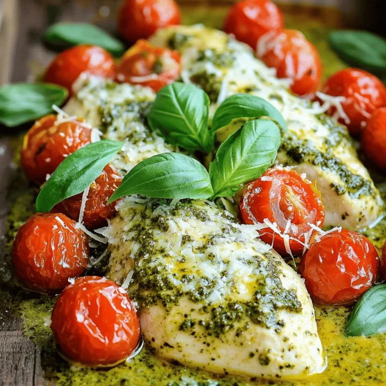 - 4 boneless, skinless chicken breasts - 1 cup heavy cream - 1/2 cup homemade or store-bought basil pesto - 1 cup cherry tomatoes, halved - 2 tablespoons olive oil - 3 cloves garlic, minced - 1/2 teaspoon red pepper flakes (optional) - Salt and pepper to taste - Fresh basil leaves for garnish - Grated Parmesan cheese for serving When I cook, I love using fresh, high-quality ingredients. Each item in this list plays a vital role in the dish. The chicken breasts stay moist and tender, while the cream and pesto create a rich, flavorful sauce. The sweet roasted tomatoes add a burst of flavor that complements the creaminess. If you're looking for alternatives to heavy cream, consider using coconut milk or cashew cream. Both options provide a creamy texture without dairy. For the pesto, you can try sun-dried tomato pesto or arugula pesto if you want a twist on the classic flavor. Some great herbs to pair with this dish include: - Thyme - Oregano - Parsley These herbs enhance the flavors in the creamy pesto chicken. They add a fresh taste that brightens the meal. You can sprinkle these herbs on top before serving to make your dish even more appealing. For the full recipe, including preparation and cooking steps, check out the [Full Recipe]. - Preheat your oven to 400°F (200°C). This helps roast the tomatoes perfectly. - On a baking sheet, toss halved cherry tomatoes with 1 tablespoon of olive oil, salt, and pepper. If you like a little heat, add red pepper flakes. Spread them out in a single layer. - Season the chicken breasts with salt and pepper. This simple step adds great flavor. - In a large skillet over medium-high heat, add 1 tablespoon of olive oil. Once hot, add the chicken. Cook for about 5-7 minutes on each side until golden brown. - Make sure the chicken is cooked through. The internal temperature should reach 165°F (74°C). - In the same skillet, lower the heat to medium. Add minced garlic and sauté for 1-2 minutes until fragrant. - Pour in 1 cup of heavy cream and 1/2 cup of basil pesto, stirring to combine. Let the sauce simmer for 5 minutes. This helps it thicken slightly. - If your sauce isn’t thick enough, let it simmer longer. It will become creamy and rich. - Return the seared chicken breasts to the skillet. Coat them well in the creamy pesto sauce. - Let the chicken simmer in the sauce for an additional 3-5 minutes. This allows the flavors to meld. - For serving, place a bed of roasted tomatoes on a plate. Top it with a creamy pesto chicken breast. Spoon more sauce over the chicken if you desire. - Finish with grated Parmesan cheese and fresh basil leaves for a beautiful touch. For complete details on all steps, check the Full Recipe. To achieve the ideal cream sauce, focus on the heat. Start on medium, and mix your heavy cream with basil pesto. Stir well to combine. Let it simmer for about five minutes. This helps thicken the sauce. If it feels too thin, cook it a bit longer. For flavor enhancers, consider adding a squeeze of lemon juice. It brightens the dish. You can also mix in a pinch of salt and pepper. This elevates the flavor. A sprinkle of grated Parmesan cheese can add depth too. To cook juicy chicken, always sear it in a hot pan. This creates a nice golden crust. Cook each side for about five to seven minutes. Avoid moving the chicken too much while it cooks. That way, it stays juicy inside. Common mistakes to avoid include overcooking the chicken. Use a meat thermometer. Aim for an internal temperature of 165°F. Also, don’t skip seasoning. A little salt and pepper make a big difference. Pair your creamy pesto chicken with roasted tomatoes. The sweet, tangy flavor complements the rich sauce. You can also serve it over pasta or rice. Both options soak up the sauce well. For presentation, use a white plate. It highlights the vibrant colors of the dish. Garnish with fresh basil leaves and a sprinkle of Parmesan cheese. This adds a touch of elegance and makes the dish pop. For the full recipe, check out the earlier section. Enjoy your cooking adventure! {{image_2}} You can make this dish lighter by using low-fat cream options. Look for options like half-and-half or coconut cream. These alternatives still add creaminess without too many calories. Adding extra vegetables is another way to boost nutrition. Consider bell peppers, spinach, or zucchini. These veggies add color and flavor while keeping it healthy. You can spice up your creamy pesto chicken with new seasonings. Try adding lemon zest for a fresh twist. Fresh herbs like thyme or oregano can also enhance the dish. If you enjoy heat, consider a spicy version. Adding more red pepper flakes or even jalapeños will kick up the flavor. You can swap the basil pesto for sun-dried tomato or arugula pesto for a different taste. You can change how you cook this dish for more variety. An Instant Pot makes it quick and easy. Simply follow the same steps but use the pressure setting for about 10 minutes. A slow cooker is another option. Cook the chicken on low for 6-8 hours for tender results. Grilling the chicken instead of searing gives it a smoky flavor. Just be sure to watch it carefully to avoid drying it out. For the full recipe, check out the [Full Recipe]. To keep your creamy pesto chicken fresh, store leftovers in an airtight container. Place the chicken and roasted tomatoes together for the best flavor. Refrigerate the dish within two hours of cooking. This will help prevent bacteria growth. If you made extra sauce, store it separately. This keeps the chicken from getting soggy. You can freeze creamy pesto chicken for later. Just make sure it cools before you freeze it. Place it in a freezer-safe container. Use it within three months for the best taste. When ready to eat, thaw it overnight in the fridge. This keeps it safe and tasty. Reheat your creamy pesto chicken in a skillet over low heat. This method keeps the sauce creamy. Stir it gently to avoid drying out the chicken. You can also use the microwave. Just cover the dish to keep moisture in. Heat in short bursts until warm, checking often. Enjoy your meal as if it was fresh from the oven! It takes about 15 minutes to prep and 30 minutes to cook. You can have this meal ready in just 45 minutes. This includes roasting the tomatoes and cooking the chicken. Yes, you can use store-bought pesto. It saves time and still tastes great. However, homemade pesto often has a fresher flavor. You can control the ingredients and adjust the taste to your liking with homemade. Several sides go well with this dish. Here are some ideas: - Garlic bread for a crunchy contrast. - A simple green salad to add freshness. - Roasted vegetables for extra nutrients. - Pasta to soak up the creamy sauce. Yes, you can make it dairy-free. Use coconut cream or cashew cream instead of heavy cream. For cheese, try nutritional yeast or a dairy-free cheese. These swaps keep the meal creamy and tasty without dairy. To add heat, include more red pepper flakes. You can also add diced jalapeños or a dash of hot sauce. Adjust according to your spice level preference for a personalized touch. This blog post guides you through making Creamy Pesto Chicken with Roasted Tomatoes. We covered ingredients, cooking steps, and variations. You learned about healthy swaps and how to store leftovers. Follow the tips to perfect your dish and impress your guests. Cooking can be simple and fun. Enjoy this recipe as a delicious and versatile option for any meal. With these insights, you can create great food every time!