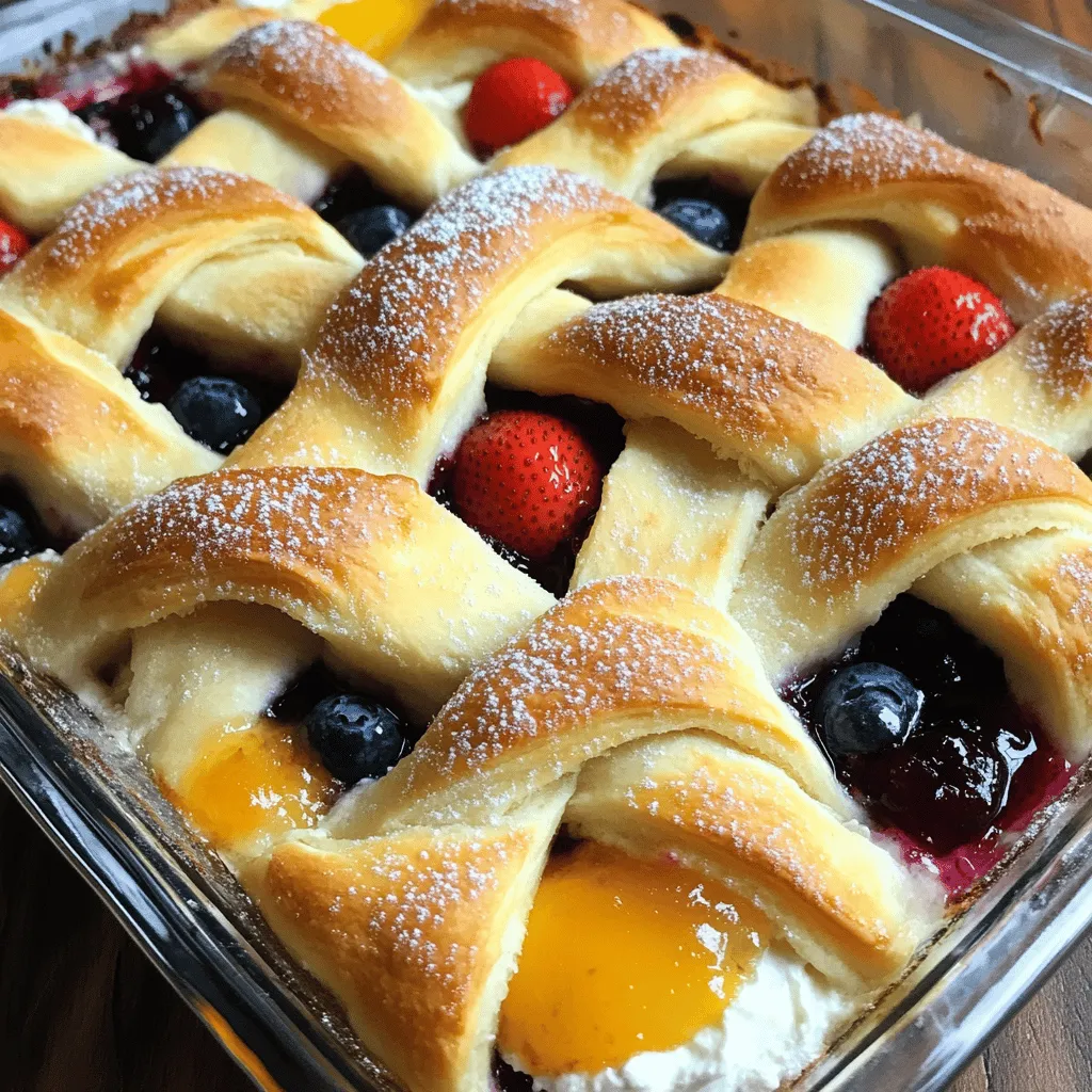 - 2 cans (8 oz each) refrigerated crescent roll dough - 2 (8 oz) packages cream cheese, softened - 1 cup granulated sugar - 1 teaspoon vanilla extract - 3 large eggs - 1 cup sour cream - 1 tablespoon lemon juice - ½ cup blueberry or strawberry preserves (optional) - Powdered sugar for dusting (optional)