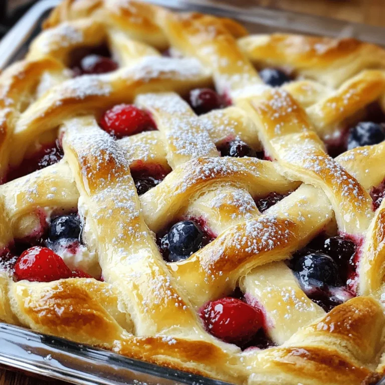 - 2 cans (8 oz each) refrigerated crescent roll dough - 2 (8 oz) packages cream cheese, softened - 1 cup granulated sugar - 1 teaspoon vanilla extract - 3 large eggs - 1 cup sour cream - 1 tablespoon lemon juice - ½ cup blueberry or strawberry preserves (optional) - Powdered sugar for dusting (optional)
