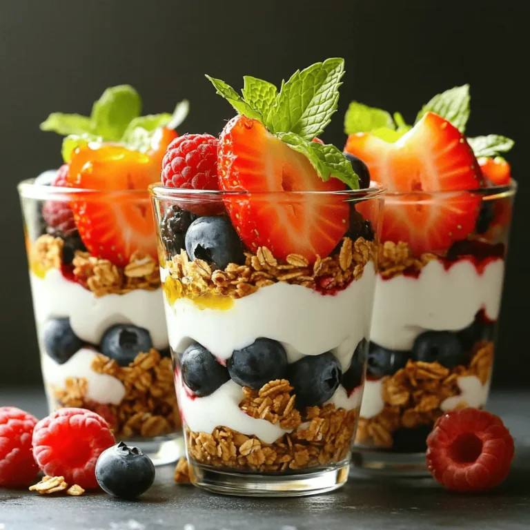 For this parfait, use fresh berries. I love a mix of: - 1 cup strawberries, hulled and sliced - 1 cup blueberries, plump and juicy - 1 cup raspberries, tart and sweet - 1 cup blackberries, bold and delicious These berries bring bright colors and fresh flavors. You can mix and match based on what is in season or what you like best. Yogurt is key to a creamy parfait. Choose from: - 2 cups Greek yogurt, plain for tang - 2 cups Greek yogurt, vanilla for sweetness Greek yogurt adds thickness and protein. If you pick plain yogurt, add: - 2 tablespoons honey or maple syrup, to sweeten - 1 teaspoon vanilla extract, for extra flavor Granola adds crunch to your parfait. I recommend: - 1 cup nutty granola, for rich taste - You can also try other types like fruity or chocolate granola Granola adds a nice texture and blends well with the creamy yogurt and juicy berries. Feel free to choose your favorite! For the full recipe, check out Spring Berry Parfait. Start with fresh berries. Rinse them gently in cool water. Pat them dry with a soft towel. If you have strawberries, remove the green tops and slice them into smaller pieces. Keep the smaller berries whole. This adds texture and color to your parfait. Use a mix of strawberries, blueberries, raspberries, and blackberries for the best flavor. Grab a medium bowl. Add the Greek yogurt to it. If you want, use plain yogurt or vanilla yogurt. Next, add honey or maple syrup to the yogurt. Start with two tablespoons. You can adjust it to your taste. If you chose plain yogurt, add one teaspoon of vanilla extract. Mix everything until it is smooth and creamy. Now, let’s build your parfait! Take clear serving glasses or bowls. Start with a layer of yogurt. Use about 1/4 cup of yogurt for each serving. Then, sprinkle about 2 tablespoons of granola on top. This gives a nice crunch. Next, add a layer of mixed berries. Use about 1/3 cup for this layer. Make it colorful and fun! Repeat these layers until your glass is full. Finish with a layer of mixed berries on top. To make it special, add a fresh mint leaf for garnish. This gives a nice pop of green. If you want, chill the parfaits for about 30 minutes. This helps the flavors blend together. Enjoy this fun and tasty Spring Berry Parfait with your friends and family. For the full recipe, check the recipe card! Use clear glass cups for your parfaits. This lets you see the bright colors of the berries and layers. Aim for neat, even layers. Start with yogurt, then granola, and top with berries. A little mint leaf adds a nice touch. This small detail makes your dish look fancy. Chilling your parfaits enhances their taste. If you have time, let them sit for about 30 minutes in the fridge. This helps the flavors mix and taste even better. The yogurt gets a little firmer too, which is nice for texture. You can serve the parfaits as a snack, breakfast, or dessert. Pair them with a warm drink for breakfast or serve them after dinner. Each parfait is easy to grab, making them great for parties. You can also offer a variety of toppings for guests to choose from. This lets everyone customize their parfait just the way they like it. For the complete recipe, check out the full recipe section. {{image_2}} You can switch up the berries in this parfait for other fruits. Try using sliced bananas for a creamy texture. Peaches add a sweet, fragrant taste. Mango chunks bring a tropical twist. Pineapple can add a zingy flavor. Mix and match fruits for fun combinations. Just remember to keep the balance of sweet and tart. If you want a dairy-free parfait, there are great choices. Use coconut yogurt or almond yogurt instead of Greek yogurt. Both options offer a creamy base without any dairy. You can also try cashew yogurt for a rich taste. These swaps keep your parfait delicious and friendly for those avoiding dairy. To boost flavor, consider adding spices or extracts. Cinnamon or nutmeg can bring warmth to the yogurt. A splash of orange juice adds brightness. You could also fold in some lemon zest for a refreshing touch. These simple changes make each bite exciting and unique. For extra crunch, try adding nuts or seeds between the layers. Find the complete recipe for this delightful Spring Berry Parfait [Full Recipe]. You can keep your Spring Berry Parfait in the fridge for up to two days. Just cover the parfaits with plastic wrap or a lid. This helps keep them fresh and tasty. The berries will stay firm, and the yogurt will remain creamy. For long-term storage, consider freezing the layers separately. You can freeze the yogurt in an airtight container. The berries can also go into a freezer bag. Granola should stay dry, so keep it in a separate container. You can assemble the parfait later when ready to eat. To keep your parfait fresh, layer right before serving. If you make it ahead, add the granola just before you eat. This way, it stays crunchy. Always store your parfaits in the coldest part of the fridge. This helps keep flavors bright and delicious. For full details on making this recipe, refer to the Full Recipe. Yes, you can use frozen berries in your parfait. Just make sure to thaw them first. Thawing helps keep the texture nice. It also allows the berries to release some juice, which adds flavor. Keep in mind that frozen berries can be softer than fresh ones. If you want a firmer bite, use fresh berries. To make a vegan parfait, swap the Greek yogurt for coconut yogurt or almond yogurt. You can also use maple syrup instead of honey. These options keep the parfait creamy and sweet. The fruits will still shine through, providing fresh taste. You won’t miss the dairy at all. If you don’t have granola, try nuts or seeds. Chopped almonds or walnuts add crunch. You can also use toasted coconut for a sweet twist. If you prefer a lighter option, use puffed rice or oats. Each choice will bring its own flavor and texture to the parfait. For the full recipe, check out the comprehensive guide above. This blog post shared key steps to make a delicious parfait. We explored fresh berries, yogurt choices, and granola options. I explained how to prepare, sweeten, and layer your parfait. We discussed tips for good looks, chilling, and serving ideas. You learned about variations like using different fruits and dairy-free options. Lastly, I covered storage tips to keep your parfait fresh. Enjoy your parfait adventure, and feel free to experiment with flavors!