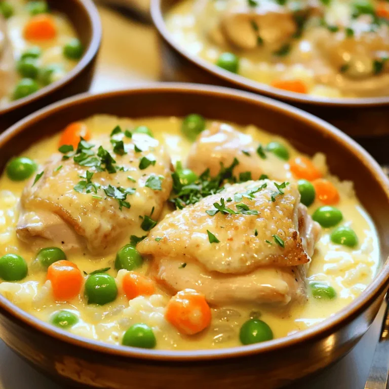 To create creamy chicken and rice, you need a few key ingredients: - 2 cups cooked white rice - 1 lb boneless, skinless chicken thighs, cut into bite-sized pieces - 1 cup chicken broth - 1 cup heavy cream - 1 cup frozen peas and carrots mix - 1 medium onion, diced - 3 cloves garlic, minced - 2 tablespoons olive oil - 1 teaspoon dried thyme - 1 teaspoon paprika - Salt and pepper to taste - Fresh parsley, chopped (for garnish) These ingredients come together to make a rich and hearty dish. You can easily swap some ingredients for others based on what you have: - Chicken: Use chicken breast instead of thighs for a leaner option. - Rice: Brown rice adds more fiber. Just cook it longer. - Cream: Substitute with half-and-half for a lighter creaminess. - Vegetables: Fresh veggies like bell peppers or spinach can add great flavor. - Herbs: Try using Italian seasoning if you don't have thyme. These substitutions can change the dish slightly but keep it tasty. To boost the flavor of creamy chicken and rice, focus on quality: - Chicken Broth: Use low-sodium broth for better control over salt. - Heavy Cream: Full-fat cream gives the best richness. - Fresh Garlic: Fresh minced garlic adds a punch compared to garlic powder. - Seasonings: Fresh herbs can brighten the dish even more. Using these top-notch ingredients makes your dish shine. For the full recipe, check out the link provided. To make creamy chicken and rice, gather your ingredients first. You will need: - 2 cups cooked white rice - 1 lb boneless, skinless chicken thighs, cut into bite-sized pieces - 1 cup chicken broth - 1 cup heavy cream - 1 cup frozen peas and carrots mix - 1 medium onion, diced - 3 cloves garlic, minced - 2 tablespoons olive oil - 1 teaspoon dried thyme - 1 teaspoon paprika - Salt and pepper to taste - Fresh parsley, chopped (for garnish) Start by cooking the rice if you haven’t done it yet. This dish uses cooked rice, so it saves time. Heat olive oil in a large skillet over medium-high heat. Add the diced onion and cook until soft, about 3 to 4 minutes. Then, add minced garlic and cook for another minute. This step adds great flavor to your dish. Next, stir in the chicken thighs. Season them with thyme, paprika, salt, and pepper. Cook until the chicken is browned on all sides, which takes about 5 to 7 minutes. This browning creates a deep flavor base. Now, pour in the chicken broth. Bring it to a simmer, then reduce the heat to medium-low. Let the chicken cook for about 10 minutes. This helps the chicken absorb the broth. After the chicken is cooked through, add the heavy cream. Mix well and let it simmer for another 5 minutes. This step makes your dish rich and creamy. Lastly, add the cooked rice and frozen peas and carrots. Stir to combine and heat everything through for about 3 to 4 minutes. Taste the dish and adjust seasoning if needed. For best results, keep an eye on the heat. Medium-high heat helps brown the chicken well. Lowering the heat to medium-low is key when simmering. It prevents burning and ensures even cooking. The total time for this recipe is about 30 minutes. Prep time is 15 minutes. This quick timing makes it great for a weeknight dinner. Serve the creamy chicken and rice in shallow bowls. Garnish with freshly chopped parsley. This adds color and freshness to your meal. Enjoy your simple comfort food delight! When making creamy chicken and rice, avoid overcooking the chicken. If you cook it too long, it becomes dry. Also, don’t skip the heavy cream; it adds richness. Lastly, ensure your rice is cooked before adding it. This helps keep the dish creamy. To get the best texture, use full-fat heavy cream. It makes the dish rich and smooth. Stir in the cream slowly and let it simmer gently. This helps it blend well with the broth. Adding a splash of broth can also help if it thickens too much. I love serving creamy chicken and rice with a fresh salad. A light green salad adds a nice crunch. You can also pair it with crusty bread. It’s perfect for soaking up the sauce. For a twist, top it with crispy fried onions for extra flavor. For the full recipe, check out the Creamy Chicken and Rice Delight section above. {{image_2}} You can make this dish in an Instant Pot for a fast meal. Start by using the sauté function. Cook the onions and garlic in olive oil. Then add the chicken, broth, and spices. Lock the lid and cook on high pressure for 10 minutes. After cooking, carefully release the steam. Stir in the heavy cream, rice, and peas and carrots. Let it sit for a few minutes to thicken. A slow cooker is great for busy days. Brown the chicken and onions in a pan first. Then transfer them to the slow cooker. Add the broth, garlic, and spices. Cook on low for 6 hours or high for 3 hours. In the last 30 minutes, stir in the cream, rice, and peas and carrots. This will make a rich and tasty meal. You can easily adjust this recipe for special diets. For gluten-free, use gluten-free broth and check your rice. If you want it dairy-free, swap heavy cream for coconut milk or almond milk. You can also use dairy-free cream cheese for added creaminess. Both options keep the dish flavorful and comforting. For the complete recipe, you can refer to the Full Recipe section. To store leftovers of creamy chicken and rice, let it cool first. This helps keep the food fresh. Once cool, place it in an airtight container. It’s best to use glass or BPA-free plastic containers. Label the container with the date. This way, you know how long it lasts. Leftovers can stay fresh in the fridge for up to three days. To reheat creamy chicken and rice, use the stove or microwave. If using the stove, add a splash of chicken broth or water to keep it moist. Heat over low to medium heat, stirring often. This helps to avoid burning. If using the microwave, cover the bowl with a lid or microwave-safe wrap. Heat in short bursts, about one minute at a time, stirring in between. This ensures even heating. You can freeze creamy chicken and rice for up to three months. To do this, place cooled leftovers in a freezer-safe bag or container. Remove as much air as possible to prevent freezer burn. When ready to eat, thaw in the fridge overnight. Reheat as mentioned above. The texture may change slightly after freezing, but the flavors remain great. For the full recipe, check the section above. To make creamy chicken and rice healthier, you can swap some ingredients. Use low-fat cream instead of heavy cream. This change cuts the fat but keeps the creaminess. You can also add more vegetables. Try adding spinach or broccoli for extra nutrients. Another option is to use whole grain rice. It has more fiber than white rice, which is good for your body. Yes, you can use brown rice! Brown rice adds a nutty flavor and has more fiber. Keep in mind that brown rice takes longer to cook. You will need to adjust the cooking time in the recipe. Cook the brown rice first, then mix it with the creamy chicken mixture. This will help blend the flavors well. Creamy chicken and rice pairs well with several sides. A fresh green salad adds crunch and color. Roasted vegetables are also great because they add flavor and nutrients. You can serve crusty bread for dipping, too. Garlic bread is a popular choice. Each side brings its own taste, making your meal even better. For the full recipe, check the Creamy Chicken and Rice Delight section above. This article covers everything you need to make creamy chicken and rice. You learned about the best ingredients and how to cook them right. Avoid common mistakes to achieve that creamy texture. I also shared ways to change the recipe for different diets. Lastly, proper storage and reheating tips will help you enjoy leftovers. Keep these insights in mind as you cook. With a little care, your dish will impress everyone. Enjoy your cooking journey!