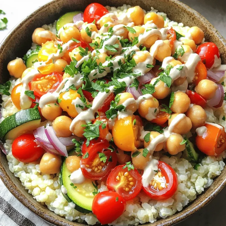 - 1 medium head of cauliflower, riced - 1 tablespoon olive oil - 1 teaspoon cumin - 1 teaspoon smoked paprika - 1 bell pepper, diced (any color) - 1 small red onion, diced - 1 zucchini, diced - 1 cup cherry tomatoes, halved - 1 cup chickpeas, drained and rinsed - 2 tablespoons tahini - 2 tablespoons lemon juice - Salt and pepper to taste - Fresh parsley, chopped, for garnish The main star of this dish is the riced cauliflower. It gives a light and fluffy base. I love how it soaks up flavors from spices and veggies. The olive oil adds a nice richness and helps the spices stick. Spices like cumin and smoked paprika bring warmth and depth. Next, we add colorful vegetables. Bell peppers add crunch and sweetness. Red onion gives a sharp, savory taste. Zucchini adds a nice texture. Cherry tomatoes burst with juicy flavor. The chickpeas provide protein and a satisfying bite. Finally, the tahini dressing ties everything together. It adds creaminess and tang. A squeeze of lemon juice brightens the dish. This bowl is not just healthy; it's a feast for the senses. You can find the Full Recipe above for this vibrant cauliflower rice bowl. Enjoy your cooking! First, take your medium head of cauliflower. Remove the outer leaves and stem. Cut it into small florets. Now, you can rice the cauliflower using a food processor. Pulse the florets until they look like grains of rice. If you don’t have a food processor, use a box grater to achieve the same effect. Next, heat one tablespoon of olive oil in a large skillet over medium heat. Add the diced red onion and bell pepper. Sauté for about five minutes. You want them to soften a bit before adding more ingredients. Now it's time to add some flavor. Stir in one teaspoon of cumin and one teaspoon of smoked paprika. Cook for another minute. This step toasts the spices and brings out their taste. After that, add the diced zucchini. Cook it for three to four minutes. You want the zucchini to become tender but not mushy. Once that's done, add your riced cauliflower and one cup of drained and rinsed chickpeas. Remember to season with salt and pepper. Stir well and cook for about five to six minutes. The cauliflower should be tender by now. While your cauliflower mix cooks, let’s make the tahini dressing. In a small bowl, whisk together two tablespoons of tahini and two tablespoons of lemon juice. If the dressing is too thick, add a little water. Stir until you reach your desired consistency. Once the cauliflower rice is ready, remove it from the heat. Stir in one cup of halved cherry tomatoes. This adds freshness to the dish. Now, you can spoon the cauliflower rice mixture into bowls. Drizzle with the tahini dressing and garnish with chopped parsley for a burst of flavor. For the full recipe, check [Full Recipe]. Enjoy your tasty and colorful cauliflower rice bowl! To avoid mushy cauliflower rice, start with fresh cauliflower. When you rice it, aim for small, even pieces. If the pieces are too small, they may turn mushy. Cook the cauliflower on medium heat, not high. Stir it gently, and make sure it cooks evenly. This helps maintain a nice, firm texture. Want more flavor? Try adding spices like garlic powder or chili flakes. Fresh herbs like cilantro or basil can also add great taste. If you prefer a different dressing, consider yogurt or balsamic vinaigrette. Both can make your bowl pop with flavor. Preparing ingredients ahead saves time. You can rice the cauliflower and chop veggies in advance. Store them in airtight containers in the fridge. For cooked cauliflower rice, let it cool before storing it. Keep it in the fridge for up to four days. This way, you’ll always have a quick meal option ready. Check out the Full Recipe for a delicious way to enjoy your bowl! {{image_2}} You can change up your cauliflower rice bowl with fresh veggies. Use seasonal vegetables like carrots, peas, or broccoli. These add color and flavor. Try adding creamy avocado or bright spinach for a fun twist. Both can make your meal richer and more filling. Explore different proteins to enhance your dish. You can use grilled chicken, shrimp, or steak for a meat option. If you prefer plant-based proteins, chickpeas are a great choice. Other options include tofu or tempeh. These can give your bowl a hearty texture and boost nutrition. Add crunch with nut and seed toppings. Try almonds, sunflower seeds, or pumpkin seeds for extra texture. Don't forget about sauces! A drizzle of soy sauce, sriracha, or homemade pesto can add a burst of flavor. You can also layer in fresh herbs like cilantro or basil for an extra pop. Check out the Full Recipe for more ideas! To store your cauliflower rice bowl leftovers, let it cool first. Place the rice in an airtight container. It keeps well in the fridge for up to four days. When you want to reheat, scoop out a serving. Use a microwave or a skillet on low heat. Stir occasionally to heat evenly. Add a splash of water if it feels dry. Freezing cooked cauliflower rice is simple. First, let it cool completely. Then, portion it into freezer-safe bags or containers. Remove as much air as you can before sealing. Label the bags with the date. It can last for up to three months in the freezer. To thaw, move the cauliflower rice to the fridge overnight. You can also thaw it in the microwave. Just use the defrost setting for a few minutes. When ready to use, heat it in a skillet or microwave until hot. Enjoy it in your next meal! Cauliflower rice is simply cauliflower that you chop into small pieces. It looks like rice but is lower in carbs. This veggie is packed with vitamins C and K. It also has fiber, which helps with digestion. Plus, cauliflower rice is gluten-free and great for weight loss. You can use it in many dishes. It makes a healthy base for meals, adding flavor and nutrients without extra calories. Yes, you can use frozen cauliflower rice. Frozen rice is convenient and saves time. It’s already cut, so you don't need to rice it yourself. However, it may have extra moisture. This can make your dish a bit watery. If you use frozen, make sure to thaw it first and squeeze out excess water. This helps keep your bowl from getting soggy. To boost flavor, try these tips: - Add fresh herbs like cilantro or parsley for a burst of taste. - Use spices like garlic powder or red pepper flakes for heat. - Drizzle with lemon juice or vinegar for a zingy kick. - Top with crunchy seeds or nuts for texture. - Serve with a tasty sauce, like tahini or yogurt, for added richness. These simple changes can make your cauliflower rice bowl shine. For the full recipe, check out the delicious steps above. In this blog post, we've explored how to create a delicious cauliflower rice bowl. You learned about the main ingredients, like riced cauliflower and chickpeas, and how to prepare them step by step. We also covered tips for perfect texture, flavor enhancements, and meal prep ideas. Finally, we shared variations to keep your meals fresh and exciting. Your cauliflower rice bowl can be a tasty, healthy meal with endless options. Try different veggies and proteins. Enjoy experimenting with flavors and toppings for your next bowl!