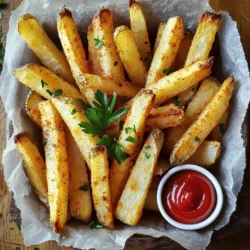 - 4 large russet potatoes - 3 tablespoons olive oil - 1 teaspoon garlic powder - 1 teaspoon onion powder - 1 teaspoon smoked paprika - ½ teaspoon sea salt - ¼ teaspoon black pepper - Fresh parsley, chopped (for garnish) Each ingredient serves a purpose. The russet potatoes give the fries their classic texture. Olive oil helps them crisp up in the oven. Garlic and onion powder add a nice flavor. Smoked paprika gives a hint of smokiness. Sea salt and black pepper enhance the taste. Finally, fresh parsley adds a pop of color and freshness. - Calories per serving: About 200 calories - Macronutrients breakdown: - Carbohydrates: 35g - Protein: 3g - Fats: 7g These fries are a fun treat. They are not just tasty, but also easy to make. Enjoy them as a side dish or snack. You can find the full recipe with all the steps to create these crispy treats. First, wash and peel the russet potatoes. I like to use large ones for more fries. Next, cut them into even thin strips, about 1/4 inch thick. This helps them cook evenly and get that nice crisp. Now, place the cut potatoes in a large bowl and soak them in cold water for at least 30 minutes. Soaking is key because it removes excess starch. This step makes the fries crispier when baked. After soaking, drain the potatoes and rinse them under cold water. Pat them dry with a kitchen towel. In the same bowl, toss the dried potatoes with olive oil, garlic powder, onion powder, smoked paprika, sea salt, and black pepper. Make sure every fry gets coated. Spread them in a single layer on a baking sheet. Bake at 425°F for 25-30 minutes. Flip the fries halfway through for even cooking. You want them golden brown and crispy! Finally, garnish with fresh parsley before serving. Enjoy these crispy oven-baked French fries from the Full Recipe. To make your fries crispy, start with drying them well after soaking. Excess moisture leads to soggy fries. After soaking your potatoes for 30 minutes, drain them and wash under cold water. Then, use a clean towel to pat them dry. This step is key. Next, set your oven to a high temperature of 425°F (220°C). This heat helps create a nice crust on the fries. Make sure they are spread out on the baking sheet with space in between. Crowding the fries will trap steam and make them less crispy. When your fries are done baking, consider dipping sauces to enhance flavor. Ketchup is a classic choice, but you can also try ranch, garlic aioli, or spicy sriracha mayo. Each dip adds a unique taste. For presentation, arrange the fries in a rustic basket lined with parchment paper. This simple touch makes them look appealing. Garnish with fresh parsley for a pop of color. Enjoy your crispy oven baked French fries! For the full recipe, check out the details above. {{image_2}} You can make crispy oven-baked French fries even more exciting by changing the flavors. Here are two easy ideas: - Using Different Spices: Try adding cayenne pepper for a kick. Italian herbs like oregano or basil can give a nice twist too. Mix and match spices to find your favorite blend. - Alternative Cooking Oils: While I love using olive oil, you can switch it up. Avocado oil is a great choice. It has a high smoke point and adds a unique taste. If you want to try something different, here are two alternatives for cooking your fries: - Air Fryer Version: An air fryer can make your fries crispy without much oil. Just toss the seasoned potato strips in the air fryer basket and cook at 400°F for about 15-20 minutes. Shake the basket halfway through for even cooking. - Frying Options: For a more traditional approach, you can deep fry your fries. Heat oil in a pot to 350°F. Fry the potato strips in small batches for 3-4 minutes or until golden brown. This gives you that classic fry flavor. For the full recipe, check out the instructions above. To keep your crispy oven-baked French fries fresh, use an airtight container. Glass or plastic containers with tight lids work best. Store them in the fridge for up to three days. After this time, the fries may lose their crunch and flavor. Reheating in the oven is the best practice. Preheat the oven to 400°F (200°C). Spread the fries on a baking sheet in a single layer. Bake for about 10-15 minutes until hot and crispy. To maintain that crunch, avoid using the microwave. You can also try using an air fryer for a quick reheating method. This keeps them crispy and delicious. Enjoy your fries again just as you did fresh from the oven! Your fries may not be crispy for a few reasons. First, not soaking the potatoes can lead to soggy fries. Soaking helps remove excess starch, which is key to crispiness. Also, overcrowding the baking sheet can trap steam. Make sure the fries have space to breathe. Finally, check that the oven is at the right temperature. A lower temperature means less crispiness. To troubleshoot, try these tips: - Soak the fries for at least 30 minutes. - Cut the potatoes into even strips. - Spread them out on the baking sheet. - Flip them halfway through baking for even cooking. Yes, you can skip soaking, but the fries will not be as crispy. The soaking step removes extra starch, which helps to achieve that golden crunch. Without soaking, fries may stick together and become soft. If you're short on time, you can still enjoy them, but I recommend soaking for the best result. Crispy oven-baked fries pair well with many dips. Some popular choices include: - Ketchup - Ranch dressing - Garlic aioli - Barbecue sauce - Cheese sauce Try mixing and matching to find your favorite! These dips can enhance the flavor of your fries and make them even more fun to eat. To sum up, making crispy oven-baked fries is simple and fun. We covered the key ingredients, including russet potatoes and spices. You learned how to prepare, soak, season, and bake them to perfection. I shared tips for achieving great crispiness and ideas for different flavors. Storing and reheating fries keeps them tasty for longer. With these steps and tricks, you can enjoy fries with great taste every time. Now, it’s your turn to try making these at home!