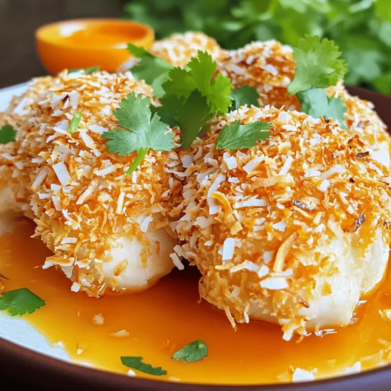 To make Coconut Chicken with Apricot Sauce, you need fresh and simple ingredients. Here's the list of what you'll need: - 4 boneless, skinless chicken breasts - 1 cup unsweetened coconut milk - 1 cup shredded coconut (unsweetened) - 1 tablespoon lime juice - 2 tablespoons honey - 1 teaspoon garlic powder - 1 teaspoon ginger powder - Salt and pepper to taste - 1 cup apricot preserves - 1 tablespoon soy sauce - Fresh cilantro for garnish Each ingredient plays a key role in creating rich flavors. The chicken is tender and juicy, thanks to the coconut milk marinade. The coconut adds a nice crunch, while the apricot sauce brings sweetness and tang. You can find the full recipe to help you combine these ingredients perfectly. Preparing the Marinade Start by mixing the marinade. In a bowl, combine one cup of coconut milk, one tablespoon of lime juice, and two tablespoons of honey. Add one teaspoon each of garlic powder and ginger powder. Season with salt and pepper. Make sure the mix is smooth. The Importance of Marination Time Place the chicken breasts in the marinade. Cover the bowl and put it in the fridge. Let it marinate for at least 30 minutes. For best results, aim for 1-2 hours. This step boosts flavor and keeps the chicken moist. Cooking Techniques for Sauce Preparation In a small saucepan, mix one cup of apricot preserves with one tablespoon of soy sauce. Heat over medium heat. Stir the mixture well. Bring it to a gentle simmer, stirring now and then. Tips for Thickness and Flavor Cook the sauce for about five minutes. This helps it thicken a bit. If you want a thicker sauce, let it simmer longer. Taste it to see if it needs more soy sauce for saltiness. Preheating the Oven Before you coat the chicken, preheat your oven to 375°F (190°C). This ensures even cooking. Coating the Chicken with Coconut Take the chicken out of the marinade. Let any excess marinade drip off. Roll each chicken breast in one cup of shredded coconut. Press firmly so that the coconut sticks well. Ideal Cooking Temperature and Time Place the coconut-coated chicken on a baking sheet lined with parchment paper. Bake it in your preheated oven for 25-30 minutes. This should cook the chicken through. Checking for Doneness Use a meat thermometer to check the chicken. It should reach an internal temperature of 165°F (75°C). If you don’t have a thermometer, cut into it. Make sure it’s no longer pink inside. Plating the Dish Once the chicken is done, take it out of the oven. Let it rest for a few minutes. This helps the juices settle. Serve the chicken on a plate. Garnishing with Fresh Cilantro Drizzle the warm apricot sauce over the chicken. Top it off with fresh cilantro. This adds a burst of color and flavor. Enjoy your Coconut Chicken with Apricot Sauce! For the full recipe, check out the complete instructions. - Substituting Ingredients: You can swap honey for maple syrup for a vegan twist. Try a different fruit preserve, like peach, if apricot isn't your favorite. - Adding Spices and Herbs: Add a pinch of cayenne for heat. Fresh ginger adds a bright note. Chopped cilantro gives a fresh burst when served. - Recommended Baking Sheets and Pans: Use a heavy-duty baking sheet. This helps the chicken cook evenly and achieve a nice crust. Parchment paper makes for easy cleanup. - Using Meat Thermometers: A meat thermometer ensures your chicken is safe to eat. Check the thickest part of the breast. It should read 165°F (75°C) for perfect doneness. - Best Practices for Prep and Cook Time: Marinate the chicken for at least one hour. This makes the flavors richer. Prep and bake time takes about an hour for the whole dish. - How to Plan Ahead for Quick Meals: Marinate the chicken the night before. You can also make the apricot sauce ahead. Just reheat before serving to save time. For the full recipe, check the details above! {{image_2}} You can change up the meat in this dish. Try using fish like salmon or tilapia for a lighter option. Tofu is great if you want a plant-based meal. It absorbs flavors well. Just remember to marinate it just like chicken for the best taste. If you're looking for a dairy-free option, coconut milk is your friend. It adds creaminess without any dairy. You can also find coconut yogurt for a similar effect in sauces. Balancing sweet and savory is key here. You can add more honey for sweetness or soy sauce for saltiness. If you want a tangy twist, try adding more lime juice. This will brighten up the dish. For spice lovers, consider adding chili flakes or cayenne pepper. Start with a small amount and taste as you go. You can always add more spice, but it’s hard to take it out! This dish pairs well with many sides. Consider serving it with jasmine rice or quinoa. Both add a nice base for the chicken and sauce. Steamed vegetables also work well. They add color and nutrition to your plate. For presentation, think about how you plate the dish. Use a white plate for contrast. Drizzle the warm apricot sauce over the chicken. Garnish with fresh cilantro for a pop of color. You can also add lime wedges for a fresh touch. Explore the [Full Recipe] for more ways to enjoy Coconut Chicken with Apricot Sauce! To store your leftovers, place the coconut chicken in an airtight container. You can keep it in the fridge for up to four days. Make sure it cools down before sealing the container. This helps keep the chicken fresh and tasty. If you notice any off smells or changes in color, it's best to discard it. If you want to save coconut chicken for later, freezing is a great option. Wrap each piece tightly in plastic wrap, then place them in a freezer bag. Label the bag with the date. Coconut chicken can last for about three months in the freezer. To thaw, move it to the fridge overnight or use the microwave. When you're ready to enjoy your meal again, reheating is simple. You can use the oven at 350°F (175°C) or the microwave. If using the oven, cover it with foil to keep moisture in. This helps the chicken stay juicy. For safety, ensure that the chicken heats to at least 165°F (75°C) before eating. Always check the center to make sure it’s hot. Enjoy your flavorful delight! To make this dish, follow these steps: 1. Marinate the chicken in a mix of coconut milk, lime juice, honey, garlic powder, and ginger powder. Season it with salt and pepper. Let it sit for at least 30 minutes. 2. Cook the apricot sauce by heating apricot preserves and soy sauce in a pan. Stir until it thickens. 3. Coat the marinated chicken in shredded coconut. 4. Bake the chicken at 375°F (190°C) for 25-30 minutes. 5. Serve with the warm apricot sauce on top. This simple process gives you a flavorful delight. For a detailed recipe, check the Full Recipe. Yes, you can use frozen chicken breasts. Thaw the chicken first in the fridge overnight or in cold water for a quicker method. Once thawed, you can marinate it like fresh chicken. This ensures even flavor and better texture when cooked. This dish pairs well with: - Steamed jasmine rice - Roasted vegetables - A light salad with citrus dressing - Coconut rice for an extra coconut flavor These sides balance nicely with the sweet and savory notes of the chicken. Yes, this recipe is gluten-free. Most ingredients, like coconut milk and apricot preserves, do not contain gluten. Just ensure your soy sauce is labeled gluten-free, as traditional soy sauce may contain wheat. To make more servings, simply multiply the ingredient amounts by the number of servings you want. Keep in mind that cooking time may change. Check the chicken's internal temperature to ensure it's at 165°F (75°C). Adjust the baking sheet size if needed to fit all the chicken. In this blog post, I covered how to make Coconut Chicken with Apricot Sauce. We discussed the key ingredients, focusing on marination and sauce techniques. I shared baking tips and serving suggestions for a flavorful dish. Remember to explore ingredient swaps for variety and proper storage to keep leftovers fresh. Cooking should be fun, and this recipe is a great way to experiment. I hope you find joy in creating this meal. Enjoy your cooking and the delicious results!
