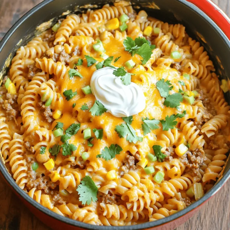 - 8 oz rotini pasta - 1 lb ground beef or turkey - 1 medium onion, diced - 2 cloves garlic, minced - 1 can diced tomatoes with green chilies - 1 1/2 cups beef broth - 1 packet taco seasoning (about 1 oz) - 1 cup corn kernels (fresh, frozen, or canned) - 1 cup shredded cheddar cheese - 1/2 cup sour cream - 1 tablespoon olive oil - Salt and pepper to taste - Fresh cilantro or green onions for garnish (optional) - For a vegetarian option, swap the meat with black beans or lentils. These add protein and flavor. - Use gluten-free rotini for a gluten-free meal. Many brands offer great taste and texture. - If you want a cheese alternative, try a dairy-free cheese or nutritional yeast. These provide a similar creaminess. This recipe is versatile. You can mix and match based on what you have at home. For more details, check the Full Recipe. To start, heat the olive oil in a large pot over medium heat. Add the diced onion and sauté it for about 3-4 minutes. You want it soft and fragrant. Next, stir in the minced garlic. Cook this for another minute. You should smell the garlic now! Then, add the ground beef or turkey to the pot. Break it apart with a spatula. Cook it until it turns brown, about 5-7 minutes. If there is extra fat, drain it out. This keeps your dish from being greasy. Now it's time to add flavor. Sprinkle the taco seasoning over the browned meat. Stir it well to mix. Pour in the diced tomatoes with their juices and the beef broth. Bring this mixture to a gentle boil. Next, stir in the rotini pasta. Once mixed, cover the pot and reduce the heat. You will simmer it for about 10-12 minutes. Stir occasionally to keep it from sticking. Cook until the pasta is al dente, which means it's firm but not hard. When the pasta is ready, stir in the corn and shredded cheddar cheese. Mix it all well until the cheese melts and makes everything creamy. This is where the magic happens! Finally, remove the pot from heat and stir in the sour cream. Taste your dish and adjust the salt and pepper as needed. Let it sit for a few minutes to thicken. For serving, place the One Pot Taco Pasta in bowls. You can garnish it with chopped cilantro or green onions. A sprinkle of extra cheese on top makes it even better! Enjoy with some tortilla chips on the side. To make your One Pot Taco Pasta really pop, use spices like smoked paprika and cumin. These spices add depth and warmth. You can also sprinkle in some chili powder for a kick. For a creamier texture, add extra sour cream or cream cheese. Stir it in right before serving. This makes the dish rich and smooth. When cooking one-pot meals, a large pot or Dutch oven works best. These pots heat evenly and hold the heat well. Look for one that is non-stick for easy cleanup. A wooden spoon is also great for mixing. It helps you get every bit of flavor from the pot. One big mistake is overcooking the pasta. Keep an eye on it and check for doneness. You want it al dente, with a little bite. Another mistake is not seasoning properly. Taste as you go. Adjust the salt and pepper to make sure the flavors shine. Following these tips helps you create a delicious dish every time. For the Full Recipe, check the link provided. {{image_2}} You can easily adapt One Pot Taco Pasta to fit different diets. For a vegetarian or vegan option, swap the meat for black beans or lentils. Use vegetable broth instead of beef broth. This keeps the dish hearty and full of flavor. For a low-carb or keto-friendly version, replace the rotini pasta with spiralized zucchini or cauliflower rice. Both options keep the meal light and fresh. Mixing up the seasonings can change the taste. You can try a chili powder blend or a taco seasoning with a smoky twist. If you want more nutrition, add veggies like bell peppers, spinach, or zucchini. You could also mix in cooked chicken or shrimp for extra protein. These small changes can make your meal unique each time. Get creative with toppings! Add sliced jalapeños, crushed tortilla chips, or a dollop of guacamole on top. Fresh cilantro or green onions also add a nice touch. For sides, consider serving with a crisp green salad or warm tortillas. A cold drink like iced tea or lemonade pairs well too. These choices enhance your dining experience and make the meal even more enjoyable. To store leftovers, let the One Pot Taco Pasta cool down first. Place it in an airtight container. This keeps it fresh and tasty. Glass or plastic containers work well. Label the date so you know when to eat it. For long-term storage, you can freeze this dish. Use freezer-safe bags or containers. Make sure to remove as much air as possible to avoid freezer burn. It can last up to three months in the freezer. When you are ready to eat, thaw it in the fridge overnight. Reheat in a pot over low heat. Stir often to keep the flavors intact. You can get creative with leftover One Pot Taco Pasta. Try adding it to a quesadilla, or use it as a filling for burritos. Mixing it into a salad adds great flavor. You could also make a taco bake by layering it with tortillas and cheese. The options are endless! Yes, you can use chicken instead of beef or turkey. Cook the chicken until it’s no longer pink, about 6-8 minutes. The cooking time stays about the same. Just make sure to shred or dice the chicken into small pieces for even cooking. Yes, this dish is great for meal prep! You can make it ahead and store it in the fridge for up to 4 days. Use airtight containers to keep it fresh. Just reheat in the microwave or on the stove before serving. To add heat, try adding chopped jalapeños or a dash of hot sauce. You can also use spicy taco seasoning instead of the regular mix. Just start with a little and taste as you go. To change the number of servings, multiply or divide the ingredients by your needed amount. For example, if you want to make it for 8 people, double the ingredients. If you want just 2 servings, cut everything in half. You can find the Full Recipe for One Pot Taco Pasta [here](#). This link will give you all the details you need to make this quick and yummy meal! This blog post covered how to make One Pot Taco Pasta. We discussed key ingredients, cooking steps, and tips to elevate flavors. I shared ways to customize for different diets and offered storage advice. In closing, this dish is easy and versatile. You can enjoy it today and reinvent leftovers tomorrow. Grab your tools and ingredients, and let your cooking adventure begin!