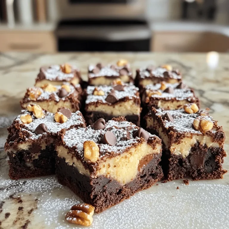 - ½ cup unsalted butter, melted - 1 cup brown sugar, packed - 1 large egg - 1 teaspoon vanilla extract - 1 cup all-purpose flour - ½ cup cocoa powder - ½ teaspoon baking powder - ¼ teaspoon salt - ½ cup chocolate chips - ½ cup unsalted butter, softened - ½ cup granulated sugar - ½ cup brown sugar, packed - 1 large egg - 1 teaspoon vanilla extract - 1 ¾ cups all-purpose flour - ½ teaspoon baking soda - ¼ teaspoon salt - 1 cup chocolate chips - ½ cup walnuts, chopped (optional) These ingredients make your brookies special. The fudgy layer gives a rich taste. The cookie layer adds a soft crunch. You’ll love how they blend together. Make sure to measure carefully for the best results. I recommend using high-quality chocolate chips for a better flavor. If you want a nutty twist, add walnuts to the cookie layer. This recipe is easy and fun, perfect for a baking afternoon. For the full recipe, check out the details above. Enjoy your baking! - Preheat oven to 350°F (175°C). - In a mixing bowl, mix melted butter and brown sugar until smooth. - Add the egg and vanilla extract, combining well. - In another bowl, whisk together flour, cocoa powder, baking powder, and salt. - Gradually add the dry mix to the wet mixture, folding in chocolate chips. - Pour the brownie batter into a prepared pan, spreading it evenly. - Next, prepare the cookie mixture. Layer it on top of the brownie mix. - Bake for 25-30 minutes. Check doneness with a toothpick. If it comes out with a few moist crumbs, it’s ready! For the full recipe, refer to the section above. - Use high-quality chocolate for better flavor. Good chocolate makes a big difference. - Don't overmix the batter for a chewier texture. Mix just until combined for best results. - Serve warm with ice cream or whipped cream. The hot brookies melt the ice cream perfectly. - Dust with powdered sugar for a beautiful presentation. It adds a nice touch for serving. - Overbaking; aim for a chewy texture. Keep an eye on the time to avoid dryness. - Incorrectly measuring ingredients. Use a scale or measuring cups for accuracy. Follow these tips to make your brookies shine! For the complete details on how to make these delicious treats, check out the Full Recipe. {{image_2}} You can make brookies even yummier by adding fun flavors. Consider using different types of chocolate chips. You might try white chocolate, dark chocolate, or butterscotch chips. Each type adds its own special taste. Nuts also bring a nice crunch. Pecans or almonds work well. Just chop them up and mix them in. This way, every bite is a surprise! If you need a gluten-free brookie, it’s simple to swap the flour. Use a gluten-free flour blend instead of all-purpose flour. Many blends work great in baking. Just remember, you might need to change the baking time a bit. Keep an eye on your brookies and check them a few minutes early. Want a vegan brookie? You can make it without eggs! Use flaxseed meal or applesauce instead. Both options keep your brookies moist and tasty. Also, choose dairy-free butter and chocolate chips. With these swaps, your brookies stay delicious and fit many diets. For more details about making these brookies, check the Full Recipe. To keep your brookies fresh, use an airtight container. Store them at room temperature. This keeps them soft for days. For a longer shelf life, you can refrigerate them. Just remember to let them warm up a bit before enjoying. If you want to save some for later, cut the brookies into squares first. This makes it easy to grab a piece when you want one. Wrap each square tightly in plastic wrap. After that, wrap them in foil for the best preservation. They can stay in the freezer for up to three months. When you crave a warm brookie, you can reheat them easily. Use a microwave for quick warming. Heat for about 10-15 seconds. For a crispier texture, use the oven. Preheat to 350°F (175°C) and warm for about 5-10 minutes. This way, they taste just like fresh out of the oven! Brookies mix the best parts of brownies and cookies. You get a soft, chewy texture from the cookie layer and a rich, fudgy base from the brownie layer. Each bite offers a great contrast. The brownie part is dense and rich, while the cookie part is light and crispy. This blend makes brookies a fun treat that everyone loves. Yes, you can use a different pan size! Changing the pan size can change the cooking time. A smaller pan makes thicker brookies, which may need more time to bake. A larger pan leads to thinner brookies, which may bake faster. Always check the baking time, so you don’t overbake them. To know when brookies are done, look for a few signs. The edges should be set and look slightly crispy. The center will be soft but not wet. A toothpick inserted in the middle should come out with a few moist crumbs. If it comes out clean, they may be overbaked. Definitely! You can make brookies your own. Try using different types of chocolate chips, like white or dark chocolate. You can also add nuts, such as walnuts or pecans. For a fun twist, mix in sprinkles or caramel bits. The possibilities are endless! Brookies stay fresh for about 3 to 5 days. Store them in an airtight container at room temperature. For longer storage, you can freeze them. They last up to three months in the freezer. Just make sure to wrap them well to avoid freezer burn. Brookies blend the rich taste of brownies with soft cookies. You learned about key ingredients and easy steps to make them. Remember, high-quality chocolate and proper baking time are crucial. Feel free to try nut options or gluten-free substitutes. Store them well to keep them fresh! Enjoy your delicious brookies warm or chilled. Experiment and have fun with flavors. You now have all the tools to create a tasty treat your friends and family will love.