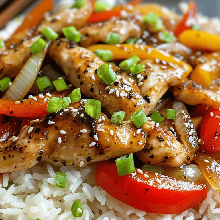 - 1 lb (450g) boneless, skinless chicken thighs, sliced into strips - 2 tablespoons black peppercorns, freshly cracked - 2 tablespoons soy sauce - 1 tablespoon oyster sauce - 1 bell pepper (red or green), sliced - 1 medium onion, sliced - 4 cloves garlic, minced - 1 thumb-sized piece of ginger, grated - 1 tablespoon honey - 1 teaspoon sesame oil - 1 tablespoon cornstarch Black Pepper Chicken is a dish that shines with bold flavors. The main star is the chicken. I love using boneless, skinless chicken thighs. They stay juicy and tender during cooking. Freshly cracked black peppercorns add a spicy kick. This pepper is key to making the dish truly flavorful. Next, we add soy sauce and oyster sauce. These sauces bring a savory depth that enhances the chicken. The combination creates a taste you won’t forget. For the vegetables, I like to use bell peppers and onions. They add color and crunch. Garlic and ginger bring warmth and zest. Their strong scents fill your kitchen when you cook. Finally, we have honey and sesame oil. Honey gives a hint of sweetness. It balances the spice of black pepper. Sesame oil adds a nutty flavor. Cornstarch helps the chicken soak up all these great tastes. You can find the full recipe for this delightful dish [Full Recipe]. To start, you need to mix the marinade for the chicken. In a medium bowl, combine these ingredients: - 1 lb boneless, skinless chicken thighs, sliced into strips - 1 teaspoon salt - 2 tablespoons soy sauce - 1 tablespoon oyster sauce - 1 tablespoon cornstarch Mix everything well until the chicken is fully coated. This helps add flavor. Let the chicken marinate for at least 15 minutes. If you have more time, marinate for up to an hour. This extra time lets the flavors soak in deeply. Now, let’s cook the chicken. Heat 2 tablespoons of vegetable oil in a large pan or wok over medium-high heat. Once the oil is hot, add the marinated chicken in a single layer. Cook for about 4-5 minutes, stirring occasionally. You want the chicken to turn a nice, golden brown. This gives it a tasty crust and keeps the inside juicy. Next, it’s time for the veggies. If needed, add a little more oil to the pan. Add 1 sliced bell pepper and 1 medium onion, both sliced. Stir-fry these for about 3-4 minutes until they are starting to get soft. Timing is key here. After that, add 4 minced garlic cloves and 1 thumb-sized piece of grated ginger. Stir-fry for another 1-2 minutes. This step releases the amazing aroma of garlic and ginger, enhancing the dish's flavor. Now, return the cooked chicken to the pan. Mix everything well. Add honey and 1 teaspoon of sesame oil, stirring to combine. Cook for another 2-3 minutes to meld the flavors. This process helps every bite taste great! For more details, check the Full Recipe. To make your Black Pepper Chicken shine, use freshly cracked black pepper. Whole peppercorns have a richer taste than pre-ground pepper. The flavor is bold and bright. You can make your dish pop with just the right amount. Balance the heat with sweetness by adding honey. Honey gives a nice contrast to the spice. It also helps create a shiny glaze. Using a wok can improve your cooking. A wok heats quickly and cooks evenly. It allows for perfect stir-frying. If you use a regular pan, ensure it’s large enough. This way, ingredients won’t crowd together. Cook on high heat for the best results. High heat seals in flavors and keeps chicken juicy. Stir-fry quickly to get that nice char on the outside. Serve your Black Pepper Chicken with jasmine rice or steamed veggies. This adds color and nutrition. You can also use a bed of rice for a nice touch. For garnishing, sprinkle chopped green onions on top. You can add a few extra black peppercorns for flair. A sprig of fresh parsley looks great too. This makes your meal not just tasty, but beautiful as well. For the full recipe, check out the detailed instructions provided. {{image_2}} You can switch up the protein in your Black Pepper Chicken. Using chicken breast gives a leaner option. Chicken thighs add more flavor and moistness. If you want a vegetarian choice, tofu works great. Just press the tofu to remove extra water. Then, cut it into cubes and marinate like chicken. This will soak up all the tasty flavors. Feel free to add more veggies to your dish. Broccoli and snap peas add color and crunch. They also boost the nutrition of the meal. If you love heat, try adding chili flakes. Start with a small amount and taste. You can adjust it to your liking. This way, you make the dish perfect for your palate. Black Pepper Chicken has roots in many Asian cultures. Each region has its own twist. For instance, in some places, they use more garlic or ginger. Others might add a splash of lime juice for brightness. You can even mix in flavors from other Asian dishes. Think about adding soy sauce or hoisin for depth. Each variation can make your meal unique and exciting. For the complete recipe, check out the [Full Recipe]. To store leftovers of Black Pepper Chicken, place them in an airtight container. This keeps the meal fresh and safe. Make sure the chicken cools down before sealing it. In the fridge, your dish stays good for about 3 to 4 days. If you don't eat it by then, it's best to throw it out. You can freeze Black Pepper Chicken for longer storage. First, let it cool completely. Then, place it in a freezer-safe container or bag. This helps keep the flavors intact. It can last up to 3 months in the freezer. When you're ready to eat, thaw it overnight in the fridge. To reheat, warm it on the stove over low heat. This way, it stays juicy and tasty. For meal prep, consider making the chicken and veggies ahead of time. You can store them separately or together. Cook the chicken and freeze it in portions. Pair it with simple sides like rice or noodles later. This fits well into a busy week. Plan your meals for the week, and mix in Black Pepper Chicken for a quick, flavorful dish. Check out the Full Recipe for more tips on preparing this delightful meal! Black Pepper Chicken gets its spice mainly from black pepper and ginger. Black pepper holds a strong, bold taste that warms your mouth. I love using freshly cracked black peppercorns for the best flavor. Ginger adds a nice zing and warmth. Together, they create a delightful spicy kick. You can adjust the amount of black pepper to suit your taste. If you want more heat, simply add extra pepper. Yes, you can make Black Pepper Chicken ahead of time. Meal prep helps save time during busy days. You can cook the chicken and vegetables, then store them in the fridge. For best results, eat it within three days. When you are ready to serve, just reheat it in a pan or microwave. Add a splash of soy sauce to help revive the flavors. This method keeps the dish tasty and enjoyable. Black Pepper Chicken pairs well with several side dishes. Here are some popular options: - Jasmine rice - Steamed broccoli - Fried rice - Noodles - Stir-fried vegetables You can also add a simple salad for freshness. These sides balance the spice and add color to your meal. If you want to get creative, try serving it with a light dipping sauce. Enjoy your flavorful meal! In this blog post, we explored how to make Black Pepper Chicken. We covered key ingredients like chicken thighs, soy sauce, and fresh vegetables. I shared steps on marinating and cooking to perfect flavor and texture. You learned tips for better taste and presentation, plus variations for different diets. Finally, I provided storage advice and answered common questions. With these insights, you can create a delicious dish that impresses. Try experimenting with flavors and enjoy your cooking journey!