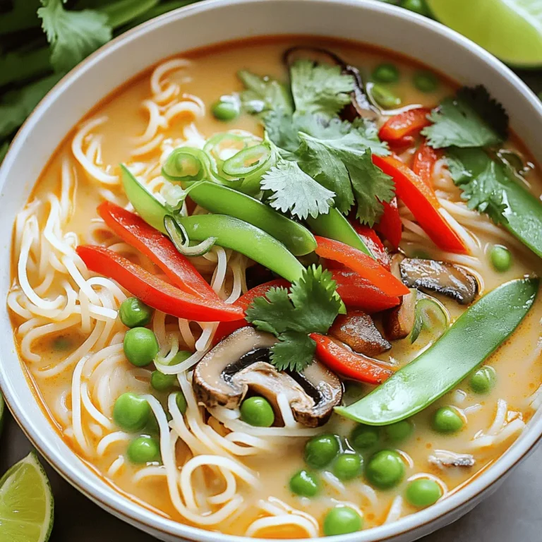To make this Easy Thai Noodle Soup, you will need the following ingredients: - 200g rice noodles - 4 cups vegetable broth - 1 can (400ml) coconut milk - 1 tablespoon red curry paste - 2 teaspoons soy sauce (or tamari for gluten-free) - 1 tablespoon fresh ginger, grated - 2 garlic cloves, minced - 1 red bell pepper, thinly sliced - 1 cup snap peas, trimmed - 1 cup mushrooms, sliced (shiitake or button) - 2 green onions, chopped - Fresh cilantro, for garnish - Lime wedges, for serving You can easily swap some ingredients if you need to. For rice noodles, you can use egg noodles or any quick-cooking noodles. If you want a creamier soup, try using heavy cream instead of coconut milk. For the red curry paste, green curry paste works too. If you don't have snap peas, green beans are a great option. Lastly, you can use any fresh herbs, like basil or mint, instead of cilantro. To cook this dish, you will need a few key tools: - A large pot for making the soup - A cutting board and knife for chopping vegetables - A measuring cup and spoons for precise measurements - A colander for draining noodles - Serving bowls for a beautiful presentation With these ingredients and tools, you'll create a comforting bowl of Easy Thai Noodle Soup that everyone will enjoy. If you want the full recipe, check out the complete guide! Start by cooking the rice noodles. Follow the package directions until they are al dente. This usually takes about 4 to 6 minutes. Once cooked, drain the noodles and put them aside. Do not rinse them, as you want them to stay warm and slightly sticky. This helps them soak up the soup later. In a large pot, heat a small amount of oil over medium heat. Add the minced garlic and grated ginger. Cook them for about 1 minute until you can smell their good scent. Next, stir in the red curry paste. Let it cook for another minute. This helps to release its full flavor. Now, pour in the vegetable broth. Bring it to a slow simmer. Add the coconut milk and soy sauce, stirring well to mix everything together. Now it’s time to add the veggies! Toss in the sliced red bell pepper, snap peas, and mushrooms. Let them simmer for about 5 to 7 minutes. You want the veggies to be tender but still bright in color. Finally, add the cooked rice noodles to the soup. Gently stir everything together and heat for another 2 minutes. Taste the soup and add more soy sauce if needed. Serve it hot, topped with chopped green onions and cilantro. Don't forget lime wedges on the side. They add a nice zing! For the complete recipe, check out the [Full Recipe]. To make the best Easy Thai Noodle Soup, start with fresh ingredients. Fresh veggies add great taste and color. Always use high-quality vegetable broth. It forms the soup's base and gives depth. Cook the rice noodles just right. They should be firm, not mushy. Drain and rinse them to stop cooking. This keeps them perfect for serving. Want more spice? Add extra red curry paste. Start with a small amount, then taste. You can also add fresh chili peppers for heat. If the soup is too spicy, balance it with more coconut milk. This will soften the heat. Adjust the soy sauce to suit your taste. Each ingredient adds to the flavor, so tweak as you need. Serving your soup well makes it more inviting. Use deep bowls for a cozy feel. Layer the colorful veggies on top of the noodles. This adds visual appeal. Drizzle a bit of coconut milk on the surface for a nice touch. Finish with fresh herbs and lime wedges on the side. This adds freshness and makes the dish pop. For the full recipe, follow the instructions closely to enjoy a delightful bowl of soup. {{image_2}} You can easily add protein to your Thai noodle soup. Tofu is a great choice for a plant-based option. Just cut it into cubes and add it with the vegetables. For chicken, use cooked, shredded pieces. Add this during the last few minutes of cooking. Shrimp cooks fast and adds a nice touch. Toss it in when the soup simmers, and let it cook until pink. Each protein brings a unique flavor and texture. Making this soup vegetarian or vegan is simple. Use vegetable broth, which is already in the recipe. For a vegan option, just use tofu instead of chicken or shrimp. Always check the red curry paste to ensure it is vegan-friendly. Some brands may add fish sauce. You can enjoy this soup without losing any flavor or comfort. The recipe calls for rice noodles, but you can switch them up. Try egg noodles for a different bite or even whole wheat noodles for extra fiber. Soba noodles are another tasty option if you want a nutty flavor. Just remember to adjust the cooking time based on the noodle type. Each choice can change the soup's texture and taste, so feel free to explore! For the full recipe, check out the Easy Thai Noodle Soup section above. After you enjoy your Easy Thai Noodle Soup, let it cool down. Store leftovers in an airtight container. Make sure to keep the soup and noodles separate. This keeps the noodles from getting too soft. They can last in the fridge for up to three days. To reheat your soup, use a pot on medium heat. Add a splash of water or broth. This helps bring back the soup's lovely texture. Stir often until it is hot. You can also use a microwave. Heat in short bursts, stirring in between. Check that it is hot all the way through before serving. If you want to store the soup for longer, freezing is a great option. Pour the cooled soup into freezer-safe containers. Leave some space at the top for expansion. Seal the containers tightly and label them with the date. The soup can last in the freezer for up to three months. When you're ready to eat, thaw it overnight in the fridge before reheating. If you can't find coconut milk, use almond or soy milk. These milks keep the soup creamy. You can also mix in some heavy cream for extra richness. Adjust the amount to your taste. Yes! Just swap regular soy sauce for tamari. Tamari is a gluten-free sauce that tastes great. Most rice noodles are also gluten-free, but check the label to be sure. To serve more people, simply double the ingredients. If you use a bigger pot, you’ll have enough for everyone. Just keep the cooking times similar, so the noodles don’t get mushy. Add fresh herbs like basil or mint for a bright taste. A splash of lime juice can also boost the flavor. You can try adding a dash of fish sauce for depth if you like seafood flavors. The soup stays good for up to three days in the fridge. Store it in an airtight container to keep it fresh. Reheat gently on the stove or in the microwave. Enjoy the flavors again! For the complete instructions, check the [Full Recipe]. This blog post covered ingredients, step-by-step cooking, tips, variations, and storage. You learned how to make a tasty Thai noodle soup. There are options for proteins and ways to adjust flavors. Remember to have fun while cooking. Experiment with your favorite ingredients. Enjoy your soup and make it your own! Your kitchen can be a place for creativity and comfort.
