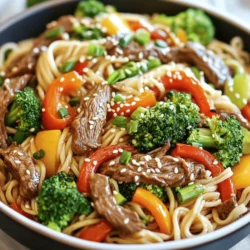 To make a great beef noodle stir fry, you need some key ingredients. Here’s what you’ll need: - 8 oz wide rice noodles - 1 lb beef flank steak, thinly sliced - 2 tablespoons soy sauce - 1 tablespoon oyster sauce - 1 tablespoon cornstarch - 2 tablespoons vegetable oil - 1 bell pepper, sliced - 1 cup broccoli florets - 2 cloves garlic, minced - 1-inch piece ginger, grated - 2 green onions, chopped - Sesame seeds for garnish - Salt and pepper to taste These ingredients create a tasty mix of flavors and textures. The beef adds protein, while the noodles provide a satisfying base. You can customize your stir fry with optional add-ins. Try these for more flavor: - Carrots, julienned - Snap peas - Mushrooms, sliced - Bean sprouts - Red pepper flakes for heat - Lime juice for brightness Feel free to mix and match based on your taste. These options let you get creative. If you can’t find some ingredients, don’t worry! Here are a few substitutes: - Use chicken or tofu instead of beef for a different protein. - Substitute soy sauce with tamari for a gluten-free option. - If you lack oyster sauce, try hoisin sauce for a sweet twist. - Any flat noodle works if you can’t get rice noodles. These alternatives keep your dish tasty while fitting your needs. Stick with fresh veggies for the best flavor and crunch. For the full recipe, check out my cooking guide! Start by cooking your wide rice noodles. Boil water in a large pot. Add the noodles and cook as per the package instructions until they are al dente. This takes about 4–6 minutes. Drain the noodles and rinse them with cold water to stop the cooking process. This step helps prevent sticking. Set the noodles aside while you prepare the beef and veggies. Next, it’s time to marinate the beef. Take your thinly sliced flank steak and place it in a bowl. Add soy sauce, oyster sauce, and cornstarch. Mix everything well to coat the beef evenly. Let it sit for at least 15 minutes. This marinating time allows the flavors to soak in, making the beef tasty and tender. Now, heat your wok or a large skillet over medium-high heat. Pour in one tablespoon of vegetable oil and let it get hot. Add the marinated beef. Stir-fry for about 2–3 minutes until the beef is browned and just cooked through. Remove the beef from the pan and set it aside. In the same wok, add another tablespoon of oil. Toss in your sliced bell pepper, broccoli florets, minced garlic, and grated ginger. Stir-fry for about 3–4 minutes until the veggies are bright and tender-crisp. Now it’s time to combine everything. Return the cooked beef to the wok. Add the rice noodles and toss everything together for another 2–3 minutes. Make sure everything is heated through. Taste your stir fry and adjust seasoning with salt, pepper, or more soy sauce as needed. Finally, serve your stir fry hot. Garnish with chopped green onions and sesame seeds for a nice touch. Enjoy your meal! For the full recipe, see the instructions above. To make a great beef noodle stir fry, you need to focus on flavor. Here are some best practices: - Use fresh ingredients: Fresh veggies and herbs make a big difference. - Marinate your beef: Let the beef sit in soy sauce and oyster sauce. This adds depth. - Heat your wok: A hot wok helps to sear the beef quickly. This keeps it tender. - Don’t overcrowd: Cook in small batches to avoid steaming the food. Many home cooks make simple mistakes. Avoid these to improve your dish: - Skipping the marinade: This step adds essential flavor. Don’t skip it! - Using cold ingredients: Cold ingredients lower the wok's temperature. This leads to soggy food. - Overcooking: Beef cooks fast. Remove it from the heat when it’s just done. - Ignoring the sauce: Taste and adjust your sauce before serving. Timing is crucial for stir fry. Here’s how to get it right: - Prep before you cook: Cut all your ingredients before starting. This saves time. - Cook beef first: Start with the beef, then set it aside. Cook veggies next. - Add noodles last: Toss in the noodles just before serving. This keeps them from getting mushy. - Watch the clock: Each step should take about 2-4 minutes. Keep it quick for the best texture. For a complete guide, check the Full Recipe for more details! {{image_2}} You can switch out beef for other proteins. Chicken works well in this stir fry. Use thinly sliced chicken breast for a lighter meal. Shrimp is another great choice. Cook shrimp quickly to keep them tender. Tofu is also a good option. Firm tofu absorbs flavor well and adds protein. For a vegetarian or vegan dish, skip the meat. Use more veggies instead. Add mushrooms, bell peppers, and snap peas for crunch. You can also use tempeh or seitan as a protein source. Both options give a hearty bite. Replace oyster sauce with mushroom sauce for a vegan-friendly option. Different regions have unique takes on this dish. In Thailand, you might find a spicy version with chili paste. Chinese-style stir fries often use dark soy sauce for deeper flavor. In Vietnam, they may add fresh herbs like basil and mint. Each variation brings its own flair. Feel free to explore these styles and make the dish your own. For the full recipe, check out the link provided. To store your beef noodle stir fry, let it cool first. Once it's cool, place it in an airtight container. Make sure to keep it in the fridge. It will stay fresh for about three days. Label the container with the date. This helps you keep track of how long it has been stored. When you're ready to eat, reheat the stir fry gently. The best way is to use a skillet. Heat it on medium and add a splash of water or broth. This keeps the noodles from drying out. Stir until everything is warm, which takes about five minutes. You can also use a microwave. Heat it in short bursts, stirring in between. This will help it heat evenly. If you want to save your stir fry for later, freezing is a great option. Let the dish cool completely. Then, divide it into smaller portions. Use freezer-safe containers or bags. Remove as much air as possible to prevent freezer burn. Your beef noodle stir fry can last up to three months in the freezer. When you're ready to eat it, thaw it in the fridge overnight before reheating. This way, you can enjoy your delicious creation anytime! For the full recipe, check out the earlier section. Making Beef Noodle Stir Fry takes about 30 minutes. This includes 15 minutes for prep and 15 minutes for cooking. You can easily fit this meal into a busy schedule. I love how fast it comes together, especially on a weeknight. Yes, you can use many different vegetables! Carrots, snap peas, or even mushrooms work well. Just remember to cut them into small pieces for even cooking. Feel free to mix and match your favorites. This adds more color and nutrition to your dish. Wide rice noodles are great for stir fry. They soak up flavors and have a nice texture. You can also use egg noodles or whole wheat noodles if you prefer. Be sure to cook them just until tender for the best results. For the full recipe, check out the earlier section! Beef noodle stir fry combines key ingredients, simple steps, and tasty variations. Cooking rice noodles and marinating beef boost flavor. Using helpful tips ensures you avoid common mistakes. You can mix it up with different proteins or make a vegetarian dish. Storing leftovers properly keeps your meal fresh for later. Remember, this dish is both fun and easy to make. I hope these tips inspire you to create your own delicious beef noodle stir fry at home. Enjoy cooking!