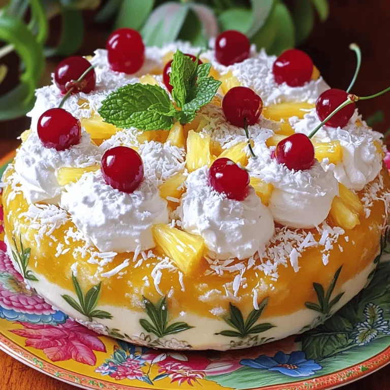 To make your Pineapple Paradise Poke Cake, you need a few key ingredients: - 1 box vanilla cake mix (plus ingredients required for cake) - 1 can (20 oz) crushed pineapple in juice, undrained - 1 cup sweetened coconut flakes - 1 cup heavy whipping cream - 1/4 cup powdered sugar - 1 teaspoon vanilla extract - 1/2 cup maraschino cherries, for garnish - Fresh mint leaves, for garnish These ingredients work together to create a moist and flavorful cake that is hard to resist. You can also add some fun optional ingredients to make your poke cake unique: - 1/2 cup chopped walnuts or pecans for crunch - A splash of rum extract for a tropical twist - Food coloring to match a theme or occasion Feel free to get creative with your choices. These options allow you to tailor the cake to your taste. You will need some basic tools to make this cake: - 9x13 inch baking pan - Mixing bowls - Wooden spoon or skewer for poking holes - Electric mixer (or whisk) for whipping cream - Plastic wrap for chilling Having the right equipment makes the process easier and more enjoyable. With these ingredients and tools, you're ready to create a delicious treat that everyone will love! For the full recipe, check out the detailed steps above. Start by preheating your oven. Set it to the heat noted on the cake mix box. Next, mix the vanilla cake according to the package. Pour the batter into a greased 9x13 inch pan. Bake until golden, about 25 to 30 minutes. Check with a toothpick; it should come out clean. After the cake cools for about 10 minutes, grab a wooden spoon or a skewer. Use it to poke holes all over the cake. Make sure to poke down at least halfway. This allows the flavors to seep in. Now, open your can of crushed pineapple. Pour it over the warm cake, juice included. Spread it evenly to soak into the holes. Let the cake cool completely. This step lets the pineapple juice blend with the cake. While the cake cools, it's time to prep the topping. In a mixing bowl, whip the heavy cream until it thickens. Once it begins to thicken, add the powdered sugar and vanilla extract. Keep whipping until you see soft peaks form. This will create a light and fluffy texture. Spread the whipped cream evenly over the cooled cake. Add sweetened coconut flakes on top for a tropical flair. Cover the cake with plastic wrap and chill it in the fridge for at least two hours. If you can wait, letting it sit overnight makes the flavors even better. Before serving, garnish with maraschino cherries and fresh mint leaves. These add a nice touch and color. Enjoy your delicious Pineapple Paradise Poke Cake! For the full recipe, check the earlier section. To make your poke cake shine, follow these tips: - Use a toothpick to check if the cake is done. - Poke evenly spaced holes to let the flavor soak in. - Let the cake cool for a bit before adding toppings. - Chill the cake for a few hours to help flavors blend. These steps guarantee a moist and tasty treat! Whipping cream can be tricky. Here’s how to get it right: - Start with cold heavy cream for better volume. - Use a chilled bowl to help the cream whip faster. - Beat until soft peaks form, not stiff. - Add powdered sugar and vanilla slowly while mixing. This method gives you a light and fluffy topping. Want to mix it up? Here are some fun ideas: - Add fresh fruit like berries or bananas for a twist. - Use different juices like orange or mango in place of pineapple. - Swap out coconut for chopped nuts for extra crunch. - Drizzle chocolate sauce or caramel for a sweet surprise. These changes will make your poke cake unique and fun! {{image_2}} Poke cakes are fun to play with! You can change them up in many ways. You can use many fruits to make poke cakes tasty. Some good choices are: - Strawberries - Blueberries - Peaches - Raspberries - Mangoes These fruits can add flavor and color. Just chop them up and mix them with juice or pudding. Pour over the holes after baking. Each fruit brings its own taste. Switching toppings can create new flavors. Here are some ideas: - Whipped cream - Cream cheese frosting - Chocolate ganache - Fresh fruit - Nuts Try mixing toppings for a special touch. For example, you can add nuts to whipped cream for crunch. This makes your poke cake more exciting! While vanilla is classic, you can use other cake mixes, too. Here are some to consider: - Chocolate - Lemon - Red velvet - Funfetti Each mix can change the whole cake. A chocolate cake with raspberry topping is a great combo. Mix and match to find your favorite flavors. For a detailed recipe, check out the Full Recipe for Pineapple Paradise Poke Cake. To keep your poke cake fresh, store it in the refrigerator. Use an airtight container or cover it tightly with plastic wrap. This keeps the cake moist and prevents it from absorbing other smells in the fridge. If you have leftovers, avoid cutting too many pieces at once. Each slice can dry out if exposed to air. When stored properly, poke cake can last for about 3 to 5 days in the fridge. The freshness mainly depends on the whipped cream topping. If it starts to lose its texture or develops an off smell, it is best to discard it. Always check before serving. You can freeze poke cake if you want to save it for a longer time. First, let the cake cool completely. Then, cut it into individual portions. Wrap each piece tightly in plastic wrap, then place them in a freezer bag. This helps avoid freezer burn. Poke cake can last up to 3 months in the freezer. When ready to enjoy, thaw it in the fridge overnight before serving. This method still keeps the flavors nice and fresh. A poke cake is a fun and easy dessert. It involves baking a cake and poking holes in it. You then fill the holes with a sweet liquid. This helps the cake absorb flavor and moisture. The result is a moist and flavorful treat. The topping usually adds more taste and texture. You can use different flavors for variety. Yes! You can make poke cake ahead of time. It actually tastes better when chilled. After you prepare the cake, let it cool completely. Then, cover it and put it in the fridge. Best to let it chill for at least two hours. If you have more time, let it sit overnight. This allows all the flavors to mix well. To make this poke cake gluten-free, use a gluten-free cake mix. Many brands offer easy-to-use mixes. Check the ingredients to ensure they are safe. You can follow the same steps in the recipe. Just make sure all other ingredients, like the whipped cream, are also gluten-free. You can use fresh pineapple! Just make sure to chop it into small pieces. You may need to cook it slightly to release the juice. This way, it will soak into the cake nicely. Fresh pineapple adds a bright and fruity taste. It works great with the whipped cream topping. For the best flavor, use ripe pineapple. This blog post guided you through making a Pineapple Paradise Poke Cake. We covered essential ingredients and equipment needed for success. I shared step-by-step instructions, plus tips to perfect your cake. You also explored various flavor options and learned how to store your creation. In the end, poke cakes are fun and easy. Try your own twist and enjoy a sweet treat! You can customize it to make it uniquely yours!
