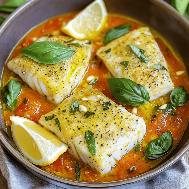 - 4 cod fillets (about 6 oz each) - 2 tablespoons olive oil - 1 small onion, finely chopped - 3 cloves garlic, minced - 1 can (14 oz) diced tomatoes (no salt added) - 1/2 teaspoon red pepper flakes - 1 teaspoon dried oregano - 1 teaspoon dried basil - Salt and pepper to taste - 1/4 cup fresh basil leaves, chopped - Juice of 1 lemon - Optional: Lemon wedges for serving The ingredients for Mediterranean Cod with Tomato Basil Sauce are simple yet flavorful. Each item plays a role in making the dish bright and tasty. The cod fillets serve as the main protein, offering a mild flavor that absorbs the sauce well. I always choose fresh cod when possible for the best texture. Olive oil adds richness and helps with cooking. The onion and garlic create a base for the sauce, giving it depth. Diced tomatoes bring acidity and sweetness, while red pepper flakes add a hint of heat. Using dried oregano and basil enhances the Mediterranean feel of the dish. Fresh basil at the end adds a pop of color and taste. Lastly, the lemon juice brightens the dish, making every bite refreshing. Each serving has about 250 calories. You’ll find around 30 grams of protein, 10 grams of fat, and 10 grams of carbs. Eating cod provides omega-3 fatty acids, which are good for your heart. Tomatoes are full of antioxidants and vitamins. Olive oil has healthy fats that help with inflammation. Cooking with these ingredients gives you a meal that’s both healthy and satisfying. For the full recipe, check out Mediterranean Cod Delight. 1. Preheat the oven and prepare the skillet: Start by preheating your oven to 400°F (200°C). This way, the cod will cook evenly. While the oven heats, grab a large oven-safe skillet. This will hold all your tasty ingredients. 2. Sauté onions and garlic: Pour 2 tablespoons of olive oil into the skillet. Heat it over medium heat. Add 1 small onion, finely chopped. Cook for about 5 minutes until it becomes soft and clear. Then, add 3 cloves of minced garlic. Stir for 1-2 minutes until you smell that delicious garlic aroma. 1. Adding the tomatoes and herbs: Now, it's time to add flavor! Stir in 1 can (14 oz) of diced tomatoes, 1/2 teaspoon of red pepper flakes, 1 teaspoon of dried oregano, and 1 teaspoon of dried basil. Don’t forget a pinch of salt and pepper. Bring this mix to a gentle simmer. Let it cook for about 10 minutes. This helps all the flavors blend well. 2. Baking the cod fillets: Take 4 cod fillets and gently place them into the skillet. Make sure they sit in the sauce. Drizzle the juice of 1 lemon over the fish. This adds a nice zesty flavor. Now, transfer the skillet to the oven. Bake for 15-20 minutes. The fish is ready when it turns opaque and flakes easily with a fork. - Plating and serving suggestions: Carefully remove the skillet from the oven. Sprinkle 1/4 cup of fresh, chopped basil on top. Serve the cod fillets in deep bowls. Spoon the rich tomato basil sauce over them. Add lemon wedges on the side for a bright touch. Enjoy your Mediterranean Cod with Tomato Basil Sauce Delight! For the complete recipe, refer to the Full Recipe. To ensure your cod is perfectly cooked, focus on timing. Bake the fillets for 15-20 minutes. The fish should turn opaque and flake easily when done. Use a fork to check if it’s ready. The center should feel hot, not cold. For flavor enhancement, consider adding a splash of white wine to the sauce. This adds depth to the dish. You can also mix in some olives for a briny touch. Fresh herbs can boost flavor as well. Experiment with different combinations to find your favorite. If you need alternatives for fresh and dried herbs, try using Italian seasoning. It blends well in this dish. For dried basil, you can swap in fresh basil if you have it, but use more of it. For low-sodium tomatoes, look for brands that say "no salt added." You can also use fresh tomatoes. Just peel and chop them before adding to the pan. For creative plating, serve the cod fillets in deep bowls. Spoon the tomato basil sauce over the top for a colorful look. This makes the dish feel special. Garnish with fresh basil and lemon wedges. The fresh herbs add vibrant color and flavor. Lemon wedges give a fresh finish when squeezed over the fish. This adds a bright touch to your meal. For the full recipe, check out the details above. Enjoy your Mediterranean Cod with Tomato Basil Sauce! {{image_2}} You can switch the cod for other fish like tilapia or halibut. These fish also cook well in the tomato sauce. If you love seafood, try shrimp or scallops. Both add a sweet flavor and cook quickly. Adding vegetables is a great way to boost nutrition. You can toss in spinach, zucchini, or bell peppers. These veggies blend well with the sauce and enhance the dish's color. Adjusting spice levels lets you make this dish your own. If you like heat, add more red pepper flakes. For a milder dish, reduce or skip them. This way, everyone can enjoy the meal. Infusing other flavors is easy, too. Chopped olives or capers can add a salty kick. You could also use lemon zest for a bright, fresh taste. Each of these changes can create a new twist on the classic recipe. For sides, garlic bread or a fresh salad works well. The bread soaks up the tasty sauce, while a salad adds crunch. You can also serve it with rice or couscous for a hearty meal. When it comes to wine, a crisp white like Sauvignon Blanc is perfect. Its acidity pairs well with the fish and sauce. Enjoying your Mediterranean cod with a good drink makes the meal even better. For the complete recipe, check out the Full Recipe section. To store leftovers, let the cod cool down first. Then, place the cod and sauce in an airtight container. This keeps the flavors fresh and prevents drying. You can store it in the fridge for up to three days. Make sure to cover it well to avoid any odor transfer. If you want to freeze the dish, follow these steps: - Let the cod and sauce cool completely. - Portion them into freezer-safe bags or containers. - Remove as much air as possible before sealing. You can freeze it for up to three months. When ready to eat, thaw it overnight in the fridge. Reheat it gently on the stove or in the microwave. This helps keep the fish tender and the sauce flavorful. Look for signs of spoilage before eating. If the cod smells off or looks discolored, it’s best to throw it away. Additionally, if the sauce separates or becomes watery, it may not taste good. Always trust your senses; if it seems wrong, don’t eat it. For more details on how to make this dish, check out the Full Recipe. How long to cook cod fillets? Bake cod fillets for 15 to 20 minutes at 400°F. The fish cooks fast. It should be opaque and flake easily. Can this recipe be doubled? Yes, you can double this recipe. Just use a larger skillet or two skillets. Adjust the cooking time as needed. What to serve with Mediterranean Cod? Serve Mediterranean cod with rice, couscous, or a fresh salad. You may also enjoy crusty bread to soak up the sauce. Can I make this dish in advance? You can prep the sauce in advance. Store it in the fridge for up to two days. Add the cod before baking for the best flavor. What is the best type of cod to use? I recommend using Atlantic or Pacific cod. Both types have a mild flavor and firm texture. Look for fresh fillets if possible. When cooking cod, I often check for doneness with a fork. It should easily flake apart. If you want more spice, add more red pepper flakes. My friends love this dish with a squeeze of extra lemon on top. Enjoy cooking this Mediterranean cod with tomato basil sauce! For the complete recipe, check out the [Full Recipe]. This blog post covered a delicious Mediterranean cod recipe that anyone can make easily. We explored the key ingredients, step-by-step instructions, useful tips, and even variations to suit your taste. Remember, cooking is about experimenting and having fun. Don’t be afraid to try new flavors or mix things up! Enjoy your meal, and I hope you share your cooking journey with others. Trust me; you will impress your friends and family with this healthy dish!