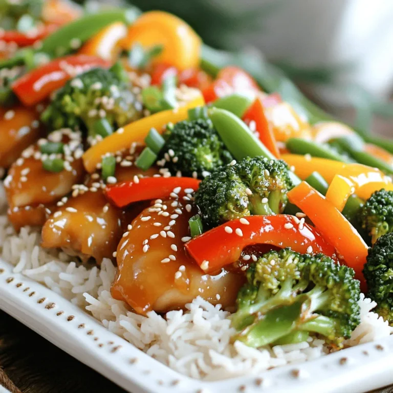 - 1 lb (450g) boneless, skinless chicken thighs, cut into bite-sized pieces - 2 tablespoons olive oil - 3 cloves garlic, minced - 1/4 cup honey - 1 tablespoon soy sauce (low sodium preferred) - 1 tablespoon apple cider vinegar - 1 teaspoon ground ginger - 1 bell pepper (red or yellow), sliced - 1 cup broccoli florets - 1 cup snap peas - Salt and pepper to taste - Sesame seeds (for garnish) - Chopped green onions (for garnish) Use the suggested amounts to get the best taste. I recommend using one pound of chicken. Chicken thighs stay juicy and tender. For veggies, I like bell peppers, broccoli, and snap peas. They add color and crunch. Prepping the chicken and veggies is simple. Cut the chicken into small pieces. Slice the bell pepper thinly. Cut broccoli into bite-sized florets. Rinse snap peas under cold water. Fresh ingredients make this dish shine. They boost flavor and nutrition. Always choose bright, crisp veggies. They taste better and look great on your plate. This dish is all about balance. The sweet honey garlic sauce pairs well with the savory chicken. Fresh veggies add texture and nutrients. You can find the full recipe for an easy guide to making this meal. To start, gather your sauce ingredients. You will need honey, soy sauce, apple cider vinegar, minced garlic, and ground ginger. In a bowl, mix these items together. Use a whisk to blend everything well. Whisking is key. It ensures that all flavors combine perfectly. This step makes the sauce smooth and tasty. Next, heat the olive oil in a large skillet over medium-high heat. Make sure it is hot before adding the chicken. Season the chicken with salt and pepper. Add it to the skillet in a single layer. This helps the chicken cook evenly. Sauté for about 5-7 minutes until the chicken is browned. Stir occasionally to prevent sticking. After cooking the chicken, pour the honey garlic sauce over it. Stir to coat all the pieces well. Cook for another 5 minutes to thicken the sauce. Now, it’s time to add the veggies. Add the sliced bell pepper, broccoli florets, and snap peas. Toss everything together in the skillet. Cook for about 5-7 minutes. You want the veggies tender but still crisp. Adjust the seasoning if needed. Enjoy this colorful and healthy meal! To make your honey garlic chicken even tastier, try adding spices. Ginger and black pepper work well with the honey garlic sauce. You can also use a bit of chili powder for some heat. Marinate your chicken for at least 30 minutes. This helps all the flavors soak in. When cooking, use a hot skillet to sear the chicken. This gives a nice brown crust. Once browned, add the sauce and let it thicken. Stir often to keep the chicken coated. This technique makes each bite full of flavor. Serving matters! Place your honey garlic chicken over fluffy jasmine rice or quinoa. This adds texture and makes the dish filling. For a pop of color, arrange the veggies around the chicken. Drizzle extra sauce on top for shine. For garnishing, sprinkle sesame seeds and chopped green onions. These add crunch and a fresh taste. You can also use lime wedges for a zesty kick. This brightens up the dish and makes it eye-catching. Need to adjust cooking time? If your chicken pieces are larger, add a few extra minutes. Always check that the chicken is cooked through. Use a meat thermometer to ensure it reaches 165°F (75°C). If your dish tastes bland, don’t worry! You can fix it easily. Add more soy sauce or a pinch of salt. If it’s too sweet, a splash of apple cider vinegar can help balance it out. This simple tip can save the meal and enhance the flavors. {{image_2}} If you want to change the protein, you have great options. You can use tofu or shrimp instead of chicken. - Tofu: Firm tofu works best. Press it to remove extra water. Cut it into cubes, then sauté until golden. - Shrimp: Use peeled and deveined shrimp. Cook them for just a few minutes until they turn pink. Both options taste great with the honey garlic sauce. You can use many vegetables in this dish. Seasonal veggies add fun and flavor. - Seasonal options: Try zucchini, asparagus, or bell peppers. They add color and taste. - Substitutes for snap peas and broccoli: Green beans or sugar snap peas are great swaps. You can also use cauliflower for a nice crunch. Mix and match to create your favorite veggie blend. Adjust the sweetness and spice to suit your taste. This dish is flexible. - Sweetness adjustment: If you want less sweetness, cut back on honey. You can also add a splash of lemon juice for balance. - Adding heat with spices: For a spicy kick, add red pepper flakes or sriracha. Just a little bit can make a big difference. Feel free to experiment and find your perfect flavor! To keep your Honey Garlic Chicken and Veggies fresh, choose the right containers. Glass containers work well. They seal tightly and keep air out. Plastic containers also work but look for BPA-free options. Store leftovers in the fridge for up to four days. If you want to save them longer, freeze them. Use freezer bags or airtight containers for best results. When it’s time to eat, you have a few great options for reheating. The microwave is quick and easy. Place your dish in a microwave-safe bowl and cover it with a lid. Heat it in short bursts, stirring in between. You can also use the stove. Heat a skillet over medium heat and add a splash of water. Stir your chicken and veggies until warmed through. This method helps keep the texture nice. In the fridge, your leftovers stay good for about four days. After that, check for signs of spoilage. If you see mold, an off smell, or a strange texture, it’s time to toss it. In the freezer, the chicken can last up to three months. Remember to label your containers with the date. This helps you keep track of freshness. Enjoy your meal prep knowing you can safely store your tasty dish! For the full recipe, check out Honey Garlic Chicken & Veggies Delight. You can swap some ingredients to lower calories or add nutrients. Here are some ideas: - Use skinless chicken breast instead of thighs for less fat. - Replace honey with agave syrup for a lower glycemic index. - Try low-sodium soy sauce to cut down on salt. - Add more veggies like carrots or zucchini for extra fiber. These changes keep the dish tasty while making it better for you. Yes, you can use frozen chicken. Just follow these tips: - Thaw the chicken overnight in the fridge for best results. - If you’re in a hurry, use the microwave's defrost setting. - Cook the chicken a bit longer to ensure it’s safe to eat. This way, you can still enjoy your Honey Garlic Chicken! You can pair this dish with many sides. Here are some great options: - Steamed jasmine rice or quinoa for a filling base. - A fresh green salad for crunch and color. - Noodles tossed in sesame oil for a tasty twist. - Roasted potatoes for a hearty side. These sides complement the flavors of the chicken and veggies well. Yes, this dish is perfect for meal prep. Here’s how to do it: - Cook the chicken and veggies ahead of time. - Store them in airtight containers in the fridge. - Enjoy within three to four days for best taste. Reheat in the microwave or on the stove before serving. This makes busy days easier while still enjoying a great meal! In this post, I covered how to make Honey Garlic Chicken and Veggies. We started with the main ingredients, prep work, and step-by-step cooking instructions. Then, I shared tips to enhance flavor and presentation. We explored variations to keep the dish fresh and exciting. Remember, fresh ingredients and proper cooking techniques make a big difference. Adjust flavors, try new veggies, and store leftovers wisely. Enjoy cooking! This dish can be a hit at your table.