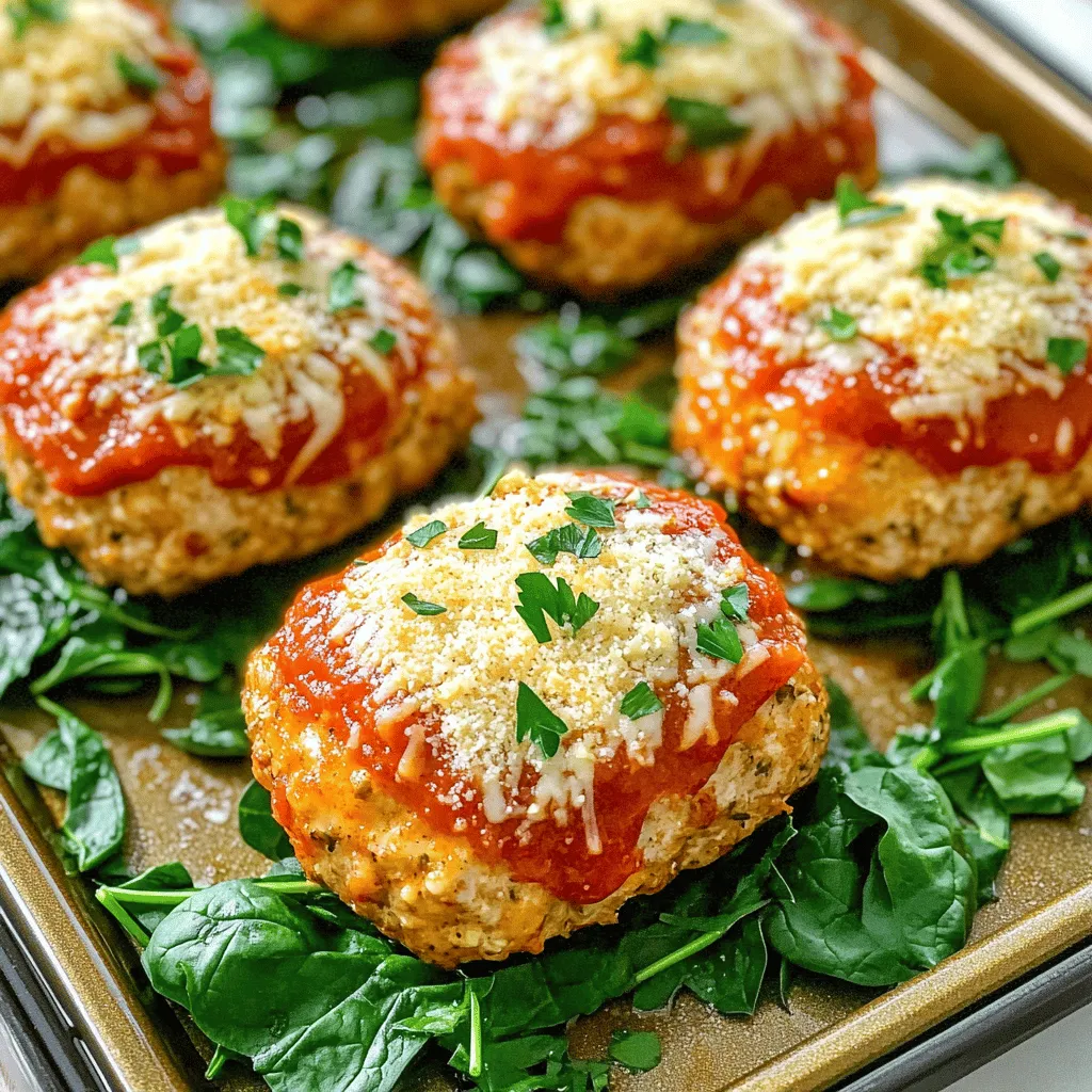 - <strong>Ground chicken and its role</strong> Ground chicken forms the base of this dish. It is lean and tender. This meat absorbs flavors well. It also keeps the meatloaf moist.” /></p>
</p>
<h2>Variations</h2>
</p>
<h3>Healthier Options</h3>
<p>For a lighter dish, you can swap ground chicken for ground turkey. Turkey has fewer calories and still tastes great. You can use whole grain breadcrumbs instead of white bread. This change adds more fiber and nutrients. If you want a gluten-free option, almond flour works well. For a binding agent, try mashed sweet potatoes or unsweetened applesauce. These options keep the meatloaf moist and add natural sweetness.</p>
</p>
<h3>International Twists</h3>
<p>To give your meatloaf a Mediterranean twist, add sun-dried tomatoes and feta cheese. This combination brings a bright flavor that is hard to resist. You can also try adding Italian herbs like basil and thyme. For an Asian-inspired version, mix in ginger, green onions, and soy sauce. These ingredients will give your meatloaf a unique taste. Serve it with a sweet soy glaze for an extra kick.</p>
</p>
<h3>Kid-Friendly Modifications</h3>
<p>Kids often shy away from veggies, but you can sneak them in! Finely chop spinach or zucchini and mix it into the meat. They won’t even notice! For those picky eaters, customize the toppings. Instead of marinara sauce, try barbecue sauce or ketchup. You can also let kids sprinkle their favorite cheese on top. Making these small changes can turn dinner into a fun experience while keeping it tasty.</p>
</p>
<h2>Storage Info</h2>
</p>
<h3>Best Ways to Store Leftovers</h3>
<p>To keep your Garlic Parmesan Chicken Meatloaves fresh, follow these easy tips:</p>
</p>
<p>– <strong>Refrigeration:</strong> Store the meatloaves in the fridge within two hours of cooking. Use airtight containers to prevent drying out.</p>
<p>– <strong>Freezing:</strong> You can freeze the meatloaves for later. Wrap each one in plastic wrap, then place it in a freezer bag. This method helps keep them fresh for up to three months.</p>
<p>– <strong>Recommended Containers:</strong> Use glass or BPA-free plastic containers. They seal well and make reheating easy.</p>
</p>
<h3>Reheating Tips</h3>
<p>When you want to enjoy your leftovers, keep these methods in mind:</p>
</p>
<p>– <strong>Oven Method:</strong> Preheat your oven to 350°F (175°C). Place the meatloaves on a baking sheet. Cover with foil to trap moisture. Heat for about 15-20 minutes.</p>
<p>– <strong>Microwave Method:</strong> Place a meatloaf on a microwave-safe plate. Add a splash of water and cover with a damp paper towel. Heat for 1-2 minutes.</p>
<p>– <strong>Air Fryer Method:</strong> Set your air fryer to 300°F (150°C). Heat for about 5-7 minutes. This method keeps them crispy.</p>
</p>
<h3>Shelf Life and Safety</h3>
<p>Knowing how long your meatloaves last is key to safe eating:</p>
</p>
<p>– <strong>In the Fridge:</strong> Meatloaves last about 3-4 days. Always check for signs of spoilage.</p>
<p>– <strong>In the Freezer:</strong> They can stay fresh for up to three months.</p>
<p>– <strong>Signs of Spoilage:</strong> Look for a change in color or an off smell. If you see any mold, toss them immediately.</p>
</p>
<p>Enjoy your flavorful Garlic Parmesan Chicken Meatloaves with ease, knowing how to store and reheat them properly!</p>
</p>
<h2>FAQs</h2>
</p>
<h3>How long do Garlic Parmesan Chicken Meatloaves take to cook?</h3>
<p>Garlic Parmesan Chicken Meatloaves cook for about 25 to 30 minutes. The time may change slightly based on the size of your meatloaves. I recommend using a meat thermometer. The internal temperature should reach 165°F (75°C) for safe eating.</p>
</p>
<h3>Can I make this meatloaf ahead of time?</h3>
<p>Yes, you can prepare these meatloaves ahead of time. You can freeze them before baking. Just shape them, wrap them well, and store them in the freezer. They can last for up to three months. To reheat, bake them straight from the freezer at 375°F (190°C) for about 35 to 40 minutes.</p>
</p>
<h3>Can I substitute ground chicken with other meats?</h3>
<p>Absolutely! You can use ground turkey or lean ground beef. If you switch to a different meat, just keep an eye on the cooking times. Turkey may need a few extra minutes, while beef could cook a bit faster. Always check for doneness.</p>
</p>
<h3>What sides pair well with Garlic Parmesan Chicken Meatloaves?</h3>
<p>Many sides go well with these meatloaves. Here are some popular choices:</p>
<p>– Mashed potatoes</p>
<p>– Steamed broccoli</p>
<p>– Roasted carrots</p>
<p>– A fresh garden salad</p>
<p>– Garlic bread</p>
</p>
<p>These sides complement the flavors of the meatloaf and make for a hearty meal.</p>
</p>
<p>In this blog post, I shared a simple recipe for Garlic Parmesan Chicken Meatloaves. We explored the main and optional ingredients that boost flavor, along with essential tools needed for preparation. I provided step-by-step instructions for mixing, shaping, and baking. I also highlighted tips for perfect texture, flavor enhancements, and serving ideas.</p>
</p>
<p>You now have the tools and knowledge to customize your meatloaves. Enjoy experimenting with different flavors and make this dish your own. Happy cooking!</p>
<div id=