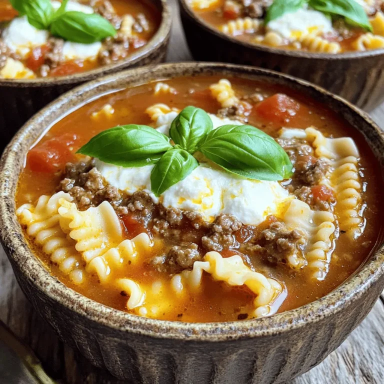 - 1 pound ground beef or Italian sausage - 1 medium onion, diced - 3 cloves garlic, minced - 1 can (28 ounces) crushed tomatoes - 4 cups chicken or vegetable broth Lasagna soup starts with a hearty base. I love using ground beef or Italian sausage for great flavor. The onion and garlic add a sweet note, making the soup rich. Canned crushed tomatoes bring in acidity and balance. The broth rounds it all out, making it warm and comforting. - 2 teaspoons dried basil - 1 teaspoon dried oregano - 1 bay leaf - Salt and pepper to taste Seasonings are key to this dish. I use dried basil and oregano for a classic Italian taste. A bay leaf adds depth, while salt and pepper tie everything together. These simple spices enhance the soup’s flavor without overpowering it. - 8 lasagna noodles, broken into quarters - 1 cup ricotta cheese - 1 cup shredded mozzarella cheese - 1/2 cup grated Parmesan cheese - Fresh basil for garnish No lasagna is complete without noodles and cheese. I break lasagna noodles into quarters for easy eating. Ricotta adds creaminess, while mozzarella melts beautifully. Parmesan gives a salty boost. Finally, fresh basil makes a lovely garnish, adding color and aroma. For the full recipe, you can check out the complete guide. To start, brown the meat in a large pot or Dutch oven. Use medium heat until fully cooked. Drain any fat that collects in the pot. This helps keep the soup light. Next, add the diced onion and minced garlic. Sauté these for about 3 to 4 minutes. You want the onion to soften and smell sweet. This step adds depth to your soup. Now, stir in the crushed tomatoes and your choice of broth. I prefer chicken broth for a richer flavor, but vegetable broth works too. Add dried basil and oregano, then toss in a bay leaf. Season with salt and pepper as you like. Bring this mixture to a simmer. The aroma will be amazing! Once it's simmering, add the broken lasagna noodles. Cook these for about 10 to 12 minutes. You want the noodles to be al dente, not mushy. Remember to take out the bay leaf when the noodles are done. Reduce the heat to low and stir in the ricotta cheese. Mix until it’s well combined. This makes the soup creamy and rich. Before serving, taste the soup. Adjust the seasoning if needed. You can add more salt, pepper, or herbs. Serve the soup hot, and top with shredded mozzarella, grated Parmesan, and fresh basil leaves. It adds color and taste! Check out the Full Recipe for detailed cooking times and serving suggestions. Enjoy your comforting bowl of lasagna soup! To make lasagna soup great, focus on the noodles. You want your noodles to be al dente. This means they should have a slight bite. When you add the broken lasagna noodles to your soup, cook them for 10-12 minutes. This will keep them from getting mushy. Next, let's talk about ricotta cheese. It adds a creamy texture to the soup. Mix it in once the soup is off the heat. This helps keep it smooth and rich without cooking it too much. Spices make a big difference in your soup. Add a bit of red pepper flakes for warmth. You can also try adding a dash of paprika for depth. These spices lift the flavors and make each spoonful exciting. For garnishes, fresh basil leaves are a must. They give a pop of color and fresh taste. You might also sprinkle some extra Parmesan cheese on top. This adds a nice salty finish as well. Serving your lasagna soup well makes it more fun to eat. Use deep bowls to hold the soup. Top each bowl with extra mozzarella cheese. You can also add a few whole basil leaves for color. Garlic bread is the perfect side for this soup. Its crunch pairs well with the soft noodles. You can serve the soup with a slice of garlic bread for a complete meal. This makes every bite even better. For the full recipe, check out the Lasagna Soup Delight section. {{image_2}} You can easily make Lasagna Soup vegetarian. Start by using plant-based meat alternatives. These options taste great and give you the same texture. Try using lentils or mushrooms for added depth. Next, incorporate more vegetables. Think spinach, zucchini, or bell peppers. These veggies bring color and nutrients to your dish. For a kick of heat, add red pepper flakes. They bring warmth without overpowering. You can also experiment with different cheeses. Instead of just mozzarella, try adding provolone or goat cheese. Each cheese adds its own flavor and creaminess. If you need gluten-free options, use gluten-free lasagna noodles. They work just as well and keep the soup hearty. Another fun idea is to use zucchini or other vegetable noodles. Spiralized zucchini adds a fresh twist to the dish while keeping it light. You can find the Full Recipe to guide you through these variations. To store leftover Lasagna Soup, let it cool first. Then, place it in an airtight container. Make sure to use a container that can hold the soup without spilling. I like glass containers because they keep the soup fresh and are easy to clean. Leftover soup lasts in the fridge for about three to four days. If you think you won't eat it soon, freezing is a better option. To freeze the soup, let it cool completely. Then, pour it into freezer-safe bags or containers. Squeeze out any extra air to avoid freezer burn. Label the bags with the date for easy tracking. When you want to enjoy it again, remove it from the freezer. Place it in the fridge for a few hours or overnight to thaw. You can also use the microwave for quicker defrosting, but be careful not to cook it while reheating. To preserve flavor, avoid freezing the noodles in the soup. They may get mushy when thawed. Instead, cook fresh noodles when you’re ready to serve. You can reheat Lasagna Soup in two ways: the microwave or on the stovetop. If you use the microwave, heat in short bursts. Stir in between to ensure even warmth. For stovetop reheating, pour the soup into a pot over medium heat. Stir often to keep it from sticking. This method helps maintain the soup's original flavor and texture. If you added noodles, check them carefully. You want them warm but not overcooked. Cooking them too long can make them soft and mushy. Enjoy your warm and comforting bowl of Lasagna Soup! Yes, you can make Lasagna Soup in advance. Prepare it and let it cool. Store it in an airtight container in your fridge. This soup tastes even better after resting. You may want to cook the noodles separately. This keeps them from becoming too soft. Reheat the soup when you are ready to eat. To make Lasagna Soup gluten-free, swap regular noodles for gluten-free ones. You can also use spiralized zucchini or other veggie noodles. These options keep the dish light and tasty. Check the labels on your canned tomatoes and broth. Ensure they are gluten-free as well. You can add beans or legumes for extra protein. Chickpeas or cannellini beans work well. Just rinse and drain them before adding. You can also use cooked lentils for added texture. These additions make the soup heartier and more filling. Yes, Lasagna Soup is great for freezing. Portion it into freezer-safe containers. Leave some space at the top for expansion. When ready to eat, thaw it in the fridge overnight. Reheat it on the stove or in the microwave. Add a splash of broth if it looks too thick. Lasagna Soup lasts about 3 to 4 days in the fridge. Store it in an airtight container to keep it fresh. If it develops an off smell or strange color, throw it away. Always reheat to a safe temperature before eating. Enjoy your delicious meal! For the full recipe, check the complete section above. Lasagna soup combines rich flavors and comforting textures. In this post, we covered the main ingredients, which include meat, tomatoes, and cheese, along with step-by-step cooking methods. I shared tips for perfecting the texture and enhancing the flavor. You can also enjoy variations, including vegetarian options. Remember, it stores well in the fridge and freezer. This dish is easy to make and delicious to share. Enjoy creating your own version and savor each bowl!