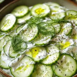 - 2 large cucumbers, thinly sliced - 1 cup Greek yogurt - 2 tablespoons sour cream - 1 tablespoon fresh dill, chopped - 1 garlic clove, minced - 1 tablespoon lemon juice - Salt and pepper to taste - 1 tablespoon olive oil - 1 teaspoon sugar (for balancing flavors) - Alternative herbs or spices such as mint or chives Gathering these ingredients will set you up for success. The cucumbers bring a crisp, refreshing crunch. The Greek yogurt and sour cream add a creamy base that makes this salad rich and smooth. Fresh dill gives it a bright flavor, while garlic adds a nice kick. The lemon juice brightens the mix, and olive oil ties it all together. You can use sugar to balance the flavors if you prefer a touch of sweetness. Feel free to add extra herbs for more flavor! Mint or chives can work well and give a unique twist to your creamy cucumber salad. Start by preparing the cucumbers. Slice them thinly. Place the slices in a colander. Sprinkle a pinch of salt over the cucumbers. Let them sit for about 15 minutes. This step helps draw out extra water. This keeps your salad from getting too watery. While the cucumbers sit, mix the dressing. In a medium bowl, add Greek yogurt, sour cream, minced garlic, lemon juice, and chopped dill. Stir until smooth. This creamy dressing adds flavor and ties everything together. Once the cucumbers have released some water, pat them dry. Use a clean kitchen towel or paper towels. This ensures the salad stays fresh and not soggy. Now it’s time to combine the cucumbers with the dressing. Add the cucumbers to the bowl with the yogurt mixture. Stir gently to coat the cucumbers evenly. If you want a creamier texture, you can add more yogurt. Drizzle olive oil over the salad. If you like a hint of sweetness, add a teaspoon of sugar. Season with pepper and salt to taste. This balance of flavors makes the salad pop! Chill the salad in the refrigerator for at least 30 minutes. This helps the flavors meld together. The longer you chill it, the better it gets. Before serving, stir the salad well. Taste and adjust the seasoning if needed. For a beautiful presentation, serve in a shallow bowl. Garnish with extra dill and a sprinkle of black pepper. Pair this salad with grilled meats or serve it as a refreshing side dish on a hot day. For the full recipe, check out the details above! To get the best creamy texture, start by draining the cucumbers. After you slice them, sprinkle them with salt. Let them sit in a colander for about 15 minutes. This step pulls out extra water. It keeps your salad from getting too soggy. Next, focus on the dressing. Combine Greek yogurt and sour cream for a rich base. Mix in minced garlic, lemon juice, and dill. Stir until the mixture is smooth. A smooth dressing will coat the cucumbers well. You can easily boost the flavor of your salad with herbs. Fresh mint or chives add a bright touch. Feel free to switch up the herbs for a new taste. If you love a little heat, add a pinch of cayenne or red pepper flakes. This small change can take your salad from good to great. Experiment with different herbs and spices for your perfect blend. For the full recipe, check out the complete guide. {{image_2}} For a vegan version of this creamy cucumber salad, you can swap out dairy ingredients. Use these ingredients to make it dairy-free: - 2 large cucumbers, thinly sliced - 1 cup dairy-free yogurt (like coconut or almond) - 2 tablespoons vegan sour cream - 1 tablespoon fresh dill, chopped - 1 garlic clove, minced - 1 tablespoon lemon juice - Salt and pepper to taste - 1 tablespoon olive oil - 1 teaspoon sugar (optional) Substitutions are simple and tasty. Just ensure your yogurt and sour cream are plant-based. This keeps the creamy texture while making it vegan-friendly. You can get creative by adding extra ingredients to your salad. Here are some fun options: - Cherry tomatoes, halved - Sliced red onion - Pitted olives These additions bring color and flavor, making the salad more vibrant. You can also try different dressings to change up the taste. Here are some ideas: - A splash of balsamic vinegar for tang - A drizzle of tahini for nuttiness - A hint of spicy mustard to kick things up These variations keep your salad fresh and exciting every time you make it. Experiment and find what you love! For the full recipe, check out the Creamy Cucumber Salad section above. To keep your creamy cucumber salad fresh, store it in an airtight container. This helps prevent air from spoiling your salad. Make sure to chill it in the refrigerator right after serving. If you have leftovers, place them in the container and seal it tightly. Use glass or BPA-free plastic containers for best results. Your creamy cucumber salad stays fresh in the fridge for about three days. After this time, the cucumbers may get mushy and the flavors might fade. Look for signs that it has gone bad. If you see any mold or an off smell, it’s best to toss it. A slimy texture also means it’s time to let go. Enjoy your salad while it’s fresh for the best taste! For the complete recipe, check out the Full Recipe section. You can prepare this salad ahead of time. Start by slicing the cucumbers. Sprinkle salt on them and let them drain for about 15 minutes. This step is key. It keeps the salad from being too watery. After draining, mix the yogurt, sour cream, dill, garlic, and lemon juice. Store this mixture in the fridge. You can combine everything a few hours before serving. This way, the flavors meld nicely. Just remember to stir well before serving. Yes, you can use regular yogurt. However, Greek yogurt is thicker and creamier. This gives your salad a rich taste. Regular yogurt is thinner and may make the salad watery. If you use regular yogurt, consider draining it first. This will help keep the creamy texture you want. The flavor will be slightly different, but it will still be tasty. Creamy Cucumber Salad pairs well with many dishes. You can serve it with grilled chicken or fish. It also goes great with burgers or sandwiches. Try it alongside roasted vegetables for a fresh touch. You can even add it to a picnic spread. It adds a cool contrast on hot days. The salad's creamy texture and bright flavors make it a hit. In this blog post, we covered how to make a delicious Creamy Cucumber Salad. We looked at the essential and optional ingredients, step-by-step instructions, and special tips for the perfect texture and flavor. You can easily customize this salad with variations and store it safely for freshness. Remember, homemade is better! Enjoy this dish at your next meal. Trust me, it will impress your guests. Now you can create your own tasty version with ease.