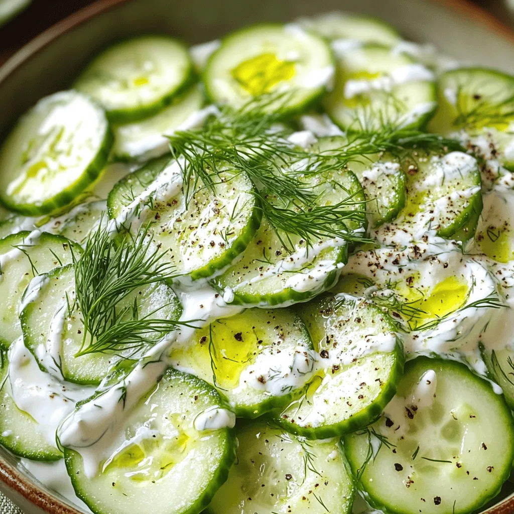 - 2 large cucumbers, thinly sliced - 1 cup Greek yogurt - 2 tablespoons sour cream - 1 tablespoon fresh dill, chopped - 1 garlic clove, minced - 1 tablespoon lemon juice - Salt and pepper to taste - 1 tablespoon olive oil - 1 teaspoon sugar (for balancing flavors) - Alternative herbs or spices such as mint or chives Gathering these ingredients will set you up for success. The cucumbers bring a crisp, refreshing crunch. The Greek yogurt and sour cream add a creamy base that makes this salad rich and smooth. Fresh dill gives it a bright flavor, while garlic adds a nice kick. The lemon juice brightens the mix, and olive oil ties it all together. You can use sugar to balance the flavors if you prefer a touch of sweetness. Feel free to add extra herbs for more flavor! Mint or chives can work well and give a unique twist to your creamy cucumber salad. Start by preparing the cucumbers. Slice them thinly. Place the slices in a colander. Sprinkle a pinch of salt over the cucumbers. Let them sit for about 15 minutes. This step helps draw out extra water. This keeps your salad from getting too watery. While the cucumbers sit, mix the dressing. In a medium bowl, add Greek yogurt, sour cream, minced garlic, lemon juice, and chopped dill. Stir until smooth. This creamy dressing adds flavor and ties everything together. Once the cucumbers have released some water, pat them dry. Use a clean kitchen towel or paper towels. This ensures the salad stays fresh and not soggy. Now it’s time to combine the cucumbers with the dressing. Add the cucumbers to the bowl with the yogurt mixture. Stir gently to coat the cucumbers evenly. If you want a creamier texture, you can add more yogurt. Drizzle olive oil over the salad. If you like a hint of sweetness, add a teaspoon of sugar. Season with pepper and salt to taste. This balance of flavors makes the salad pop! Chill the salad in the refrigerator for at least 30 minutes. This helps the flavors meld together. The longer you chill it, the better it gets. Before serving, stir the salad well. Taste and adjust the seasoning if needed. For a beautiful presentation, serve in a shallow bowl. Garnish with extra dill and a sprinkle of black pepper. Pair this salad with grilled meats or serve it as a refreshing side dish on a hot day. For the full recipe, check out the details above! To get the best creamy texture, start by draining the cucumbers. After you slice them, sprinkle them with salt. Let them sit in a colander for about 15 minutes. This step pulls out extra water. It keeps your salad from getting too soggy. Next, focus on the dressing. Combine Greek yogurt and sour cream for a rich base. Mix in minced garlic, lemon juice, and dill. Stir until the mixture is smooth. A smooth dressing will coat the cucumbers well. You can easily boost the flavor of your salad with herbs. Fresh mint or chives add a bright touch. Feel free to switch up the herbs for a new taste. If you love a little heat, add a pinch of cayenne or red pepper flakes. This small change can take your salad from good to great. Experiment with different herbs and spices for your perfect blend. For the full recipe, check out the complete guide. {{image_2}} For a vegan version of this creamy cucumber salad, you can swap out dairy ingredients. Use these ingredients to make it dairy-free: - 2 large cucumbers, thinly sliced - 1 cup dairy-free yogurt (like coconut or almond) - 2 tablespoons vegan sour cream - 1 tablespoon fresh dill, chopped - 1 garlic clove, minced - 1 tablespoon lemon juice - Salt and pepper to taste - 1 tablespoon olive oil - 1 teaspoon sugar (optional) Substitutions are simple and tasty. Just ensure your yogurt and sour cream are plant-based. This keeps the creamy texture while making it vegan-friendly. You can get creative by adding extra ingredients to your salad. Here are some fun options: - Cherry tomatoes, halved - Sliced red onion - Pitted olives These additions bring color and flavor, making the salad more vibrant. You can also try different dressings to change up the taste. Here are some ideas: - A splash of balsamic vinegar for tang - A drizzle of tahini for nuttiness - A hint of spicy mustard to kick things up These variations keep your salad fresh and exciting every time you make it. Experiment and find what you love! For the full recipe, check out the Creamy Cucumber Salad section above. To keep your creamy cucumber salad fresh, store it in an airtight container. This helps prevent air from spoiling your salad. Make sure to chill it in the refrigerator right after serving. If you have leftovers, place them in the container and seal it tightly. Use glass or BPA-free plastic containers for best results. Your creamy cucumber salad stays fresh in the fridge for about three days. After this time, the cucumbers may get mushy and the flavors might fade. Look for signs that it has gone bad. If you see any mold or an off smell, it’s best to toss it. A slimy texture also means it’s time to let go. Enjoy your salad while it’s fresh for the best taste! For the complete recipe, check out the Full Recipe section. You can prepare this salad ahead of time. Start by slicing the cucumbers. Sprinkle salt on them and let them drain for about 15 minutes. This step is key. It keeps the salad from being too watery. After draining, mix the yogurt, sour cream, dill, garlic, and lemon juice. Store this mixture in the fridge. You can combine everything a few hours before serving. This way, the flavors meld nicely. Just remember to stir well before serving. Yes, you can use regular yogurt. However, Greek yogurt is thicker and creamier. This gives your salad a rich taste. Regular yogurt is thinner and may make the salad watery. If you use regular yogurt, consider draining it first. This will help keep the creamy texture you want. The flavor will be slightly different, but it will still be tasty. Creamy Cucumber Salad pairs well with many dishes. You can serve it with grilled chicken or fish. It also goes great with burgers or sandwiches. Try it alongside roasted vegetables for a fresh touch. You can even add it to a picnic spread. It adds a cool contrast on hot days. The salad's creamy texture and bright flavors make it a hit. In this blog post, we covered how to make a delicious Creamy Cucumber Salad. We looked at the essential and optional ingredients, step-by-step instructions, and special tips for the perfect texture and flavor. You can easily customize this salad with variations and store it safely for freshness. Remember, homemade is better! Enjoy this dish at your next meal. Trust me, it will impress your guests. Now you can create your own tasty version with ease.