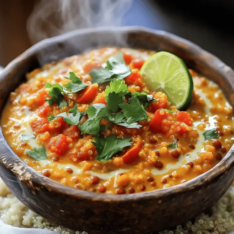 To make Creamy Coconut Lentil Curry, gather these simple ingredients: - 1 cup red lentils, rinsed and drained - 1 can (14 oz) coconut milk - 1 medium onion, finely chopped - 3 cloves garlic, minced - 1-inch piece of ginger, minced - 1 tablespoon curry powder - 1 teaspoon ground cumin - 1/2 teaspoon turmeric powder - 1 can (14 oz) diced tomatoes - 2 cups vegetable broth - 1 tablespoon vegetable oil - 1 tablespoon lime juice - Salt and pepper to taste - Fresh cilantro, for garnish Using fresh ingredients can enhance the flavor. If you can’t find fresh ginger, you can use ground ginger. For the spices, fresh spices give a stronger flavor than dried ones. If you have dried spices, use them, but try to add them earlier in the cooking process. If you’re out of red lentils, you can substitute with green or brown lentils. Keep in mind that these will take longer to cook. Also, if you want a creamier texture, try using full-fat coconut milk instead of light coconut milk. Using vegetable broth adds depth to the dish, but you can easily swap it with water if needed. The lime juice adds a fresh kick, so don’t skip it! Fresh cilantro makes a great garnish, but if you don’t like it, parsley works too. This recipe is flexible, so feel free to adjust based on what you have. For the full recipe, check the main article. To make a great Creamy Coconut Lentil Curry, you need to prepare well. Start by gathering all your ingredients. This makes cooking easier and more fun. Accurate measuring helps you get the right taste. For this dish, use a cup for the lentils and a can for the coconut milk. Sautéing the vegetables is key for flavor. Heat your vegetable oil in a pot over medium heat. Add the chopped onion first. Cook it until it turns soft and a little clear, about five minutes. This step brings out the onion's sweet taste. Next, add minced garlic and ginger. Cook them for one to two minutes. You want to smell their lovely aroma. Add the spices next. Mix in the curry powder, cumin, and turmeric. Let them cook for a minute to release their flavors. This step makes your curry taste amazing. Now, let's cook the lentils. Pour in the diced tomatoes and vegetable broth. Stir everything well and bring it to a gentle boil. Add the rinsed lentils to the pot. Make sure to stir again. Cover the pot and let it simmer for about 20 minutes. The lentils should be soft and cooked through. After that, it’s time for the coconut milk. Stir it in along with lime juice. This adds creaminess and a nice zing. Season with salt and pepper to your liking. Heat everything for another five minutes. When it's ready, take the pot off the heat. Let it sit for a few minutes before you serve. This allows the flavors to blend nicely. Enjoy your creamy, flavorful meal over rice or quinoa. For a lovely touch, add fresh cilantro on top. For the full recipe, check out the [Full Recipe]. To cook lentils perfectly, start by rinsing them well. This removes any dust or debris. Use red lentils for this recipe; they cook fast and become soft. Adjusting spice levels is easy. If you like it mild, add less curry powder and cumin. For heat, add chili powder or fresh chili to the mix. Always taste as you go. Avoid common mistakes like overcooking lentils. When they turn mushy, they lose texture. Keep an eye on them while cooking. Also, don’t skip the lime juice; it brightens the dish. Serve Creamy Coconut Lentil Curry with fluffy rice or warm naan. Both soak up the sauce well. You can also try quinoa for a healthy twist. Garnish your curry for a beautiful look. Fresh cilantro adds color and flavor. A wedge of lime on the side is perfect for a zesty kick. Pair your meal with a light beverage. I recommend coconut water or a crisp white wine. They complement the curry and refresh your palate. For the full recipe, check out the complete guide to Creamy Coconut Lentil Curry. {{image_2}} You can easily adjust this creamy coconut lentil curry to fit your diet. First, it is vegan and vegetarian-friendly. Both options use the same base ingredients, so you get great flavor without meat. For gluten-free needs, this recipe already fits the bill. Just ensure that your vegetable broth is gluten-free. Always check labels when buying broth or other packaged items. If you want to add protein, try chicken or tofu. Cook chicken pieces in the pot before adding other ingredients. For tofu, use firm tofu, and sauté it until golden before mixing it in. Adding different vegetables can enhance the dish. Try spinach, bell peppers, or carrots. You can add them in the last few minutes of cooking for a nice crunch. Incorporating spices like coriander or cardamom can also change the flavor. These spices add a lovely warmth to the curry. You can also use fresh herbs like basil or mint for freshness. Regional adaptations make this recipe even more fun. For instance, add Thai red curry paste for a spicier kick. This gives it a whole new flavor profile. You can also make it Indian-style by adding garam masala or mustard seeds. So, feel free to play around with the ingredients. The creamy coconut lentil curry is all about your taste! After serving, let the curry cool down. Place it in an airtight container. This keeps it fresh. You can store the curry in the fridge for up to 4 days. When you're ready to eat it again, reheat it on low heat. Stir often to keep it from sticking. You want to avoid losing that rich flavor. To freeze the curry, let it cool completely. Use a freezer-safe container or bag. Be sure to leave some space for expansion. The curry can freeze well for up to 3 months. When you want to eat it, take it out of the freezer. Move it to the fridge for a night to defrost. To reheat, warm it gently on the stove. Add a splash of water or broth to keep it creamy and delicious. This way, you maintain the taste and texture. Enjoy your flavorful meal anytime! What makes the curry creamy? The creaminess comes from coconut milk. It adds richness and smoothness. When you stir it in, it blends perfectly with the spices and lentils. This balance creates a soft, velvety texture that feels great in your mouth. Can I use other types of lentils? Yes, you can use other lentils like green or brown. However, they may take longer to cook. Red lentils are best for a smooth curry, as they break down easily. If you choose different lentils, adjust the cooking time accordingly. How can I make the curry spicier? To add heat, try adding chopped chili peppers. You can also use cayenne pepper or red pepper flakes. Mix them in when you add the spices. Taste as you go to find your perfect level of spice. How do I know when lentils are cooked? Lentils are cooked when they are soft and tender. They should not be crunchy. You can taste them to check. If they still feel firm, cook them a bit longer. Can I substitute coconut milk with another ingredient? You can use almond milk or cashew cream as a substitute. However, they will not give the same rich flavor. For a thick texture, add a bit of nut butter or cream. What are the best ways to serve this dish? Serve the curry over rice or quinoa for a hearty meal. You can also pair it with naan bread. Garnish with fresh cilantro and a wedge of lime for extra flavor. Enjoy it hot for the best taste. For the full recipe, check out the earlier section. Creating Creamy Coconut Lentil Curry is simple and rewarding. We covered each ingredient, from fresh spices to helpful substitutes. I walked you through step-by-step cooking techniques to ensure perfect results. You learned essential tips for serving and storing, as well as creative variations for dietary needs. Enjoy experimenting with flavors and making this dish your own. With practice, you'll master this tasty meal and impress your family and friends. Start cooking today and savor the deliciousness!