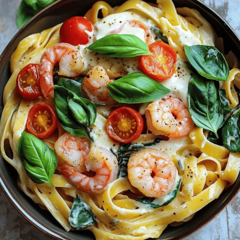 To whip up this creamy mozzarella shrimp pasta, you'll need a few key items. Here’s what you should gather: - 8 ounces fettuccine or linguine pasta - 1 pound large shrimp, peeled and deveined - 2 tablespoons olive oil - 3 cloves garlic, minced - 1 teaspoon red pepper flakes (adjust for spice level) - 1 cup heavy cream - 1 cup shredded mozzarella cheese - 1/2 cup grated Parmesan cheese - 1 cup cherry tomatoes, halved - 1 cup fresh spinach leaves - Salt and pepper to taste - Fresh basil, for garnish These ingredients create a rich, creamy sauce that hugs the pasta perfectly. I love using fettuccine or linguine for their ability to hold sauces well. The large shrimp add a nice bite, and the garlic brings out great flavor. Fresh cherry tomatoes and spinach not only add color but also offer a fresh taste. The combination of mozzarella and Parmesan gives the sauce its creaminess and richness. You can find these ingredients at any grocery store or farmer's market. For the full recipe, check out the complete guide to make this delightful dish. To cook the pasta, boil a large pot of salted water. Add the fettuccine or linguine. Cook until it is al dente, about 8-10 minutes. Drain the pasta, but save 1/2 cup of the pasta water. This water is helpful later for the sauce. Heat olive oil in a large skillet over medium heat. Add the shrimp and season them with salt, pepper, and red pepper flakes. Cook the shrimp for 2-3 minutes on each side. They should turn pink and opaque. Be careful not to overcook them, or they will be tough. Remove the shrimp from the skillet and set them aside. In the same skillet, add minced garlic and sauté for about 30 seconds. Then, pour in the heavy cream and stir well. Gradually mix in the shredded mozzarella and Parmesan cheese. Stir until everything melts together and becomes creamy. If you want a thicker sauce, you can simmer it a bit longer. Add the halved cherry tomatoes and fresh spinach to the sauce. Cook for 2-3 minutes until the spinach wilts. If the sauce is too thick, add some of the reserved pasta water to adjust the consistency. Finally, add the drained pasta and cooked shrimp to the skillet. Toss everything together to coat in the creamy sauce. Adjust the seasonings with salt and pepper if needed. Serve in bowls and enjoy this delicious meal. For the complete recipe, check out the Full Recipe. To make a rich and creamy sauce, start on medium heat. This helps keep the cream smooth. If your sauce separates, it’s likely too hot. Lower the heat and stir well. For extra creaminess, add cheese slowly. This helps it melt evenly. Use a good non-stick skillet. This prevents the sauce from sticking. A silicone spatula is great for mixing. It ensures you get every bit of flavor. Herbs and spices make your dish shine. Fresh basil adds a bright taste. You can also try oregano or thyme for a twist. A pinch of lemon zest can brighten the flavors too. Pair this pasta with a simple salad. A fresh green salad with vinaigrette works well. Garlic bread is another tasty side. It adds crunch and complements the creamy sauce. For more tips, check out the Full Recipe. {{image_2}} You can easily adapt this recipe to fit your diet. If you need gluten-free options, use gluten-free pasta. Many brands make good pasta that cooks well. For those who avoid dairy, you can swap heavy cream with plant-based cream. Coconut cream or cashew cream works great. These options keep the dish creamy while meeting your needs. Want to boost flavor and nutrition? Adding veggies is a great way to do this. Spinach adds color and nutrients, while cherry tomatoes bring sweetness. You can also toss in mushrooms, bell peppers, or zucchini for more texture. If you want extra protein, try adding chicken or scallops. As for serving, think outside the bowl! You can layer pasta on a plate for a fancy look. Or, serve it in a large dish for sharing. A sprinkle of fresh herbs on top makes a beautiful touch. Check out the full recipe for more ideas! To keep your creamy mozzarella shrimp pasta fresh, start by storing leftovers in an airtight container. Place the container in the fridge. This method keeps the dish safe to eat for about 3 to 4 days. For longer shelf life, you can freeze the pasta. To do this, allow the dish to cool completely. Then, transfer it to a freezer-safe bag or container. This can last for up to 2 months in the freezer. When ready to eat, it’s best to thaw it overnight in the fridge before reheating. Reheating creamy pasta can be tricky. To do it right, use a skillet over low heat. Add a splash of water or cream to help bring back the sauce’s creaminess. Stir gently as you heat it up. Avoid using high heat, as this can overcook the pasta and dry it out. If you need to use a microwave, heat in short bursts, stirring in between to ensure even warming. This way, you can enjoy your creamy mozzarella shrimp pasta just as much as the first time! How can I make this dish spicier? To add heat, increase red pepper flakes. You can also use diced jalapeños or a splash of hot sauce. Try adjusting the spice to match your taste. Just remember to add a little at a time. This helps you control the heat level. Can I substitute another type of cheese? Yes, you can use provolone or gouda if you prefer. Both melt well and add great flavor. Experiment with different cheeses to find your favorite combination. Mixing mozzarella with a sharper cheese can also enhance taste. What can I serve alongside this pasta dish? A fresh garden salad pairs well for a bright contrast. Garlic bread also makes a great side. If you want something warm, roasted vegetables would complement the creamy pasta nicely. How long will leftovers last in the fridge? Leftovers can last up to three days in the fridge. Make sure to store them in an airtight container. When ready to eat, reheat gently on the stove to keep the sauce creamy. For exact instructions, refer to the Full Recipe. This blog post covered how to make creamy mozzarella shrimp pasta. We discussed key ingredients, step-by-step instructions, and tips to enhance flavor. I shared ideas for variations to fit dietary needs and proper storage techniques for leftovers. Remember, cooking should be fun and creative. Don’t hesitate to try your own twists on this dish. Enjoy every bite, and impress your family with a delicious meal!