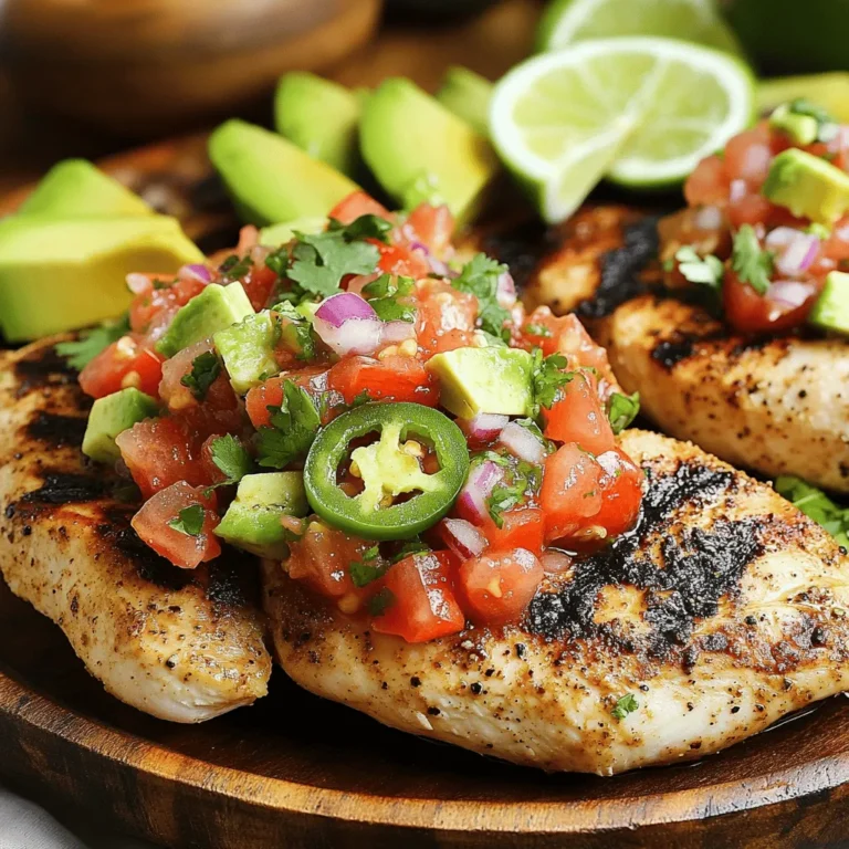 - 4 boneless, skinless chicken breasts - 2 cups fresh tomatoes, diced - 1/2 cup red onion, finely chopped - 1/2 cup fresh cilantro, chopped - 1 jalapeño, deseeded and minced - 2 tablespoons lime juice - 1 teaspoon ground cumin - 1 teaspoon garlic powder - Salt and pepper to taste - 2 tablespoons olive oil - Avocado slices and lime wedges for serving For this recipe, I love using fresh ingredients. The chicken breasts are the star here, so choose good quality ones. Diced tomatoes give a juicy burst, while red onion adds a nice crunch and sweetness. Cilantro brings a fresh flavor that brightens the dish. If you want more heat, the jalapeño can spice things up. I often adjust lime juice for a tangy kick. For seasoning, cumin and garlic powder add depth. Don’t forget salt and pepper; they truly enhance all the flavors. The olive oil not only adds richness but helps with cooking too. Finally, serving the chicken with avocado slices and lime wedges makes each bite even better. This recipe is simple, but each ingredient plays a big role in bringing out the best in your Salsa Fresca Chicken. For the complete recipe, check out the Full Recipe. To start, I combine the olive oil, lime juice, garlic powder, cumin, salt, and pepper in a bowl. This mix provides a bright flavor that enhances the chicken. Next, I add the chicken breasts. I make sure they are well coated in the marinade. Cover the bowl and let the chicken marinate in the fridge for at least 30 minutes. If you want more flavor, marinate it for up to 2 hours. While the chicken soaks up those flavors, I prepare the salsa. I mix diced tomatoes, red onion, cilantro, jalapeño, and lime juice in a mixing bowl. This mix gives the salsa a fresh and zesty kick. I add a pinch of salt and stir well. Allow the salsa to sit for at least 15 minutes. This resting time helps the flavors blend together nicely. Now, it’s time to cook the chicken. I preheat the grill to medium-high heat. After marinating, I take the chicken out and discard the leftover marinade. I grill the chicken for about 6-7 minutes on each side. I watch closely to ensure the chicken reaches a safe internal temperature of 165°F (75°C). Once cooked, I let the chicken rest for 5 minutes before slicing. This resting time keeps the chicken juicy and full of flavor. Now, it’s ready to serve with that vibrant salsa fresca on top! To get the most flavor, marinate the chicken for at least 30 minutes. For the best taste, aim for 2 hours in the fridge. If you want to mix things up, try using herbs like oregano or thyme. You can also swap the lime juice for lemon juice for a different zing. Achieving nice grill marks is easy. Preheat the grill to medium-high heat and avoid moving the chicken too much. Cook each side for about 6-7 minutes. This helps keep the chicken tender. Watch out for flare-ups, as they can burn the chicken. If they happen, move the chicken to a cooler part of the grill. To make your salsa fresher, consider adding fruits like mango or peach. A pinch of cumin or chili powder can also add depth. Letting the salsa rest for 15 minutes helps the flavors blend. This time is key for a great taste. Always taste and adjust before serving. For the full recipe, check out the details above. {{image_2}} You can easily swap chicken for turkey or tofu. Turkey offers a lean option that remains juicy. Tofu provides a plant-based choice full of protein. For salsa, think beyond tomatoes. Try mango or pineapple for a sweet twist. These fruits add a fun flavor and bright color. When cooking, you have options! You can bake or pan-sear the chicken. Baking gives a tender, juicy result. Pan-searing adds a nice crust. What about serving? Try over rice or mixed into a fresh salad. Both options create a colorful and filling meal. Adjusting spice levels is key to your taste. If you like heat, keep the jalapeño. For less spice, use less or remove the seeds. You can also add sweet elements. A touch of honey or agave can balance the salsa's acidity. This contrast makes each bite exciting and balanced. To keep your leftover Salsa Fresca Chicken fresh, store it in an airtight container. Use glass or plastic containers with tight lids. This helps to lock in moisture and flavor. Make sure the chicken and salsa are cool before sealing them. This prevents condensation, which can make the food soggy. You can freeze cooked chicken and salsa for later use. Place the chicken in a freezer-safe bag or container. Make sure to remove as much air as possible before sealing. Salsa can also freeze well. Use ice cube trays for easy portions. When you're ready to eat, take out what you need. Defrost in the fridge overnight. To reheat, warm the chicken in the oven or skillet. Heat the salsa in a pan on low until warm. Leftovers will last about three to four days in the fridge. In the freezer, they can last up to three months. Always check for signs of spoilage. Look for off smells or changes in color. If the chicken feels slimy or the salsa looks watery, it's best to throw it away. Enjoy your delicious leftovers safely! Salsa Fresca is a fresh, uncooked salsa made from simple ingredients. It usually has diced tomatoes, onions, cilantro, and lime juice. Unlike cooked salsas, Salsa Fresca tastes bright and vibrant. It differs from other salsas by using raw ingredients, which gives it a crisp texture. Some salsas are cooked or blended, but Salsa Fresca keeps things fresh and chunky. You can adjust the heat by adding jalapeños or other chili peppers. Yes, you can prepare Salsa Fresca Chicken ahead of time. For meal prep, marinate the chicken early in the day or even the night before. This helps the flavors blend nicely. After cooking, store the chicken and salsa separately in airtight containers. The chicken stays good in the fridge for up to four days. Salsa Fresca is best fresh but can last for two days in the fridge. Just remember to mix it again before serving! Salsa Fresca Chicken pairs well with many side dishes. You can serve it with rice or quinoa for a wholesome meal. Fresh greens like a simple salad add a nice crunch. Corn on the cob or grilled veggies also make great sides. For a complete meal, you could add black beans or avocado slices. These options enhance the flavors of the chicken and salsa. Try to balance the meal with proteins, carbs, and veggies for a satisfying plate. Salsa Fresca Chicken combines fresh ingredients for a vibrant meal. You learned the best ingredients, step-by-step cooking, and storage tips. Don’t forget to marinate well for flavor. Try different ingredients for exciting twists. This dish is easy and fun to make. It fits any occasion and pleases everyone at your table. Enjoy your cooking adventure!