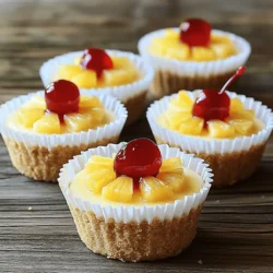 - 1 cup graham cracker crumbs - 4 tablespoons unsalted butter, melted - 8 oz cream cheese, softened - ½ cup granulated sugar - 1 cup sour cream - 12 maraschino cherries - Additional crushed pineapple When making mini pineapple upside-down cheesecakes, you need to gather all your ingredients first. The graham cracker crumbs form a buttery base. You’ll melt the unsalted butter and mix it with the crumbs. This creates a crust that is both crunchy and sweet. Cream cheese is the star of this dessert. It gives the cheesecake its rich and creamy texture. Adding granulated sugar will help sweeten the filling. Don't forget the sour cream. It adds a nice tang and helps to balance the sweetness. For a fun touch, maraschino cherries make a great topping. They add a pop of color and flavor. You can also sprinkle some extra crushed pineapple on top. This makes your mini cheesecakes even more tropical and delicious. If you want to dive deeper into the recipe, check out the Full Recipe for all the steps and tips. Happy baking! - Preheat the oven: Start by preheating your oven to 325°F (160°C). - Line muffin tins with paper liners: Grab a muffin tin and place paper liners in each cup. This makes it easy to remove the cheesecakes later. - Combine graham cracker crumbs, butter, and sugar: In a medium bowl, mix 1 cup of graham cracker crumbs, 4 tablespoons of melted butter, and 1 teaspoon of sugar. Stir until everything blends well. - Press into muffin liners and baking time: Now, take this mixture and press it into the bottom of each muffin liner. Make it tight! Bake the crust for 8 to 10 minutes until it is lightly browned. After baking, let it cool. - Mix cream cheese and sugar: In a large bowl, beat 8 oz of softened cream cheese with ½ cup of granulated sugar. Use an electric mixer until the mix turns smooth and creamy. - Add vanilla, sour cream, and eggs: Next, add 1 teaspoon of vanilla extract, 1 cup of sour cream, and 2 large eggs. Mix on low speed after each egg until just combined. Be careful and don’t overmix. - Fold in crushed pineapple: Finally, gently fold in 1 cup of drained crushed pineapple. This gives your cheesecake its tropical flavor. These steps will set you up for a delicious treat! For the complete recipe, check out the Full Recipe. To make the best mini cheesecakes, avoid overmixing the eggs. This keeps the texture smooth. Overmixing can add too much air, which may cause cracks. Mix the eggs just until they blend in. Achieving the right cheesecake texture is key. You want them creamy but firm. Bake them just until the centers jiggle slightly. They will firm up as they cool. Chill your cheesecakes for at least two hours. This helps them set properly. For a delightful touch, serve them cold. Garnishing ideas can elevate your dessert. A maraschino cherry on top adds color. You can also sprinkle crushed pineapple around for a fun look. Watch out for crust issues. If your crust is too crumbly, it may fall apart. Make sure to press it firmly into the muffin liners. Filling too runny is another mistake. Drain the crushed pineapple well before adding it. This keeps the filling thick and creamy. {{image_2}} You can make these mini cheesecakes even more fun by changing the fruit. Try using crushed peaches or cherries instead of pineapple. You can also add seasonal fruits like strawberries or blueberries for a fresh twist. These choices add unique flavors to your treat and keep things interesting. Want to change the flavor? You can mix in some coconut or vanilla bean for a tropical vibe. If you love chocolate, drizzle some melted chocolate on top. This adds a rich taste that pairs well with the creamy cheesecake. Both options can elevate your mini cheesecakes to new heights. Switch up the crust for a new experience. Instead of graham crackers, use digestive biscuits or even oatmeal cookies. They bring a different taste and texture. If you need a gluten-free option, try almond flour or gluten-free cookies. These alternatives will still give you a delicious base for your cheesecake. For the Full Recipe, check the link to find detailed steps and ingredients. You can keep your mini pineapple upside-down cheesecakes in the fridge for about five days. Make sure they are in an airtight container. This helps keep them fresh and tasty. For best results, do not stack them. Place each cheesecake flat to avoid any damage. Freezing these mini treats is easy. First, let them cool completely. Then, wrap each cheesecake in plastic wrap. After that, place them in a freezer-safe bag. This method helps prevent freezer burn. You can freeze them for up to three months. When you are ready to eat them, take them out and put them in the fridge. Let them thaw overnight. This way, they stay creamy and delicious. Enjoy your sweet treat any time! For the full recipe, check out the Full Recipe link. To keep your cheesecakes smooth and crack-free, avoid overmixing. Mix until just combined. Bake them gently. A water bath helps keep the heat soft. Let them cool gradually in the oven with the door ajar. Yes, you can prepare these mini cheesecakes ahead of time. Make them one day before your event. Once they cool, cover them well and refrigerate. This makes them even tastier as flavors blend. If you need a substitute for sour cream, use Greek yogurt or silken tofu. Both options work well. They keep the creaminess but lower the fat. Yogurt also adds a slight tang like sour cream. Absolutely! Using fresh pineapple is a great idea. Just peel and chop it into small pieces. Drain off any excess juice before mixing it in. This keeps your cheesecake from becoming too wet. Each mini cheesecake is one serving. The recipe makes 12 cheesecakes, perfect for sharing. You can also cut them in half for smaller bites. Guests will love these cute, tasty treats. You can find the Full Recipe for these delightful cheesecakes online. It contains all the steps and tips you need to create this tasty dessert. Enjoy the process and happy baking! In this post, we explored the delightful mini pineapple upside-down cheesecakes. We began with the essential ingredients like graham cracker crumbs and cream cheese. I provided step-by-step instructions to guide you through making the perfect crust and filling. I also shared tips to avoid common mistakes and offered variations to suit your taste. With these easy steps, you can impress friends and family. Enjoy experimenting with flavors and toppings. Happy baking!