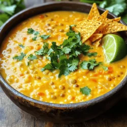 - 1 cup brown or green lentils, rinsed and drained - 1 tablespoon olive oil - 1 large onion, diced - 2 cloves garlic, minced - 1 bell pepper, diced (any color) - 2 medium carrots, diced - 1 zucchini, diced - 1 can (14 oz) diced tomatoes with green chilies - 1 teaspoon ground cumin - 1 teaspoon smoked paprika - 1/2 teaspoon chili powder - 4 cups vegetable broth - 1 can (13.5 oz) coconut milk - Salt and pepper to taste - Juice of 1 lime - Fresh cilantro, chopped (for garnish) - Tortilla chips (for serving) This recipe is simple and fun. You can find the full recipe for creamy vegan lentil tortilla soup above. Let’s break this down. First, lentils are a great base. They are packed with protein and fiber. Next, the veggies add crunch and flavor. Onion and garlic bring warmth. The bell pepper and carrots add color. Zucchini gives a nice touch. The spices make this soup special. Cumin and smoked paprika bring depth. Chili powder adds a little kick. Coconut milk creates creaminess and a hint of sweetness. The lime juice adds brightness. Finally, fresh cilantro gives a pop of flavor. Tortilla chips make this soup even better. They add crunch and fun. Feel free to mix in your favorite toppings. Enjoy the delicious flavors and textures in this soup! 1. In a large pot, heat 1 tablespoon of olive oil over medium heat. 2. Add 1 large diced onion and sauté for about 5 minutes until it is soft and clear. 3. Next, stir in 2 minced cloves of garlic, 1 diced bell pepper, and 2 diced carrots. Cook for 4-5 minutes until these veggies soften. 4. Add 1 diced zucchini, 1 cup of rinsed lentils, and 1 can of diced tomatoes with green chilies. Sprinkle in 1 teaspoon of ground cumin, 1 teaspoon of smoked paprika, and 1/2 teaspoon of chili powder. Mix well. 5. Pour in 4 cups of vegetable broth and combine everything in the pot. 1. Bring the mixture to a gentle boil. Then, lower the heat and let it simmer. 2. Cook for about 25-30 minutes or until the lentils become soft. 3. Once the lentils are tender, stir in 1 can of coconut milk. Let it simmer for another 5 minutes. 4. Season the soup with salt, pepper, and juice from 1 lime to taste. 1. Serve the soup hot in deep bowls. The bright color will look great! 2. Garnish with fresh chopped cilantro on top. 3. Add a handful of crispy tortilla chips for crunch. 4. For extra fun, you can serve lime wedges on the side to squeeze over the soup. You can find the Full Recipe for a complete guide on making this delicious dish! - Rinsing and soaking lentils: Rinse your lentils under cool water. This step removes dirt and helps with digestion. Soaking is not needed for brown or green lentils, but it can cut cooking time for other types. - Choosing the right vegetables: Use fresh veggies for the best taste. Bell peppers add sweetness. Carrots bring color and crunch. Zucchini adds a nice texture. Feel free to mix in any vegetables you love. - Adjusting cooking time based on lentil type: Brown and green lentils cook well in about 25-30 minutes. Red lentils cook faster, usually in 15-20 minutes. Check them often to avoid mushiness. - Best practices for flavor enhancement: Add spices early to let them bloom in the oil. It makes the soup rich and flavorful. A squeeze of lime at the end brightens the taste. Don’t forget salt; it brings out all the flavors. - Ideal serving dishes: Serve the soup in deep bowls. This allows the bright color to shine through. A wide, shallow bowl can work too, giving a casual feel. - Adding garnishes for visual appeal: Top with fresh cilantro for a pop of green. Add a few crispy tortilla chips for texture. A lime wedge on the side looks nice and adds freshness. For the full recipe, check out the details above! {{image_2}} You can swap lentils for other beans. Black beans or chickpeas work great. They give a nice texture and taste. If you want a different creaminess, try almond or cashew milk instead of coconut milk. These options add a unique flavor. Spices can change the soup's taste. Try adding oregano, coriander, or turmeric for new flavors. You can also mix in a dash of hot sauce for heat! For toppings, consider avocado slices, lime wedges, or fresh green onions. These add color and extra flavor to your dish. For a gluten-free version, choose gluten-free tortilla chips. This keeps the soup safe for everyone. If you need low-sodium options, use low-sodium vegetable broth. You can also limit added salt for a healthier meal. Explore all these changes to make the soup your own! For the full recipe, check out the Creamy Vegan Lentil Tortilla Soup. To store your creamy vegan lentil tortilla soup, use airtight containers. Glass containers work best, as they do not retain odors. You can also use plastic containers, but make sure they are BPA-free. Let the soup cool down before sealing the lid. This helps keep it fresh and prevents condensation. For refrigeration, keep the soup in the fridge for up to five days. Make sure you place it on a middle shelf, where the temperature is stable. Avoid storing it in the door, as that area tends to be warmer. If you want to store the soup for longer, freezing is a great option. Pour the soup into freezer-safe containers, leaving some space at the top because it will expand. You can also use freezer bags. Just lay them flat in the freezer to save space. For thawing, move the soup to the fridge overnight. If you're in a hurry, you can put the container in cold water for a few hours. When ready to eat, reheat it on the stove over medium heat. Stir often to ensure even heating. In the fridge, the creamy vegan lentil tortilla soup lasts about five days. If you freeze it, it can last for up to three months. Check for spoilage by looking for strange colors or odors. If the soup smells sour or has an off taste, it's best to discard it. Always trust your senses! Can I use dried lentils instead of canned? Yes, you can use dried lentils. Just rinse them well. You will need to increase the cooking time. Soak them for a few hours or overnight to cut down on cooking time. This will help them cook evenly. How can I make this recipe spicier? To spice things up, add more chili powder or hot sauce. You can also use fresh jalapeños or diced green chilies. If you want a smoky flavor, add more smoked paprika. Just remember to taste as you go! This soup is packed with nutrition. Lentils are a great source of protein and fiber. They help keep you full longer and support digestion. Coconut milk adds healthy fats, which are good for your heart. Vegetables like carrots and zucchini provide vitamins and minerals. They boost your immune system and improve skin health. You can pair this soup with a fresh salad for a complete meal. A side of avocado toast also complements the flavors well. For drinks, try a light beer or a fruity mocktail. A glass of limeade can also enhance the soup's flavors. Enjoy your meal with a crunchy texture from tortilla chips on the side! This blog post guides you through a delicious lentil soup. We covered ingredients, step-by-step cooking, and tips for variation. You learned how to store leftovers and answer common questions. Making this recipe is simple and rewarding. With the right steps, you can create a tasty meal. Enjoy this healthy dish with friends or family. The warmth and flavor will satisfy everyone’s taste buds.