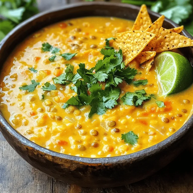 - 1 cup brown or green lentils, rinsed and drained - 1 tablespoon olive oil - 1 large onion, diced - 2 cloves garlic, minced - 1 bell pepper, diced (any color) - 2 medium carrots, diced - 1 zucchini, diced - 1 can (14 oz) diced tomatoes with green chilies - 1 teaspoon ground cumin - 1 teaspoon smoked paprika - 1/2 teaspoon chili powder - 4 cups vegetable broth - 1 can (13.5 oz) coconut milk - Salt and pepper to taste - Juice of 1 lime - Fresh cilantro, chopped (for garnish) - Tortilla chips (for serving) This recipe is simple and fun. You can find the full recipe for creamy vegan lentil tortilla soup above. Let’s break this down. First, lentils are a great base. They are packed with protein and fiber. Next, the veggies add crunch and flavor. Onion and garlic bring warmth. The bell pepper and carrots add color. Zucchini gives a nice touch. The spices make this soup special. Cumin and smoked paprika bring depth. Chili powder adds a little kick. Coconut milk creates creaminess and a hint of sweetness. The lime juice adds brightness. Finally, fresh cilantro gives a pop of flavor. Tortilla chips make this soup even better. They add crunch and fun. Feel free to mix in your favorite toppings. Enjoy the delicious flavors and textures in this soup! 1. In a large pot, heat 1 tablespoon of olive oil over medium heat. 2. Add 1 large diced onion and sauté for about 5 minutes until it is soft and clear. 3. Next, stir in 2 minced cloves of garlic, 1 diced bell pepper, and 2 diced carrots. Cook for 4-5 minutes until these veggies soften. 4. Add 1 diced zucchini, 1 cup of rinsed lentils, and 1 can of diced tomatoes with green chilies. Sprinkle in 1 teaspoon of ground cumin, 1 teaspoon of smoked paprika, and 1/2 teaspoon of chili powder. Mix well. 5. Pour in 4 cups of vegetable broth and combine everything in the pot. 1. Bring the mixture to a gentle boil. Then, lower the heat and let it simmer. 2. Cook for about 25-30 minutes or until the lentils become soft. 3. Once the lentils are tender, stir in 1 can of coconut milk. Let it simmer for another 5 minutes. 4. Season the soup with salt, pepper, and juice from 1 lime to taste. 1. Serve the soup hot in deep bowls. The bright color will look great! 2. Garnish with fresh chopped cilantro on top. 3. Add a handful of crispy tortilla chips for crunch. 4. For extra fun, you can serve lime wedges on the side to squeeze over the soup. You can find the Full Recipe for a complete guide on making this delicious dish! - Rinsing and soaking lentils: Rinse your lentils under cool water. This step removes dirt and helps with digestion. Soaking is not needed for brown or green lentils, but it can cut cooking time for other types. - Choosing the right vegetables: Use fresh veggies for the best taste. Bell peppers add sweetness. Carrots bring color and crunch. Zucchini adds a nice texture. Feel free to mix in any vegetables you love. - Adjusting cooking time based on lentil type: Brown and green lentils cook well in about 25-30 minutes. Red lentils cook faster, usually in 15-20 minutes. Check them often to avoid mushiness. - Best practices for flavor enhancement: Add spices early to let them bloom in the oil. It makes the soup rich and flavorful. A squeeze of lime at the end brightens the taste. Don’t forget salt; it brings out all the flavors. - Ideal serving dishes: Serve the soup in deep bowls. This allows the bright color to shine through. A wide, shallow bowl can work too, giving a casual feel. - Adding garnishes for visual appeal: Top with fresh cilantro for a pop of green. Add a few crispy tortilla chips for texture. A lime wedge on the side looks nice and adds freshness. For the full recipe, check out the details above! {{image_2}} You can swap lentils for other beans. Black beans or chickpeas work great. They give a nice texture and taste. If you want a different creaminess, try almond or cashew milk instead of coconut milk. These options add a unique flavor. Spices can change the soup's taste. Try adding oregano, coriander, or turmeric for new flavors. You can also mix in a dash of hot sauce for heat! For toppings, consider avocado slices, lime wedges, or fresh green onions. These add color and extra flavor to your dish. For a gluten-free version, choose gluten-free tortilla chips. This keeps the soup safe for everyone. If you need low-sodium options, use low-sodium vegetable broth. You can also limit added salt for a healthier meal. Explore all these changes to make the soup your own! For the full recipe, check out the Creamy Vegan Lentil Tortilla Soup. To store your creamy vegan lentil tortilla soup, use airtight containers. Glass containers work best, as they do not retain odors. You can also use plastic containers, but make sure they are BPA-free. Let the soup cool down before sealing the lid. This helps keep it fresh and prevents condensation. For refrigeration, keep the soup in the fridge for up to five days. Make sure you place it on a middle shelf, where the temperature is stable. Avoid storing it in the door, as that area tends to be warmer. If you want to store the soup for longer, freezing is a great option. Pour the soup into freezer-safe containers, leaving some space at the top because it will expand. You can also use freezer bags. Just lay them flat in the freezer to save space. For thawing, move the soup to the fridge overnight. If you're in a hurry, you can put the container in cold water for a few hours. When ready to eat, reheat it on the stove over medium heat. Stir often to ensure even heating. In the fridge, the creamy vegan lentil tortilla soup lasts about five days. If you freeze it, it can last for up to three months. Check for spoilage by looking for strange colors or odors. If the soup smells sour or has an off taste, it's best to discard it. Always trust your senses! Can I use dried lentils instead of canned? Yes, you can use dried lentils. Just rinse them well. You will need to increase the cooking time. Soak them for a few hours or overnight to cut down on cooking time. This will help them cook evenly. How can I make this recipe spicier? To spice things up, add more chili powder or hot sauce. You can also use fresh jalapeños or diced green chilies. If you want a smoky flavor, add more smoked paprika. Just remember to taste as you go! This soup is packed with nutrition. Lentils are a great source of protein and fiber. They help keep you full longer and support digestion. Coconut milk adds healthy fats, which are good for your heart. Vegetables like carrots and zucchini provide vitamins and minerals. They boost your immune system and improve skin health. You can pair this soup with a fresh salad for a complete meal. A side of avocado toast also complements the flavors well. For drinks, try a light beer or a fruity mocktail. A glass of limeade can also enhance the soup's flavors. Enjoy your meal with a crunchy texture from tortilla chips on the side! This blog post guides you through a delicious lentil soup. We covered ingredients, step-by-step cooking, and tips for variation. You learned how to store leftovers and answer common questions. Making this recipe is simple and rewarding. With the right steps, you can create a tasty meal. Enjoy this healthy dish with friends or family. The warmth and flavor will satisfy everyone’s taste buds.