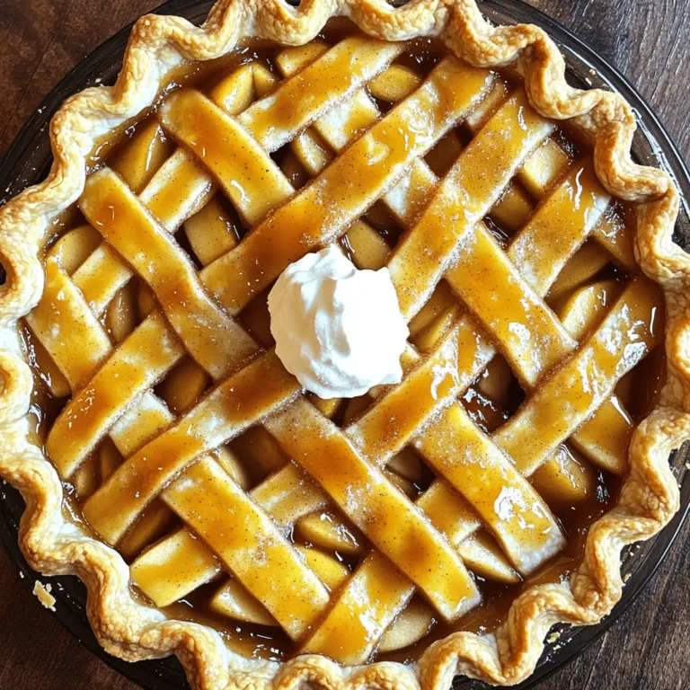 To make Easy Caramel Apple Pies, gather these ingredients: - 3 cups of peeled and sliced apples (Granny Smith or Honeycrisp work well) - 1/2 cup granulated sugar - 1 teaspoon cinnamon - 2 tablespoons lemon juice - 1/4 cup caramel sauce (store-bought or homemade) - 1 package of refrigerated pie crusts (2 crusts) - 1 egg (for egg wash) - 1 tablespoon milk (for egg wash) - Optional: Whipped cream or vanilla ice cream for serving You can swap ingredients based on what you have. Use any tart apples if you can’t find Granny Smith or Honeycrisp. Brown sugar can replace granulated sugar for a deeper flavor. If you prefer, lemon juice can be substituted with apple cider vinegar. For caramel sauce, you can make your own or use a store-bought option. If you need a vegan version, use a plant-based egg wash made from almond milk and a splash of maple syrup. Choosing the right apples is key to a great pie. Look for firm apples that hold their shape when cooked. Granny Smith apples give a nice tart flavor, while Honeycrisp adds sweetness and crunch. Check for freshness by looking for smooth skin and no bruises. If you can, smell the apples. A sweet, fruity scent means they are ripe and ready to use. Mixing different apple types enhances flavor and texture in your pie. Start by preheating your oven to 425°F (220°C). This helps cook the pie evenly. Next, take your apples, peel and slice them into thin pieces. I love using Granny Smith or Honeycrisp apples. In a large bowl, mix the sliced apples with granulated sugar, cinnamon, and lemon juice. Toss everything well so the apples are coated. This adds flavor and helps keep them fresh. Now, roll out one pie crust and fit it into a 9-inch pie dish. Pour the prepared apple mixture into the crust. Drizzle the caramel sauce over the apples. This adds a sweet, gooey touch that makes the pie special. Once your pie is filled, roll out the second pie crust. You can lay it on top as a solid crust or cut it into strips for a lattice design. If you choose a solid crust, remember to make a few small slits for steam to escape. In a small bowl, whisk together the egg and milk for the egg wash. Brush this mixture over the crust. It gives the pie a nice golden color. Place the pie on a baking sheet to catch any drips. Bake it for 25-30 minutes. You want the crust to turn golden brown and the filling to be bubbly. When it’s done, let the pie cool for at least 10 minutes. This helps the filling set, making it easier to slice. Creating a lattice crust is fun and adds a fancy touch. Roll out the second pie crust and cut it into long strips. Lay half of the strips across the pie in one direction, leaving gaps between them. Then, fold back every other strip. Place a new strip across the pie at a right angle. Unfold the strips back over it. Repeat this with the other half of the strips. Trim any extra dough from the edges and crimp them together for a nice finish. Brush the lattice with the egg wash for a beautiful glaze. The lattice design allows you to see the delicious filling inside. For the full recipe, check the section above. To make a great pie crust, keep your ingredients cold. Use chilled butter and ice water. This helps the crust to stay flaky and tender. When you roll out the dough, don't overwork it. Just roll until it fits your pan. For extra flavor, mix in a pinch of salt. Choose apples that are crisp and tart. Granny Smith or Honeycrisp are my favorites. Slice them thin for even cooking. Toss them with sugar and cinnamon. This gives them a sweet and spicy kick. Next, mix in lemon juice to keep them bright and fresh. Cook them briefly before adding to the pie. This step makes them tender and full of flavor. Serve your pie warm for the best taste. A scoop of vanilla ice cream on top melts perfectly. Whipped cream is also a great choice. You can sprinkle some extra cinnamon on top for fun. For a twist, try drizzling more caramel sauce over each slice. Enjoy the pie with friends or family for a cozy treat! {{image_2}} You can choose many types of apples for your caramel apple pies. I love using Granny Smith apples. They are tart and hold their shape well when baked. Honeycrisp apples are another favorite. They are sweet and crisp, giving a nice balance to the pie. Other great options include Fuji and Braeburn apples. Each apple brings its own taste and texture. Mix different types for extra flavor! You can easily change the spice mix in your pie. Cinnamon is a classic, but you can try nutmeg or allspice for a warm touch. A pinch of ginger adds a nice kick. If you want a sweeter pie, consider adding brown sugar instead of white sugar. You can also add a splash of vanilla extract for depth. Experimenting with spices lets you create a pie that suits your taste. Mini caramel apple pies are fun and cute! To make them, use a muffin tin instead of a pie dish. Roll out the pie crust and cut it into smaller circles. Press these circles into the muffin tin cups. Fill each cup with your apple mixture and drizzle caramel sauce on top. Bake them just like the larger pie, but check them after 15-20 minutes. They are perfect for sharing or for a sweet snack. You can find the full recipe in the recipe section. To store leftover caramel apple pies, let them cool first. Cover the pie with plastic wrap or aluminum foil. You can also place it in an airtight container. Store the pie in the fridge for up to four days. This keeps the crust fresh and the filling tasty. When you want to enjoy leftover pie, preheat your oven to 350°F (175°C). Take the pie out of the fridge and remove any wrapping. Place the pie on a baking sheet. Heat it in the oven for about 15-20 minutes. This warms the pie without making the crust too soft. You can also use a microwave, but the crust may get soggy. You can freeze caramel apple pies for later enjoyment. If you plan to freeze, wrap the pie tightly in plastic wrap. Then, place it in a freezer-safe bag or container. It can stay in the freezer for up to three months. When you’re ready to eat it, let it thaw in the fridge overnight. Then, reheat it in the oven for the best texture. For the full recipe, check out the Easy Caramel Apple Pies section. Yes, you can use homemade caramel sauce. Making it at home gives a fresh taste. You can control the flavor and sweetness. Just follow your favorite recipe, and drizzle it over the apples. It adds a special touch to your Easy Caramel Apple Pies. If you need a recipe, I recommend checking out the Full Recipe. Using an egg wash is not necessary, but it helps create a nice look. It makes the crust shiny and golden. If you skip it, your pie will still taste great. For a quick option, you can use milk instead. Just brush it on top for some color. You can serve your Caramel Apple Pies with whipped cream or vanilla ice cream. Both options add creaminess that balances the pie's flavors. You can also try a drizzle of extra caramel sauce on top. It makes each bite extra special. We explored how to make easy caramel apple pies, from gathering ingredients to baking. You learned about the best apples, making a lattice crust, and achieving perfect caramel. I shared tips for a flaky crust and ways to customize your pie. Remember to store leftovers right and enjoy them later. Every step adds to your tasty treat. These pies are simple yet delicious, perfect for any occasion. Now, you’re ready to impress with homemade caramel apple pies!