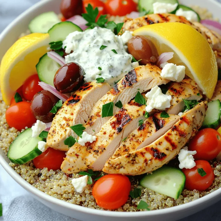 Chicken and Herbs - 2 boneless, skinless chicken breasts - 1 teaspoon dried oregano - 1 teaspoon garlic powder - 1 teaspoon paprika - 1 tablespoon olive oil - Salt and pepper to taste The chicken breasts serve as the protein base. I use a simple mix of herbs for flavor. Dried oregano gives it a classic Greek taste. Garlic powder adds depth, while paprika adds a bit of warmth. Olive oil helps the chicken stay moist during cooking. Quinoa and Vegetables - 1 cup quinoa, rinsed - 2 cups vegetable broth - 1 cup cherry tomatoes, halved - 1 cucumber, diced - 1/2 red onion, thinly sliced - 1 cup kalamata olives, pitted and halved Quinoa acts as a nutritious grain in this bowl. It is high in protein and fiber. I cook it in vegetable broth for extra flavor. Fresh vegetables like cherry tomatoes and cucumber provide crunch and color. Red onions add a mild bite, while kalamata olives give a briny touch. Toppings and Dressings - 1 cup feta cheese, crumbled - 1/4 cup fresh parsley, chopped - 1/4 cup tzatziki sauce (store-bought or homemade) Feta cheese offers a creamy component. It adds saltiness and richness to the dish. Fresh parsley brightens the flavors and adds a pop of color. Finally, tzatziki sauce brings coolness and tang, making each bite refreshing. You can check the Full Recipe for the complete step-by-step instructions. Enjoy crafting your Greek chicken bowls! Preparing the Marinade To make the marinade, mix these ingredients in a small bowl: - 1 teaspoon dried oregano - 1 teaspoon garlic powder - 1 teaspoon paprika - 1 tablespoon olive oil - Salt and pepper to taste This blend gives the chicken great flavor and aroma. Coating and Marinating Time Coat the chicken breasts with the marinade. Make sure to cover all parts well. Let the chicken sit for at least 15 minutes. This allows the flavors to soak in. How to Cook Quinoa Perfectly In a saucepan, bring 2 cups of vegetable broth to a boil. Then, add 1 cup of rinsed quinoa. Lower the heat, cover, and simmer for about 15 minutes. The quinoa is ready when all the liquid is absorbed. Fluffing and Letting it Sit After cooking, use a fork to fluff the quinoa. This step makes it light and airy. Set it aside for now. Temperature and Timing Preheat your grill or grill pan over medium-high heat. Grill the marinated chicken for about 6-7 minutes on each side. Checking for Doneness Check the chicken's internal temperature. It should reach 165°F to be safe to eat. Let it rest for a few minutes before slicing it. This keeps the juices in. Combining Ingredients In a large bowl, mix the cooked quinoa with: - 1 cup cherry tomatoes, halved - 1 cucumber, diced - 1/2 red onion, thinly sliced - 1 cup kalamata olives, pitted and halved - 1/2 cup feta cheese, crumbled Toss gently to combine. This creates a colorful, tasty base. Serving Suggestions To assemble, place a generous portion of the quinoa salad in each bowl. Top with sliced grilled chicken. Add a dollop of tzatziki sauce, remaining feta cheese, and sprinkle with fresh parsley. Enjoy your Greek chicken bowls for a healthy meal! For the complete recipe, see the Mediterranean Flavor Bomb Chicken Bowls. Marinating Tips Marinating the chicken is key to great flavor. Use a mix of dried oregano, garlic powder, and paprika for a punchy taste. Make sure to coat the chicken evenly with the marinade. Let it sit for at least 15 minutes. If you have more time, marinate it longer in the fridge. This gives the chicken even more flavor. Cooking Tips for Quinoa Cooking quinoa is simple with the right method. Rinse the quinoa first to remove its bitter coating. Use vegetable broth for cooking to add more flavor. Bring the broth to a boil, then lower the heat and cover. Let it simmer for about 15 minutes. Fluff the quinoa with a fork once done. This makes it light and fluffy. Arranging Ingredients When serving, think about how to make it look good. Start with a base of quinoa. Then add the colorful veggies like cherry tomatoes and cucumber on top. Place the sliced chicken neatly over the veggies. This not only looks nice but also makes it easy to eat. Adding Garnishes Garnishes can elevate your dish. Sprinkle crumbled feta cheese and fresh parsley on top. A lemon wedge on the side adds a splash of color and a zesty kick. These small touches make your Greek chicken bowls look and taste gourmet. Nutritional Value of Quinoa Quinoa is a super grain packed with protein and fiber. It has all nine essential amino acids. This makes it a great choice for a healthy meal. Plus, it is gluten-free, making it suitable for many diets. Benefits of Mediterranean Diet The Mediterranean diet is known for being heart-healthy. It includes lots of fruits, veggies, and healthy fats like olive oil. Eating this way can lower the risk of heart disease and improve overall health. The balance of flavors and nutrients in these bowls makes them a smart choice for any meal. {{image_2}} Alternative Proteins You can switch the chicken for other proteins. Try shrimp, beef, or lamb. Each adds a unique taste. If you want a lighter option, use tofu or tempeh. They absorb flavors well and pair nicely with Mediterranean spices. Vegetarian Versions For a vegetarian bowl, skip the meat. Use chickpeas or lentils instead. They are packed with protein. You could also add grilled vegetables like bell peppers, zucchini, or eggplant. This keeps the meal colorful and full of nutrients. Adding Spices Spices can change the flavor of your bowl. Consider adding cumin or coriander for warmth. A pinch of cayenne or chili flakes gives heat. You can also add fresh herbs like mint or dill for a fresh taste. Creative Toppings and Sauces Think outside the box with toppings. Try roasted nuts for crunch or avocado for creaminess. You can mix different sauces too. A drizzle of balsamic reduction or a spicy harissa can add a kick. Experiment until you find your favorite flavor combos. Using Fresh Produce Fresh produce makes your Greek chicken bowls shine. Use ripe tomatoes in summer or sweet squash in fall. Seasonal fruits like peaches or pomegranates can add sweetness. Always look for what’s fresh at your market. Adapting to Available Ingredients You don’t need all the exact ingredients. If you don’t have quinoa, use rice or couscous. If you can’t find feta, try goat cheese or a dairy-free alternative. Adapt your bowl based on what you have at home for delicious results. - Storing Leftovers: Allow your Greek chicken bowls to cool completely. Once cooled, place them in airtight containers. This keeps the bowls fresh and tasty. Store in the fridge for up to three days. - Best Practices for Meal Prepping: When prepping, make sure to portion out your meals. Use clear containers to see what's inside. You can also prep ingredients separately. This way, you keep them fresh longer. - How to Reheat Safely: To reheat your bowls, use the microwave or oven. If using a microwave, cover the bowl to avoid drying out the food. Heat for one to two minutes, checking often. For the oven, place in a covered dish at 350°F for about 10-15 minutes. - Maintaining Flavor and Texture: To keep the chicken juicy, add a splash of broth or water when reheating. This step helps retain moisture and flavor. Stir your quinoa and veggies before serving to mix in the flavors. - How Long Can You Store the Bowls?: Your Greek chicken bowls can last in the fridge for three days. If you freeze them, they can last up to three months. Just be sure to thaw in the fridge before reheating. - Signs of Spoilage: Check for any off smells or changes in color. If the quinoa looks mushy or the chicken feels slimy, it's best to throw it out. Always trust your senses when it comes to food safety. For a full recipe, check out the Mediterranean Flavor Bomb Chicken Bowls. Yes, you can use boneless thighs. They add moisture and flavor. However, cooking time will change. Thighs may need a few extra minutes on the grill. Aim for an internal temperature of 165°F, just like with breasts. If you want a grain swap, consider brown rice or couscous. Both are easy to prepare and tasty. You could also use farro or bulgur for a nutty flavor. Each option brings a different texture and taste to your bowl. Making tzatziki is simple and quick. Combine these ingredients in a bowl: - 1 cup Greek yogurt - 1 cucumber, grated and drained - 1 clove garlic, minced - 1 tablespoon olive oil - 1 tablespoon lemon juice - Salt to taste Mix well and chill for a bit. This sauce will elevate your Greek chicken bowls. Yes, Greek chicken bowls are a balanced meal. They have lean protein, healthy fats, and lots of veggies. Quinoa adds fiber and nutrients. Together, these ingredients provide energy and satisfaction. This meal aligns well with a healthy diet. To make Greek chicken bowls vegan, swap chicken for chickpeas or tofu. Both options are great protein sources. Use a vegan feta cheese for creaminess. You can still enjoy the delicious flavors with these simple swaps. For the complete guide, check out the Mediterranean Flavor Bomb Chicken Bowls. You now know how to make Greek chicken bowls from start to finish. We covered the main ingredients, steps, and helpful tips. You can customize the bowls to suit your taste and needs. Think about the health benefits too; these meals fit well into a balanced diet. Remember to store leftovers safely and reheat them properly. With your new skills, you'll create tasty bowls that impress and nourish. Enjoy the process and get creative with flavors and ingredients!