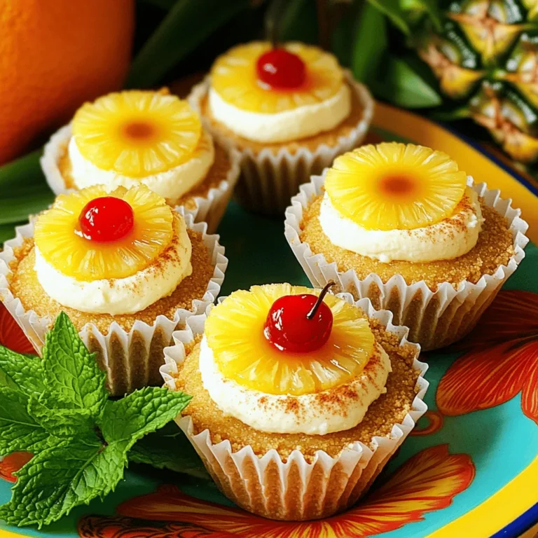 To make these tasty mini cheesecakes, gather these key items: - 1 cup graham cracker crumbs - 1/4 cup unsalted butter, melted - 1/4 cup sugar - 8 oz cream cheese, softened - 1/2 cup sour cream - 1/4 cup powdered sugar - 1 teaspoon vanilla extract - 1 can pineapple slices in juice, drained - 1/4 teaspoon ground cinnamon