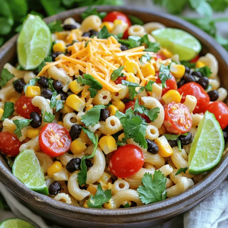 To create a tasty Cowboy Pasta Salad, gather these simple ingredients: - 12 oz elbow macaroni - 1 cup cooked black beans, rinsed and drained - 1 cup cherry tomatoes, halved - 1 cup corn (fresh, frozen, or canned) - 1 red bell pepper, diced - 1 cup diced cooked chicken breast (optional for extra protein) - 1/2 cup red onion, finely chopped - 1/2 cup cilantro, chopped - 1/3 cup olive oil - 1/4 cup lime juice - 1 teaspoon chili powder - 1 teaspoon garlic powder - Salt and pepper to taste - 1/2 cup shredded cheddar cheese (for topping) This salad is not just fun to eat; it is also good for you. It has a mix of carbs, protein, and healthy fats. The black beans give you fiber and protein, while the veggies add vitamins. Each serving has about 300 calories. You get a lot of nutrients with each bite! If you want to change things up, try these swaps: - Use whole wheat pasta instead of elbow macaroni for more fiber. - Swap black beans for kidney beans or chickpeas for a different taste. - Add in avocado for creaminess. - Leave out the chicken for a vegetarian version. These swaps keep the spirit of Cowboy Pasta Salad while adding your personal touch! For the full recipe, check out the detailed steps above. First, grab a large pot. Fill it with water and add a pinch of salt. Bring the water to a boil. Once boiling, add the elbow macaroni. Cook it according to the package instructions, usually about 8 to 10 minutes. Stir it often to prevent sticking. When it’s done, drain the pasta. Rinse it under cold water to cool it down. This stops the cooking process and helps keep the pasta firm. Now, take a big mixing bowl. Add the cooked macaroni to the bowl. Next, toss in the cooked black beans, halved cherry tomatoes, and corn. Chop the red bell pepper and add it too. If you want extra protein, add the diced cooked chicken breast. Then, finely chop the red onion and cilantro. Toss everything gently to mix the ingredients well. For the dressing, use a small bowl. Combine the olive oil, lime juice, chili powder, garlic powder, salt, and pepper. Whisk it all together until it’s smooth. This dressing gives the salad a zesty kick. Pour the dressing over the salad mix. Toss everything together gently until each piece is coated. Taste the salad and adjust the seasoning if needed. You might want more salt, pepper, or lime juice for extra zing. Once mixed, cover the salad and refrigerate for at least 30 minutes. This lets the flavors blend together. Before serving, sprinkle the shredded cheddar cheese on top. For the full recipe, check out the complete instructions. To get the most flavor in your Cowboy Pasta Salad, use fresh ingredients. Fresh herbs like cilantro add a bright taste. Lime juice gives a zesty kick. Always taste as you mix. If it needs more salt or lime, add it! You can also add spices to enhance the flavor. Try smoked paprika or cumin for a twist. Cook the macaroni until it is al dente. This keeps it firm and prevents mushiness. After cooking, rinse it with cold water. This stops the cooking and cools it down quickly. You can store the salad in the fridge for up to three days. Keep the cheese separate until serving. This keeps it fresh and prevents sogginess. Presentation matters! Serve the pasta salad in a large rustic bowl. This gives it a homey feel. For individual servings, use small cups. Top with extra cilantro and lime wedges. This not only looks nice but also adds fresh flavor. You want your Cowboy Pasta Salad to be as fun to look at as it is to eat! {{image_2}} To make a vegetarian version of Cowboy Pasta Salad, skip the chicken. You can add more beans or some diced avocado for creaminess. Extra veggies like zucchini or bell peppers work well, too. They bring color and a crunch. You still get a tasty meal loaded with nutrients. This option is great for anyone wanting to keep it meat-free. If you love heat, add jalapeños or diced hot peppers. You can also boost the chili powder to two teaspoons. For a smoky flavor, try smoked paprika instead. These changes make the salad zesty and exciting. Pair it with a cooling sauce, like sour cream or yogurt, to balance the spice. You can change the salad with the seasons. In summer, add diced cucumbers or fresh basil. In fall, use roasted butternut squash or apples for sweetness. Fresh herbs like parsley or dill can brighten every bite. These additions keep the salad fresh and fun throughout the year. For the full recipe, check the sections above for details on how to make this delicious dish! Store Cowboy Pasta Salad in an airtight container. This keeps it fresh and safe. Make sure to cover it tightly. Place it in the fridge right after serving. This helps prevent bacteria growth. The salad tastes even better after chilling for a bit. You can freeze Cowboy Pasta Salad, but the texture may change. If you want to freeze it, skip the cheese. Put the salad in a freezer-safe container. Be sure to leave some space at the top. The salad expands when it freezes. To enjoy it later, thaw it in the fridge overnight. Cowboy Pasta Salad stays fresh for about three to five days in the fridge. If frozen, it can last up to three months. However, for the best taste, eat it within one month. After that, the flavors may fade. Always check for any off smells or changes before eating. Enjoy that fresh flavor! Yes, you can make Cowboy Pasta Salad ahead of time. It tastes better after sitting for a while. The flavors mix and get stronger. Just keep it in the fridge. I recommend making it a few hours before serving. If you need to prepare it the day before, that works too. Just give it a good stir before serving to mix the flavors again. If you want to change the pasta, use any small pasta shape. Penne or fusilli works well. You can also try gluten-free pasta if you need it. Spiralized zucchini is a fun option for a low-carb twist. Just make sure it’s cooked or left raw, depending on your taste. To make Cowboy Pasta Salad gluten-free, swap the elbow macaroni for gluten-free pasta. Many brands make a great version that tastes just as good. Always check the labels to ensure it meets your needs. You can also skip the pasta entirely and use veggies like cucumber or bell peppers. Yes, adding protein is a great idea! You can use cooked chicken, shrimp, or even diced ham. For a vegetarian option, add chickpeas or more black beans. Tofu is also a great choice for a protein boost. Just mix it in with the other ingredients, and you’re good to go. For the full recipe, check out the earlier sections! This blog post covered how to make a tasty Cowboy Pasta Salad. We discussed the ingredients, step-by-step instructions, and storage tips. You can easily adapt this dish with fun variations. Remember, cooking is all about trying new things and enjoying the process. Whether you want to add veggies, change the protein, or spice it up, the choice is yours. Now, grab your ingredients and start creating a meal you’ll love!