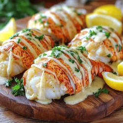 - 4 lobster tails - 1/2 cup unsalted butter - 6 cloves garlic, minced - 1/2 cup heavy cream When you make creamy garlic butter lobster tails, the main ingredients are key. The lobster tails give the dish its rich flavor. Unsalted butter adds a creamy base. Garlic brings a strong, savory punch, while heavy cream adds smoothness. Each ingredient works together to create a delightful taste that makes your meal special. - 1/4 teaspoon red pepper flakes - Salt and pepper to taste - 1 tablespoon fresh parsley, chopped - Lemon wedges for serving Now, let’s talk seasonings and garnishes. Red pepper flakes add just the right amount of heat. Salt and pepper enhance the flavors of the lobster and sauce. Fresh parsley not only looks good but also adds freshness. Finally, lemon wedges are perfect for a bright finish. They balance the rich sauce and make each bite shine. For the full recipe, you can check out Creamy Garlic Butter Lobster Tails. Each step is simple and fun, ensuring a delightful dinner experience! 1. Preheat your oven to 375°F (190°C). This step gets the oven ready for baking. 2. Take kitchen scissors and cut the top shell of the lobster tails lengthwise. Stop just before the end. Gently pull the meat upward. This process is called deveining the lobster. 1. In a large skillet over medium heat, melt the butter. This will create a rich base for your sauce. 2. Add the minced garlic to the melted butter. Sauté it for about 1-2 minutes until it smells great. Be careful not to burn the garlic. 3. Next, stir in the heavy cream and red pepper flakes. Mix well until everything is combined and warm. 4. Season your creamy mixture with salt and pepper to taste. Lower the heat and let it simmer gently for 2-3 minutes. This thickens the sauce just right. 5. Arrange the lobster tails in a baking dish. Spoon the creamy garlic butter sauce over each tail. Make sure to cover them evenly. 6. Bake in the preheated oven for 12-15 minutes. The lobster meat should look opaque and feel firm when done. 7. When cooked, take them out of the oven. Garnish with freshly chopped parsley for a pop of color. For the full recipe, follow the steps above to enjoy this delightful dish. To make your creamy garlic butter lobster tails even better, adjust the seasoning. Add more salt or pepper if you like bold flavors. You can also use fresh herbs such as parsley or basil for a brighter taste. Fresh ingredients really boost flavor. Always choose the freshest lobster tails you can find. Fresh garlic packs more punch than the jarred stuff. Do not overcook your lobster. This is key to a tender bite. When lobster is done, it should look opaque and feel firm. If you overcook it, the meat turns tough. Keep an eye on the baking time. You can also grill or broil the lobster if you want a smoky taste. These methods add a nice char that complements the garlic butter. For the full recipe, check out the detailed steps above and enjoy a delightful dinner! {{image_2}} You can play with flavors to make this dish your own. Adding fresh herbs like thyme or dill gives a bright note to the rich sauce. Just chop a tablespoon and mix it in when you add the cream. This makes each bite fresh and aromatic. For spice lovers, you can crank up the heat! Adding more red pepper flakes gives the dish a nice kick. Just be careful not to overdo it. Start with a pinch and taste as you go. This lets you find the perfect balance of heat and flavor. Presentation can elevate your meal. Serve the lobster tails on a large platter, surrounded by lemon wedges. This adds color and a zesty touch. Drizzle extra creamy garlic butter over the tails for a luxurious look. Sprinkle with fresh parsley for a pop of green. Pair your lobster tails with a glass of white wine. A crisp Chardonnay or a light Sauvignon Blanc complements the rich butter sauce. The wine’s acidity balances the flavors perfectly. Enjoy this delightful dinner with friends or family, and watch them be impressed! To keep lobster tails fresh, store them in the fridge. Place them in an airtight container. This helps keep out moisture and air. Use the leftover lobster within two days for the best taste. If you want to store them longer, freezing is a great option. For freezing, wrap each lobster tail in plastic wrap. Then put them in a freezer bag. Remove as much air as you can before sealing. This helps prevent freezer burn. You can store lobster tails in the freezer for up to three months. When it’s time to reheat leftover lobster tails, do it gently. You want to keep them juicy and tender. One method is to use the oven. Preheat your oven to 350°F (175°C). Place the lobster tails in a baking dish. Add a splash of water to keep them moist. Cover the dish with foil. Heat for about 10-15 minutes. You can also use the microwave. Place the lobster tails in a microwave-safe dish. Add a little butter or water. Cover with a damp paper towel. Heat on medium power for 1-2 minutes. Check often to avoid drying out the meat. For the best results, always reheat lobster tails slowly and carefully. This will help maintain their delicious flavor. How to choose fresh lobster tails? To pick fresh lobster tails, look for tails with a firm shell. The shell should feel hard and smooth. Check for a shiny appearance and no dark spots. Fresh tails will smell like the ocean, not fishy. Choose tails that are heavy for their size. Can I make this dish ahead of time? You can prepare the creamy garlic butter sauce in advance. Store it in the fridge for up to two days. When ready to serve, warm it up and cook the lobster tails. It’s best to cook the lobster fresh for the best taste. What sides pair well with creamy garlic butter lobster tails? Great sides include garlic bread, roasted vegetables, or a simple salad. You can also serve with rice or pasta. Lemon wedges add a nice touch to balance the richness of the lobster. How to prevent lobster from getting rubbery? To keep lobster tender, avoid overcooking. Cook lobster tails until they are just opaque. Use a meat thermometer; the internal temperature should reach 140°F (60°C). Cooking quickly at high heat helps too. Is it possible to make this recipe dairy-free? Yes, you can swap the butter and cream for vegan alternatives. Use plant-based butter and coconut cream for a rich flavor. This keeps the dish creamy while making it dairy-free. Now you know how to make creamy garlic butter lobster tails. We covered the key ingredients, cooking steps, and useful tips. Don’t forget to adjust your seasonings and play with flavors to fit your taste. This dish is special for a reason. It can impress anyone at your table. Store leftovers carefully and reheat them right to keep their flavor. Enjoy this treat on occasions, and share your delicious results with friends.